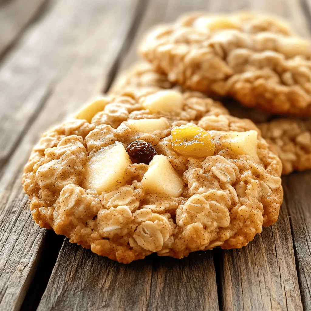 Oats give these cookies their chewy texture. I use 1 cup of rolled oats. They soak up moisture and add fiber. Whole wheat flour is my choice here. Using 1 cup helps to keep the cookies hearty. It also adds a nutty flavor that pairs well with apples. For sweetness, I use both brown and granulated sugar. I add 1/2 cup of brown sugar for that rich, caramel taste. Then, I mix in 1/4 cup of granulated sugar to balance it out. The butter is key too. I use 1/2 cup of softened unsalted butter. It makes the cookies tender and helps them spread nicely. One large egg binds everything together. It adds moisture and helps the cookies rise. The star of the show is the apple. I use one medium apple, peeled and diced, which is about 1 cup. This fresh fruit brings a burst of flavor and a bit of crunch. You can customize these cookies with add-ins. I like to add 1/2 cup of raisins or chopped walnuts. They add extra texture and taste. You can skip these if you prefer. Feel free to experiment with your favorite nuts or dried fruits! Start by preheating your oven to 350°F (175°C). This temperature helps the cookies bake evenly. While the oven heats, line your baking sheet with parchment paper. This helps to prevent sticking and makes cleanup easier. In a medium mixing bowl, combine the rolled oats, whole wheat flour, baking powder, baking soda, ground cinnamon, and salt. Use a whisk to mix them well. This step ensures that all dry ingredients blend nicely together. Set this bowl aside for later use. In a large bowl, add the softened butter, brown sugar, and granulated sugar. Use a mixer to cream these together until the mixture looks light and fluffy. This process adds air and helps the cookies rise. Next, crack in the egg and add the vanilla extract. Beat this mixture until it is smooth and well combined. Now it’s time to combine the dry and wet mixtures. Gradually add the dry mix to the wet mix. Stir gently until just combined. Be careful not to overmix, as this can make the cookies tough. Finally, fold in the diced apple and optional raisins or walnuts. This adds flavor and texture to your cookies. Using a tablespoon or a cookie scoop, drop rounded balls of dough onto the prepared baking sheet. Space them about 2 inches apart to allow room for spreading. Bake these cookies for 12-15 minutes. The edges should turn golden brown while the centers stay set. Once baked, remove the cookies from the oven. Let them cool on the baking sheet for about 5 minutes. This cooling time helps them firm up a bit. After that, transfer the cookies to a wire rack to cool completely. Enjoy your delicious apple cinnamon oatmeal cookies with a glass of milk or a cup of tea! To get the best texture, use rolled oats. They give the cookies a chewy bite. Mixing whole wheat flour creates a nice balance. If you want a softer cookie, add a bit more butter. For extra flavor, try to use fresh apples. The more apples, the more moisture and taste. Ground cinnamon adds warmth. You can also try a bit of nutmeg for a twist. For even baking, spread the dough balls apart. Leave about two inches between them on the baking sheet. This space helps the cookies expand without sticking. Rotate the baking sheet halfway through cooking. This step ensures all cookies bake evenly. Always check the cookies at the 12-minute mark. Look for golden edges and set centers. You can easily change ingredients to fit your needs. For gluten-free cookies, use gluten-free oats and flour. If you want a dairy-free option, swap butter for coconut oil or vegan butter. For a lower sugar version, reduce the brown sugar by half. You can also use applesauce instead of sugar for sweetness. If you’re nut-free, skip the walnuts or raisins. {{image_2}} You can make your cookies even better by adding some nuts or chocolate chips. Chopped walnuts or pecans add a nice crunch. They also bring in healthy fats. If you love chocolate, feel free to mix in some chocolate chips. Dark chocolate pairs well with apples and cinnamon. You can add about half a cup of either option. Just fold them into the dough before baking. This small change can make a big difference in taste! If you want to switch things up, try using other fruits. Pears work great as a substitute. They have a similar texture and flavor. You can also use dried fruits like cranberries or apricots. Just make sure to chop them into small pieces. This keeps the cookies from being too chewy. Using different fruits can lead to exciting new flavors. Experiment to find your favorite mix! For a healthier version, you can lower the sugar. You can cut the brown sugar to 1/4 cup and still have tasty cookies. You might also try using applesauce instead of some butter or sugar. This will keep cookies moist and flavorful. Another option is to use natural sweeteners like honey or maple syrup. Just remember to adjust the liquid in the recipe. With these changes, you can enjoy a guilt-free treat! After baking your apple cinnamon oatmeal cookies, let them cool. Place the cookies on a wire rack. This helps air circulate and prevents sogginess. Cooling takes about 5 minutes on the baking sheet. Then, transfer them to the rack. This keeps them from steaming and losing their crisp edges. Store your cooled cookies in an airtight container. This keeps them fresh and tasty. You can also use a zip-top bag. If you have multiple layers, place parchment paper between them. This prevents sticking. In a cool, dry place, they last about a week. For longer freshness, consider refrigeration. Freezing is a great way to save cookies. First, let them cool completely. Then, arrange the cookies in a single layer on a baking sheet. Freeze for about 1 hour. Once frozen, transfer them to a freezer-safe bag. They can last up to three months in the freezer. When you want one, just thaw it at room temperature. Enjoy fresh cookies anytime! Yes, you can use quick oats. Quick oats absorb moisture faster. This makes your cookies softer. However, rolled oats give a better texture and chewiness. If you want that nice bite, stick to rolled oats. Look for golden edges. The center should be set, not doughy. A slight press should leave a light mark, but it should spring back. This shows they are just right, not overbaked. Cut the butter into small cubes. Place it in a bowl. You can also put it in the microwave for 10 seconds. Just watch it closely. You want it soft, not melted. This helps it cream well with the sugars. These cookies last about a week at room temperature. Keep them in an airtight container. For longer storage, you can freeze them. They keep well for up to three months in the freezer. Just thaw before eating. In this post, we explored how to make delicious cookies using oats, flour, and apples. We discussed the steps for mixing, shaping, and baking these treats. I shared tips for perfecting texture and flavor, along with variations for your taste. Remember proper cooling and storage to keep them fresh longer. Now, you can enjoy these cookies your way. Baking should be fun and tasty, so get started!