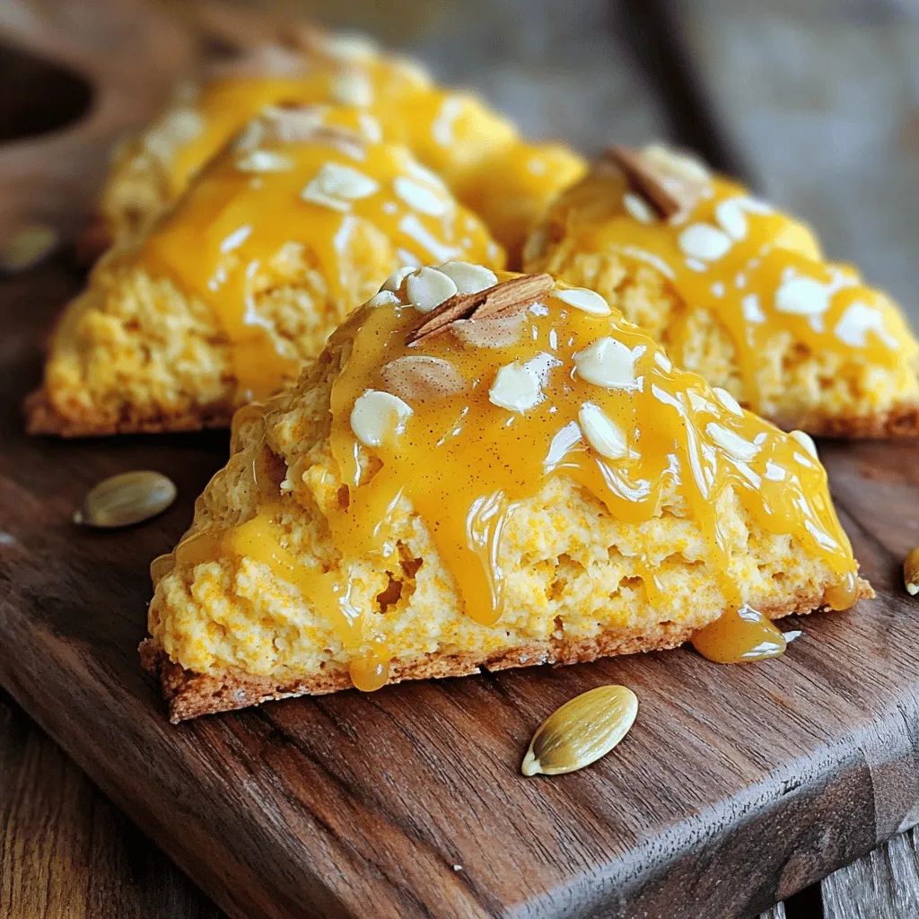 - 2 cups all-purpose flour - 1/2 cup brown sugar, packed - 1 tablespoon baking powder - 1/2 teaspoon baking soda - 1/2 teaspoon salt - 1 teaspoon pumpkin pie spice - 1/2 cup unsalted butter, cold and cubed - 1/2 cup pure pumpkin puree - 1/4 cup heavy cream - 1 large egg - 1 teaspoon vanilla extract - 1/2 cup powdered sugar (for glaze) - 2 tablespoons maple syrup (for glaze) Using precise measurements is key in baking. I recommend using a scale for the flour. If you want a sweeter scone, you can add more brown sugar. You can swap heavy cream with whole milk for a lighter version. For a dairy-free option, try coconut cream. The quality of your ingredients can change your scones. Fresh flour and pure pumpkin puree make a big difference. Use real maple syrup for the glaze. It adds depth and flavor. Fresh spices, like pumpkin pie spice, bring warmth. High-quality butter ensures a rich taste and flaky texture. Always aim for the best ingredients; they elevate your dish. Set your oven to 400°F (200°C). This temperature gives you perfect scones. Line a baking sheet with parchment paper. This helps keep the scones from sticking. In a large bowl, combine the dry ingredients. You need 2 cups of all-purpose flour, 1/2 cup of packed brown sugar, 1 tablespoon of baking powder, 1/2 teaspoon of baking soda, 1/2 teaspoon of salt, and 1 teaspoon of pumpkin pie spice. Whisk them together well. This mix gives your scones flavor and lift. In a different bowl, mix the wet ingredients. Start with 1/2 cup of pure pumpkin puree. Add 1/4 cup of heavy cream, 1 large egg, and 1 teaspoon of vanilla extract. Whisk until smooth. This mixture adds moisture and richness to the dough. Pour the wet mix into the dry ingredients. Stir gently until just combined. Be careful not to over-mix; this keeps the scones light. Turn the dough out onto a floured surface. Knead it a few times until it forms a ball. Pat the dough into a circle about 1-inch thick. Cut the dough into 8 wedges. Place them on the baking sheet with space between each. Bake for 15-20 minutes. They should be lightly golden. Use a toothpick to check; it should come out clean. While they bake, make the glaze by mixing 1/2 cup of powdered sugar and 2 tablespoons of maple syrup. Drizzle this over the scones once they cool slightly. Enjoy your tasty treat! To get a soft and flaky scone, use cold butter. Cold butter helps create layers. Cut the butter into small cubes before adding it to the flour mix. Mix until it looks like coarse crumbs. This way, your scones will not end up dense. Mix the wet and dry ingredients just until combined. If you mix too much, the dough can become tough. You want to see some flour bits in the dough. Gently knead it on a floured surface to bring it together. This keeps your scones light and airy. When making the glaze, whisk the maple syrup and powdered sugar together well. Make sure there are no lumps. Drizzle the glaze over the scones while they are still warm. This helps the glaze stick better and gives a nice shine. For a pretty touch, add a sprinkle of cinnamon or some roasted pumpkin seeds on top. {{image_2}} You can add nuts or chocolate chips to your scones for extra flavor. Chopped walnuts or pecans add a nice crunch. Use about 1/2 cup of nuts to keep the balance. If you love chocolate, try dark or milk chocolate chips. They melt and create a sweet surprise in each bite. Just fold them into the dough before you cut it into wedges. Switching up the spices can change the whole vibe of your scones. Instead of pumpkin pie spice, try cinnamon or nutmeg for a different taste. If you want to get fancy, add a pinch of cardamom or ginger for warmth. You can also mix in some orange zest for a fresh twist. These small changes can make your pumpkin scones feel new each time. If you need a gluten-free option, don’t worry! You can use a gluten-free all-purpose flour blend. Just make sure it has xanthan gum for the best texture. The rest of the recipe stays the same. Your scones will still be delicious and soft. Enjoy the same great taste without the gluten! To keep your maple glazed pumpkin scones fresh, store them properly. Place the scones in an airtight container. This helps keep them moist and soft. Add a layer of parchment paper between layers if needed. You can store them at room temperature for up to two days. If you want to keep them longer, use the fridge. They stay fresh for about a week when refrigerated. Reheating your scones is easy and quick. Preheat your oven to 350°F (175°C). Place the scones on a baking sheet. Heat them for about 5 to 10 minutes. This will bring back their warmth and softness. You can also use the microwave. Heat them for about 15 to 20 seconds. Just be careful not to overheat them, or they may dry out. Freezing scones is a great way to save some for later. First, let the scones cool completely. Then, wrap each scone in plastic wrap. Place the wrapped scones in a freezer bag. They can last up to three months in the freezer. When you’re ready to eat, thaw them overnight in the fridge. Reheat them in the oven or microwave before serving. Enjoy your tasty treat anytime! Yes, you can make these scones ahead of time. Prepare the dough and cut it into wedges. Place the cut scones on a baking sheet and freeze them. Once they are frozen, transfer them to a bag. When you are ready to bake, no need to thaw. Just bake them for a few extra minutes. If you need a substitute for heavy cream, use milk mixed with butter. Combine 1/4 cup of milk with 2 tablespoons of melted butter. This mix will mimic the fat content of heavy cream. You can also use half-and-half or a non-dairy milk if you prefer. Check the scones after 15 minutes of baking. They should be lightly golden on top. Insert a toothpick into the center. If it comes out clean, your scones are done. If it has wet dough on it, bake a few more minutes. These scones pair well with many things. Serve them with butter or cream cheese for added richness. A cup of warm tea or coffee makes a great drink choice. For a fun twist, try them with apple butter or a dollop of whipped cream. You learned about the key ingredients and methods to make scones that taste great. Remember, using high-quality ingredients matters. Follow the steps given to mix the wet and dry parts well. Use the tips for texture and glaze to make your scones shine. Explore variations like nuts or gluten-free options for fun twists. Finally, store leftovers properly to keep them fresh. Enjoy your baking journey and the delicious scones that come with it!
