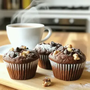 For these muffins, you will need the following ingredients: - 1 cup all-purpose flour - 1/2 cup cocoa powder - 1 teaspoon baking soda - 1/2 teaspoon salt - 3/4 cup granulated sugar - 1/4 cup brown sugar, packed - 1/2 cup unsweetened applesauce - 1/4 cup vegetable oil - 2 large eggs - 1 teaspoon vanilla extract - 1/2 cup brewed espresso, cooled (or strong coffee) - 1 cup chocolate chips (semi-sweet or dark) - 1/4 cup chopped walnuts (optional) The applesauce adds moisture and sweetness. The combination of granulated and brown sugar gives a rich flavor. If you enjoy nuts, chop up some walnuts for a nice crunch. When making these muffins, I recommend using quality brands. For flour, King Arthur Flour is a great choice. For cocoa powder, look for Ghirardelli or Hershey's. For chocolate chips, Guittard or Nestlé works well. If you need gluten-free options, use a gluten-free flour blend. For a vegan version, swap eggs for flax eggs and the applesauce can replace oil. Use a plant-based milk in place of dairy in your coffee. These changes keep the taste rich and delicious! For the full recipe, you can refer to the provided details. Start by preheating your oven to 350°F (175°C). This step is key for a good bake. Next, grab your muffin tin. You can line it with paper liners or simply grease each cup. This helps the muffins release easily. Now, let’s mix our dry ingredients. In a medium bowl, whisk together: - 1 cup all-purpose flour - 1/2 cup cocoa powder - 1 teaspoon baking soda - 1/2 teaspoon salt Make sure everything is well combined. In a separate large bowl, mix the wet ingredients. Add: - 3/4 cup granulated sugar - 1/4 cup brown sugar, packed - 1/2 cup unsweetened applesauce - 1/4 cup vegetable oil - 2 large eggs - 1 teaspoon vanilla extract - 1/2 cup brewed espresso, cooled Stir these until the mixture is smooth. Now, it’s time to bring the dry and wet ingredients together. Gradually add the dry mix to the wet mix. Stir gently until just combined. It’s okay if there are a few lumps. Do not overmix; this keeps the muffins soft. Next, we want to add chocolate chips. Fold in: - 1 cup chocolate chips (semi-sweet or dark) - 1/4 cup chopped walnuts (optional) Use a gentle folding technique. This helps maintain the muffins' fluffiness. Spoon the batter into your prepared muffin cups. Fill each cup about 2/3 full. This gives them room to rise. Bake in your preheated oven for 18-20 minutes. Check for doneness by inserting a toothpick into the center of a muffin. If it comes out clean, they are ready. After baking, allow the muffins to cool in the tin for 5 minutes. Then, transfer them to a wire rack to cool completely. This keeps the texture just right. For a special touch, serve warm with a dusting of powdered sugar and a small cup of espresso. Enjoy these treats from the full recipe! To make your double chocolate espresso muffins moist and fluffy, here are some key tips: - Use applesauce: This adds moisture without too much fat. - Don’t overmix: Mix until just combined to keep muffins light. - Room temperature eggs: These help create a better batter texture. Common baking mistakes can ruin your muffins. Here’s how to avoid them: - Check your oven temperature: An oven thermometer can help ensure accuracy. - Don’t skip the cooling: Let muffins cool in the pan for 5 minutes. This helps them set properly. - Use fresh ingredients: Old baking soda or expired cocoa powder can affect rise and flavor. Presentation can elevate your muffins. Here are some ideas: - Dust with powdered sugar: This adds a touch of elegance and sweetness. - Serve warm: Warm muffins taste best and melt the chocolate chips. Pairing your muffins with the right drink can enhance the experience: - Serve with espresso or strong coffee: The rich flavors complement each other. - Add a scoop of ice cream: This makes for a decadent dessert option. For the full recipe, check out the details above. {{image_2}} You can play with flavors in your Double Chocolate Espresso Muffins. Try using different types of chocolate to change the taste. For example, dark chocolate gives a rich, bold flavor. If you prefer something sweeter, go for white chocolate. You can also mix in chocolate chips with various cocoa percentages for added depth. Adding spices can elevate the flavor even more. A pinch of cinnamon can bring warmth. A splash of almond or mint extract can also create a unique twist. Just remember, a little goes a long way. Experiment to find your favorite combination! If you need gluten-free muffins, swap the all-purpose flour with a gluten-free blend. Many brands work well, but check for one that includes xanthan gum for the best texture. For a dairy-free option, use a plant-based milk in place of eggs. Unsweetened applesauce can also replace some of the fat while keeping the muffins moist. If you want to lower the sugar, try reducing the granulated sugar by a quarter cup. You can also substitute some sugar with a sugar substitute like stevia or monk fruit. Adjust according to your taste. Each change makes these muffins easier to enjoy for everyone! For the Full Recipe, check back to see how all these elements come together in a delicious bite. To keep your double chocolate espresso muffins fresh, store them in a cool place. You can use an airtight container. This will help keep moisture out and maintain flavor. If you want, you can line the container with a paper towel. This absorbs any excess moisture. For short-term storage, these muffins do well at room temperature. They can last up to three days this way. If you need to store them longer, consider refrigeration. Place them in the fridge for up to a week. Just remember to wrap them tightly to avoid drying out. Freezing is a great way to keep extra muffins. Start by letting them cool completely. This prevents ice crystals from forming. Once cool, wrap each muffin in plastic wrap. Then, place them in a freezer-safe bag. Make sure to squeeze out as much air as possible. This will keep them fresh for about three months. When you want to enjoy a frozen muffin, simply remove it from the bag. Let it thaw at room temperature for about an hour. If you're in a hurry, you can microwave it for about 20-30 seconds. This warms it up nicely without making it dry. Enjoy your delicious treat anytime! For the full recipe, check out the main article. How to make muffins rise higher? To help your muffins rise, use fresh baking soda. Also, make sure your oven is hot enough. Overmixing can make them dense, so mix gently. Filling muffin cups only two-thirds full also allows room for them to rise. Can I substitute brewed espresso with instant coffee? Yes, you can use instant coffee instead of brewed espresso. Just mix one tablespoon of instant coffee with two tablespoons of hot water to get a similar flavor. This swap keeps the coffee taste strong without the need for brewing. How long do these muffins last at room temperature? These muffins can last for about three days at room temperature. Store them in an airtight container to keep them fresh. If you want them to last longer, consider freezing them. What to do if muffins are too dense? If your muffins turn out dense, check your baking soda. Old or expired baking soda won't work well. Also, avoid overmixing the batter, as this can lead to a tough texture. How to tell when muffins are done baking? To check if your muffins are done, insert a toothpick in the center. If it comes out clean or with a few crumbs, they are ready. You can also gently press on the top; if it springs back, they are done. In this post, we explored how to make Double Chocolate Espresso Muffins. We covered the key ingredients and the best brands, along with helpful tips for perfecting your bake. You learned about storage methods and variations for dietary needs. Remember, the right techniques yield the best muffins. Enjoy experimenting with flavors and serving ideas. With practice, your muffins will impress everyone!