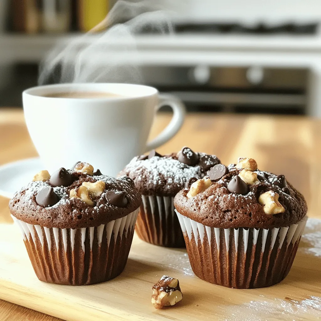 For these muffins, you will need the following ingredients: - 1 cup all-purpose flour - 1/2 cup cocoa powder - 1 teaspoon baking soda - 1/2 teaspoon salt - 3/4 cup granulated sugar - 1/4 cup brown sugar, packed - 1/2 cup unsweetened applesauce - 1/4 cup vegetable oil - 2 large eggs - 1 teaspoon vanilla extract - 1/2 cup brewed espresso, cooled (or strong coffee) - 1 cup chocolate chips (semi-sweet or dark) - 1/4 cup chopped walnuts (optional) The applesauce adds moisture and sweetness. The combination of granulated and brown sugar gives a rich flavor. If you enjoy nuts, chop up some walnuts for a nice crunch. When making these muffins, I recommend using quality brands. For flour, King Arthur Flour is a great choice. For cocoa powder, look for Ghirardelli or Hershey's. For chocolate chips, Guittard or Nestlé works well. If you need gluten-free options, use a gluten-free flour blend. For a vegan version, swap eggs for flax eggs and the applesauce can replace oil. Use a plant-based milk in place of dairy in your coffee. These changes keep the taste rich and delicious! For the full recipe, you can refer to the provided details. Start by preheating your oven to 350°F (175°C). This step is key for a good bake. Next, grab your muffin tin. You can line it with paper liners or simply grease each cup. This helps the muffins release easily. Now, let’s mix our dry ingredients. In a medium bowl, whisk together: - 1 cup all-purpose flour - 1/2 cup cocoa powder - 1 teaspoon baking soda - 1/2 teaspoon salt Make sure everything is well combined. In a separate large bowl, mix the wet ingredients. Add: - 3/4 cup granulated sugar - 1/4 cup brown sugar, packed - 1/2 cup unsweetened applesauce - 1/4 cup vegetable oil - 2 large eggs - 1 teaspoon vanilla extract - 1/2 cup brewed espresso, cooled Stir these until the mixture is smooth. Now, it’s time to bring the dry and wet ingredients together. Gradually add the dry mix to the wet mix. Stir gently until just combined. It’s okay if there are a few lumps. Do not overmix; this keeps the muffins soft. Next, we want to add chocolate chips. Fold in: - 1 cup chocolate chips (semi-sweet or dark) - 1/4 cup chopped walnuts (optional) Use a gentle folding technique. This helps maintain the muffins' fluffiness. Spoon the batter into your prepared muffin cups. Fill each cup about 2/3 full. This gives them room to rise. Bake in your preheated oven for 18-20 minutes. Check for doneness by inserting a toothpick into the center of a muffin. If it comes out clean, they are ready. After baking, allow the muffins to cool in the tin for 5 minutes. Then, transfer them to a wire rack to cool completely. This keeps the texture just right. For a special touch, serve warm with a dusting of powdered sugar and a small cup of espresso. Enjoy these treats from the full recipe! To make your double chocolate espresso muffins moist and fluffy, here are some key tips: - Use applesauce: This adds moisture without too much fat. - Don’t overmix: Mix until just combined to keep muffins light. - Room temperature eggs: These help create a better batter texture. Common baking mistakes can ruin your muffins. Here’s how to avoid them: - Check your oven temperature: An oven thermometer can help ensure accuracy. - Don’t skip the cooling: Let muffins cool in the pan for 5 minutes. This helps them set properly. - Use fresh ingredients: Old baking soda or expired cocoa powder can affect rise and flavor. Presentation can elevate your muffins. Here are some ideas: - Dust with powdered sugar: This adds a touch of elegance and sweetness. - Serve warm: Warm muffins taste best and melt the chocolate chips. Pairing your muffins with the right drink can enhance the experience: - Serve with espresso or strong coffee: The rich flavors complement each other. - Add a scoop of ice cream: This makes for a decadent dessert option. For the full recipe, check out the details above. {{image_2}} You can play with flavors in your Double Chocolate Espresso Muffins. Try using different types of chocolate to change the taste. For example, dark chocolate gives a rich, bold flavor. If you prefer something sweeter, go for white chocolate. You can also mix in chocolate chips with various cocoa percentages for added depth. Adding spices can elevate the flavor even more. A pinch of cinnamon can bring warmth. A splash of almond or mint extract can also create a unique twist. Just remember, a little goes a long way. Experiment to find your favorite combination! If you need gluten-free muffins, swap the all-purpose flour with a gluten-free blend. Many brands work well, but check for one that includes xanthan gum for the best texture. For a dairy-free option, use a plant-based milk in place of eggs. Unsweetened applesauce can also replace some of the fat while keeping the muffins moist. If you want to lower the sugar, try reducing the granulated sugar by a quarter cup. You can also substitute some sugar with a sugar substitute like stevia or monk fruit. Adjust according to your taste. Each change makes these muffins easier to enjoy for everyone! For the Full Recipe, check back to see how all these elements come together in a delicious bite. To keep your double chocolate espresso muffins fresh, store them in a cool place. You can use an airtight container. This will help keep moisture out and maintain flavor. If you want, you can line the container with a paper towel. This absorbs any excess moisture. For short-term storage, these muffins do well at room temperature. They can last up to three days this way. If you need to store them longer, consider refrigeration. Place them in the fridge for up to a week. Just remember to wrap them tightly to avoid drying out. Freezing is a great way to keep extra muffins. Start by letting them cool completely. This prevents ice crystals from forming. Once cool, wrap each muffin in plastic wrap. Then, place them in a freezer-safe bag. Make sure to squeeze out as much air as possible. This will keep them fresh for about three months. When you want to enjoy a frozen muffin, simply remove it from the bag. Let it thaw at room temperature for about an hour. If you're in a hurry, you can microwave it for about 20-30 seconds. This warms it up nicely without making it dry. Enjoy your delicious treat anytime! For the full recipe, check out the main article. How to make muffins rise higher? To help your muffins rise, use fresh baking soda. Also, make sure your oven is hot enough. Overmixing can make them dense, so mix gently. Filling muffin cups only two-thirds full also allows room for them to rise. Can I substitute brewed espresso with instant coffee? Yes, you can use instant coffee instead of brewed espresso. Just mix one tablespoon of instant coffee with two tablespoons of hot water to get a similar flavor. This swap keeps the coffee taste strong without the need for brewing. How long do these muffins last at room temperature? These muffins can last for about three days at room temperature. Store them in an airtight container to keep them fresh. If you want them to last longer, consider freezing them. What to do if muffins are too dense? If your muffins turn out dense, check your baking soda. Old or expired baking soda won't work well. Also, avoid overmixing the batter, as this can lead to a tough texture. How to tell when muffins are done baking? To check if your muffins are done, insert a toothpick in the center. If it comes out clean or with a few crumbs, they are ready. You can also gently press on the top; if it springs back, they are done. In this post, we explored how to make Double Chocolate Espresso Muffins. We covered the key ingredients and the best brands, along with helpful tips for perfecting your bake. You learned about storage methods and variations for dietary needs. Remember, the right techniques yield the best muffins. Enjoy experimenting with flavors and serving ideas. With practice, your muffins will impress everyone!