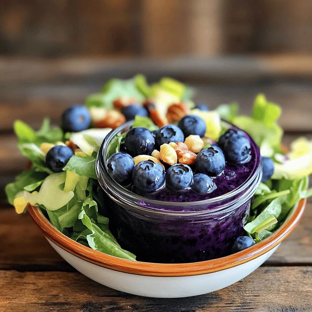 To make a tasty blueberry vinaigrette, you need just a few simple items: - 1 cup fresh blueberries - 1/4 cup apple cider vinegar - 1/4 cup extra virgin olive oil - 2 tablespoons honey or maple syrup - 1 teaspoon Dijon mustard - Salt and pepper to taste These ingredients create a balance of sweet and tangy flavors. The blueberries add a fruity twist, while the vinegar gives it a nice zing. The olive oil brings it all together and makes the dressing smooth. You can get creative with your vinaigrette by adding these extra ingredients: - Fresh herbs (e.g., basil, mint) - Citrus juice (like lemon or orange) - Additional sweeteners (agave syrup) Using fresh herbs can boost flavor. A splash of citrus juice brightens it up. If you like it sweeter, try agave syrup. These optional add-ins let you make this vinaigrette your own. For the full recipe, check out the details above. Enjoy making your own blueberry vinaigrette! - Blending the Base Ingredients Start by gathering your fresh blueberries, apple cider vinegar, honey or maple syrup, and Dijon mustard. Place these in a blender or food processor. Blend them until they become smooth and creamy, which takes about 30 seconds. This base creates a sweet and tangy flavor that shines in the vinaigrette. - Emulsifying with Olive Oil Next, keep the blender running. Slowly drizzle in the extra virgin olive oil. This step is key to making your vinaigrette creamy. The oil helps blend all the flavors together. Blend until the oil is fully mixed in, and the vinaigrette looks smooth and thick. - Adding Seasoning Now, it’s time to taste your creation. Add salt and pepper to suit your taste. A pinch of salt enhances the sweetness of the blueberries. If you want a bit more sweetness, feel free to add more honey or maple syrup. - Adjusting the Consistency If your vinaigrette feels too thick, add a tablespoon of water. Blend again until you reach your desired thickness. This adjustment ensures your vinaigrette pours easily over your salads. - Refrigeration Time Transfer your vinaigrette to a jar or an airtight container. It’s best to refrigerate it for at least 30 minutes. This time allows the flavors to meld and develop. After chilling, your vinaigrette will be fresh and flavorful, ready to elevate any dish. For the full recipe, refer to the earlier section. To make a smooth blend, use a high-speed blender. It makes the berries creamy. If you want a chunkier texture, blend for a shorter time. Adding the olive oil slowly helps it mix well. This creates a nice, thick vinaigrette. If the vinaigrette is too thick, add a tablespoon of water. Blend again until it reaches your preferred consistency. You can also add more vinegar for a tangy kick. Finding the right balance of sweetness and acidity is key. Start with the honey or maple syrup. Taste it after blending. If it’s too sweet, add more vinegar. If it’s too tangy, add more sweetener. Fresh blueberries give the best flavor. You can use frozen blueberries if fresh ones are not available. Just thaw them first. Frozen berries may make the vinaigrette a bit watery. You can adjust sweetness and acidity to fix this. This easy blueberry vinaigrette recipe shines with fresh ingredients. Check out the Full Recipe for more details! {{image_2}} You can change the taste of your blueberry vinaigrette by using other fruits. - Raspberry Vinaigrette: Swap blueberries for fresh raspberries. Use the same amounts as in the original recipe. Raspberries add a tangy and sweet flavor. This change makes the vinaigrette bright and lively. - Strawberry Basil Vinaigrette: Replace blueberries with fresh strawberries. Add a few fresh basil leaves for a twist. The sweetness of strawberries blends well with the herbal notes of basil. This mix gives your salad a fresh, summer vibe. You can serve your blueberry vinaigrette in many tasty ways. - Salad Pairings: This vinaigrette works great with mixed greens. Try it on a salad with spinach, arugula, and goat cheese. The sweet and tangy flavors enhance the salad's taste. You can also add nuts for some crunch. - Drizzling Over Grilled Proteins: Use this vinaigrette on grilled chicken or fish. The fruity taste adds a nice contrast to the savory proteins. It brings a summer flair to your meals. Try these variations and serving ideas to enjoy your Easy Blueberry Vinaigrette even more! For the full recipe, check out the Fruity Blueberry Bliss Vinaigrette section. To keep your blueberry vinaigrette fresh, use an airtight container. Glass jars work great, as they seal tightly. Keep it in the fridge right after you make it. This way, you will keep the flavors bright and tasty. The shelf life in the refrigerator is about one week. If you notice any changes in color or smell, toss it out. Always trust your senses when it comes to food safety. You can freeze your blueberry vinaigrette if you want to store it longer. Pour the vinaigrette into ice cube trays. This makes it easy to use just a little at a time. Cover the tray with plastic wrap to avoid freezer burn. To thaw the vinaigrette, simply take out a cube and place it in the fridge overnight. You can also leave it at room temperature for a couple of hours. Once thawed, give it a good shake or stir. Then, enjoy it on your salads or dishes! Can I make this vinaigrette vegan? Yes, you can! To make this vinaigrette vegan, simply replace honey with maple syrup. This keeps the sweetness without any animal products. How long can I keep the vinaigrette in the fridge? You can store the vinaigrette in the fridge for up to one week. Make sure to keep it in an airtight container for the best flavor. What can I substitute for Dijon mustard? If you don't have Dijon mustard, try using whole grain mustard or yellow mustard. Each will give a different taste, but they still work well. Is it good for marinating? Absolutely! This vinaigrette makes a great marinade for chicken or tofu. The fruity flavor adds a nice touch to your dishes. Can I use other fruits in this vinaigrette? Yes! You can swap out blueberries for other fruits like raspberries or strawberries. Each fruit will change the taste but keep it fresh and fruity. For the full recipe, check out the Fruity Blueberry Bliss Vinaigrette. You learned how to make easy blueberry vinaigrette in this blog post. We covered the ingredients, preparation steps, and tips for the best results. You can mix and match flavors and store your vinaigrette for later use. This recipe is simple yet tasty, perfect for salads or grilled dishes. I encourage you to try different fruits or herbs as well. Enjoy creating your unique vinaigrette that suits your taste.