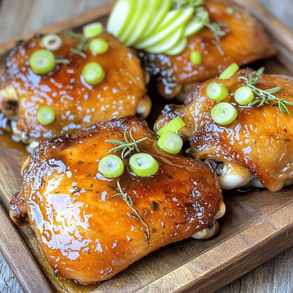 To make Apple Cider Glazed Chicken Thighs, you will need the following fresh ingredients: - 4 chicken thighs, skin-on and bone-in - 1 cup apple cider - 2 tablespoons apple cider vinegar - 2 tablespoons honey - 1 tablespoon Dijon mustard - 3 cloves garlic, minced - 1 teaspoon fresh thyme leaves - Salt and pepper to taste - 1 tablespoon olive oil - Sliced green onions for garnish Each ingredient plays a key role in the dish. The chicken thighs provide a juicy base, while the apple cider gives a sweet and tangy flavor. Apple cider vinegar adds zest, and honey brings a rich sweetness. The Dijon mustard gives depth, and garlic adds a savory touch. Fresh thyme adds aroma, making the dish fragrant. Salt and pepper enhance all the flavors, and olive oil helps with cooking. Finally, green onions add a fresh crunch when you serve the dish. Gather these ingredients before starting to create a delicious meal that will impress anyone! First, I dry the chicken thighs. I use paper towels to soak up any moisture. This step is key for crispy skin. After drying, I season both sides well with salt and pepper. Don't skimp on seasoning; it enhances the flavor. To get that perfect crisp, let the chicken rest at room temperature for about 15 minutes. This helps the skin to fry nicely. Next, I make the glaze. In a mixing bowl, I combine: - 1 cup apple cider - 2 tablespoons apple cider vinegar - 2 tablespoons honey - 1 tablespoon Dijon mustard - 3 cloves garlic, minced - 1 teaspoon fresh thyme leaves - Salt and pepper to taste I whisk these ingredients together until smooth. Whisking well is important. It helps the flavors blend perfectly for that tasty sauce. Now, I heat olive oil in a large skillet over medium-high heat. When the oil is hot, I add the chicken thighs skin-side down. I sear them for 4-5 minutes. This creates a beautiful golden crust. After that, I flip the chicken and sear the other side for 3 minutes. Keeping the heat steady is key; it helps to avoid burning. Once seared, I pour the apple cider glaze over the chicken. I reduce the heat to medium and let it simmer gently. I cover the skillet with a lid and lower the heat. I let the chicken cook for about 25-30 minutes. The internal temperature should reach 165°F (75°C). I check it with a meat thermometer. If needed, I baste the chicken halfway through for extra flavor. After cooking, I remove the chicken and let it rest for a few minutes. Then, I crank up the heat to medium-high. I let the glaze bubble for another 5 minutes. This thickens the sauce and enhances the flavor. I make sure to stir it to avoid burning. For plating, I arrange the chicken thighs on a serving platter. I drizzle the thickened glaze over the chicken. To finish, I garnish with sliced green onions. They add a nice pop of color and flavor. I love serving this dish with roasted vegetables or a fresh salad. It makes for a complete meal. - Overcooking chicken thighs: This leads to dry meat. Always check the internal temperature. Aim for 165°F (75°C). - Using low-quality apple cider: Choose a good cider for the best flavor. High-quality cider makes a big difference. - Adding spices or herbs: Try adding a pinch of cinnamon or nutmeg for warmth. Fresh herbs like rosemary can also brighten the dish. - Techniques for achieving balance in sweetness and acidity: Use apple cider vinegar to cut through sweetness. This adds a nice zing to the glaze. - Skillet recommendations: A cast-iron skillet works best. It retains heat and gives a nice sear. - Other kitchen gadgets for efficiency: A meat thermometer ensures you cook the chicken perfectly. Use a whisk to blend your glaze smoothly. {{image_2}} You can switch the chicken thighs for chicken breasts. Chicken breasts cook faster, so watch the time. They will still soak up that tasty glaze. If you want a different flavor, try turkey thighs. They have a rich taste that pairs well with apple cider too. Pork can also work. Pork thighs offer a unique twist and a juicy texture. To change the taste, add fruits like cranberries. Their tartness adds a nice balance to the sweet glaze. You can also use apple slices for a fruity touch. Incorporate spices for heat. A pinch of cayenne or red pepper flakes can spice things up. Fresh ginger can bring warmth and a zingy flavor. If you want a lighter dish, lower the sugar content. You can reduce the honey or use a sugar substitute. Maple syrup is a great alternative too. It adds a rich, sweet flavor without all the sugar. Consider using agave nectar as another option. It has a lower glycemic index and tastes great in glazes. To store leftover apple cider glazed chicken, let it cool first. Place the chicken in an airtight container. This helps keep it fresh and tasty. If you have extra glaze, store it in a separate container. Glass or plastic containers work best. They keep the chicken moist and flavorful. When reheating, use a skillet over low heat. This method keeps the chicken juicy. Add a splash of water or leftover glaze to maintain moisture. Cover the skillet with a lid to trap steam. It helps to warm the chicken evenly. Avoid using the microwave, as it can dry the chicken out. You can freeze cooked apple cider glazed chicken for later use. Let the chicken cool completely, then wrap it tightly in plastic wrap. Place it in a freezer bag or container. Make sure to remove as much air as possible. When ready to eat, thaw the chicken in the fridge overnight. This ensures it stays juicy and flavorful. To check if the chicken is fully cooked, use a meat thermometer. Insert it into the thickest part of the thigh. The internal temperature should reach 165°F (75°C). This temperature ensures the chicken is safe to eat. If you don’t have a thermometer, check that the juices run clear. No pink should appear near the bone. Yes, you can make this recipe in advance. Marinate the chicken overnight for better flavor. Mix the glaze ingredients and coat the chicken. Cover and refrigerate it. This helps the flavors soak in. When you are ready to cook, remove the chicken from the fridge. Let it sit for about 30 minutes before cooking. Apple cider glazed chicken thighs pair well with many sides. Some great options include: - Roasted vegetables like carrots and Brussels sprouts - Creamy mashed potatoes - A fresh green salad with vinaigrette - Rice or couscous for added texture These sides balance the sweet and savory notes of the chicken. You can use apple juice, but the flavor will change. Apple cider has a richer, deeper taste. It also adds more complexity to the glaze. Apple juice is sweeter and lighter. If you use juice, consider adding a splash of vinegar. This helps mimic the cider’s tangy flavor. You learned how to make apple cider glazed chicken thighs. We covered ingredients, cooking steps, and helpful tips. Remember to dry and season the chicken for the best crisp. Use quality ingredients for the glaze to enhance flavor. Try variations like different meats or fruits to make this dish your own. Store leftovers properly, and reheat mindfully to keep it juicy. With these tips, you can create a delicious meal that impresses everyone. Enjoy this flavorful journey and share your creations with friends!