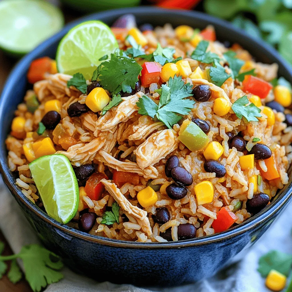 - 1.5 lbs boneless, skinless chicken thighs - 1 cup brown rice, rinsed - 1 can (15 oz) black beans, drained and rinsed - 1 can (15 oz) corn, drained - 1 bell pepper, diced - 1 small onion, chopped - 2 cloves garlic, minced - 1 can (14.5 oz) diced tomatoes with green chilies - 2 cups chicken broth The heart of this dish is the chicken thighs. They stay juicy and tender. Brown rice adds a nutty flavor and texture. Black beans and corn bring sweetness and protein. A diced bell pepper gives a fresh crunch, while onions and garlic add depth. The diced tomatoes add moisture and a mild heat that ties it all together. - 2 teaspoons chili powder - 1 teaspoon cumin - 1 teaspoon smoked paprika - Salt and pepper to taste These spices create a warm and inviting flavor. Chili powder gives heat, while cumin adds earthiness. Smoked paprika brings a subtle smokiness. Salt and pepper enhance all the taste notes in this dish. - Fresh cilantro for garnish - Lime wedges for serving Fresh cilantro adds a pop of color and flavor. Lime wedges give a zesty finish, brightening every bite. For the full recipe, check out the complete instructions to create this comforting meal. - Season the chicken thighs with salt, pepper, chili powder, cumin, and smoked paprika. - Place the seasoned chicken at the bottom of the crock pot. - Add the rinsed brown rice on top of the chicken, spreading it evenly. - Layer the black beans, corn, diced bell pepper, chopped onion, and minced garlic over the rice. - Pour the diced tomatoes and chicken broth over all the ingredients. - Cover the crock pot and cook on low for 6-7 hours or on high for 3-4 hours. - Shred the chicken with two forks and stir the ingredients before serving. This method creates a rich and flavorful dish. It’s simple and perfect for busy days. For the complete recipe, check the Full Recipe section. - Ensure the rice is fully submerged in the broth for even cooking. This helps the rice absorb all the flavors. If the rice is not covered, it may not cook well. - Use fresh spices for a more robust flavor. Fresh spices bring out the best taste in your dish. I always prefer to grind my spices just before use. - Serve with lime wedges for added zest. A squeeze of lime brightens the dish and enhances the flavors. It adds a fresh kick that pairs well with the chicken and rice. - Pair with a fresh salad for a complete meal. A crisp salad complements the warmth of the dish. I love a simple mix of greens with a light vinaigrette. - For a creamier texture, add a splash of cream or sour cream before serving. This gives the dish a rich, smooth finish. Stir it in just before you serve to keep it fresh and delicious. For the full recipe, check the details to make this flavorful dish come to life! {{image_2}} You can change up the main ingredients for a different taste. Substitute chicken thighs with chicken breasts for a leaner option. This swap reduces fat but keeps the dish tasty. If you prefer a gluten-free meal, use quinoa instead of brown rice. Quinoa cooks faster and adds a nice nutty flavor. To kick up the heat, add jalapeños. Diced fresh ones can really spice things up. You can also include different vegetables like zucchini or spinach. These veggies add color and nutrition without changing the dish too much. If you're in a hurry, try using an Instant Pot. This method cooks the dish faster, so you can enjoy your meal sooner. Alternatively, you can use a stovetop method if a crock pot is not available. Just keep an eye on the rice and chicken to ensure they cook evenly. For the full recipe, check out the details above. Store leftovers in an airtight container in the fridge for up to 3-4 days. This keeps the flavors fresh and tasty. When packed well, it stays safe from spoilage. Always let the dish cool before sealing it. This helps avoid condensation inside the container. Transfer to freezer-safe containers and freeze for up to 2-3 months. It’s best to use smaller portions for easy thawing. Leave a little space at the top of the container. This allows for expansion as the meal freezes. Label each container with the date. This way, you can track how long it's been in the freezer. Reheat in the microwave or on the stovetop, adding a splash of broth if needed to revive moisture. Stir the dish well to heat evenly. If it seems dry, adding broth helps bring back the original texture. Make sure it's steaming hot before serving. This ensures safety and enhances the taste. Yes, you can use frozen chicken thighs, though it may require a longer cooking time. When you add frozen chicken to the crock pot, be sure to check that it cooks fully. It may take an extra hour or so. This is a great way to save time on prep. Add extra chili powder or diced jalapeños during the cooking process. If you love heat, try using a bit more spice than the recipe calls for. You can also sprinkle some red pepper flakes before serving. This will give your dish a nice kick! This dish pairs well with cornbread, tortilla chips, or a side salad. Cornbread adds a sweet touch, while tortilla chips give you crunch. A fresh salad can balance the meal with coolness. These sides make your meal even more enjoyable. Yes, if you use gluten-free chicken broth and ensure no cross-contamination occurs. Always check labels on canned ingredients. This way, you can enjoy a hearty meal without any gluten worries. This blog post shared a simple and tasty Crock Pot Southwest Chicken and Rice recipe. You learned how to layer ingredients and spices for a flavorful meal. Remember to enjoy your dish with lime and fresh cilantro for extra taste. You can even switch up ingredients to suit your needs. Whether you choose to refrigerate, freeze, or reheat your leftovers, this dish is versatile and easy to store. I hope this recipe brings joy and good food to your table. Happy cooking!