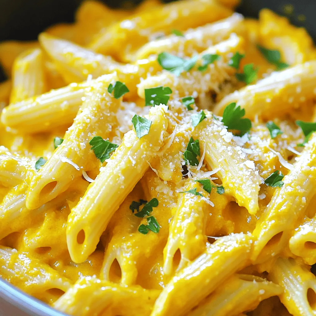 To make One-Pot Creamy Pumpkin Pasta, you need a few key ingredients. Each one adds to the dish's rich flavor and creamy texture. Here’s what you will need: - 12 oz pasta (penne or fusilli work well) - 2 cups pumpkin puree (canned or homemade) - 2 cups vegetable broth (or chicken broth for non-vegetarian) - 1 cup heavy cream (or coconut cream for a dairy-free option) - 1 cup grated Parmesan cheese (or nutritional yeast for a vegan option) - 2 cloves garlic, minced - 1 tsp dried thyme - 1 tsp dried sage - 1/2 tsp nutmeg - Salt and pepper to taste - 2 tablespoons olive oil - Fresh parsley for garnish These ingredients come together to create a dish that is both hearty and comforting. With pumpkin as the star, the flavors blend beautifully. You can easily adjust these ingredients based on your preferences. Enjoy the cooking process and make it your own! First, heat the olive oil in a large pot over medium heat. Once the oil is hot, add the minced garlic. Sauté the garlic for about 1-2 minutes. You want it fragrant but not burnt. Next, stir in the pumpkin puree. Mix it well with the garlic for about one minute. This step enhances the flavors. After that, pour in the vegetable broth and heavy cream. Add the dried thyme, sage, nutmeg, salt, and pepper. Stir until everything is well combined. Now, add your pasta into the pot. Bring the mixture to a gentle boil. Reduce the heat to a simmer and cover the pot. Cook for 12-15 minutes. Stir occasionally until the pasta is al dente and has absorbed most of the liquid. Once the pasta is cooked, remove the pot from heat. Stir in the grated Parmesan cheese. This makes the dish creamy. If the sauce is too thick, add a splash of vegetable broth. Adjust until you reach your desired consistency. To get that smooth, creamy texture, stir the pasta often. This helps the sauce coat each piece well. When the pasta cooks, it releases starch. This starch thickens the sauce and makes it rich. Keep tasting as you cook. You want to balance flavors with salt and pepper. Add more if needed to enhance the taste. You can switch out some ingredients for your needs. Use gluten-free pasta if you want a gluten-free dish. For a dairy-free option, try coconut cream instead of heavy cream. You can also swap Parmesan cheese for nutritional yeast for a vegan touch. Feel free to mix in herbs like rosemary or spices like chili flakes for a twist. Serve your pasta in wide, shallow bowls. This makes it look nice and inviting. For a beautiful finish, sprinkle more Parmesan on top. A drizzle of olive oil adds a glossy look. Finish with fresh parsley to bring color and freshness to the dish. This adds a nice touch to your cozy meal. {{image_2}} For a vegan twist, swap heavy cream for coconut cream. This change gives a rich taste without dairy. You can also use nutritional yeast instead of Parmesan. It adds a cheesy flavor while keeping it plant-based. The creamy texture remains intact, making it just as comforting. Want to make your meal heartier? Add cooked chicken, sausage, or tofu. These proteins blend well with pumpkin, creating a filling dish. Just stir them in after the pasta cooks. This simple step boosts flavor and nutrition. You can change this recipe with seasonal greens. Adding sautéed spinach or kale gives a fresh touch. These greens not only add color but also extra vitamins. For crunch, top with roasted nuts or seeds. They add a delightful texture and enhance the dish's flavor. You can store leftover creamy pumpkin pasta in the refrigerator. Place it in an airtight container. It will keep well for about 3 to 5 days. When you are ready to eat it again, reheat the pasta on the stove or in the microwave. If using the stove, add a splash of broth to keep it creamy. Stir often to heat it evenly. You can freeze this dish if you want to save it for later. Let the pasta cool down first. Then, place it in a freezer-safe container. Seal it tightly to avoid freezer burn. The pasta will stay good for about 2 to 3 months. When you want to eat it, thaw it overnight in the fridge. Reheat the pasta on the stove, adding a little broth if needed to restore creaminess. Yes, you can use fresh pumpkin. Start by roasting or steaming the pumpkin until soft. Then, blend it into a smooth puree. This adds a fresh taste to your dish. Just remember to use about the same amount as canned pumpkin. Penne and fusilli work great. They hold the sauce well. You can also try other short pastas. Just make sure to adjust the cooking time as needed. You can cook the pasta and sauce separately. Combine them just before serving. Keep the sauce in the fridge for up to three days. Reheat gently on the stove, adding a bit of broth to loosen it. Yes, but you need gluten-free pasta. There are many good options now. Just check the package to make sure. The rest of the ingredients are gluten-free. Absolutely! Add crushed red pepper flakes or cayenne pepper. Start with a small amount, then taste. This way, you can control the heat. You could also try adding spicy sausage for more flavor. This blog post covered a tasty creamy pumpkin pasta recipe. You learned about ingredients, including pasta, pumpkin puree, and spices. I shared step-by-step instructions to create the sauce and cook the pasta perfectly. You also discovered useful tips for texture, substitutions, and ways to present the dish beautifully. Overall, this recipe is flexible and easy. Feel free to make it your own. Enjoy experimenting with flavors and share this dish with others!