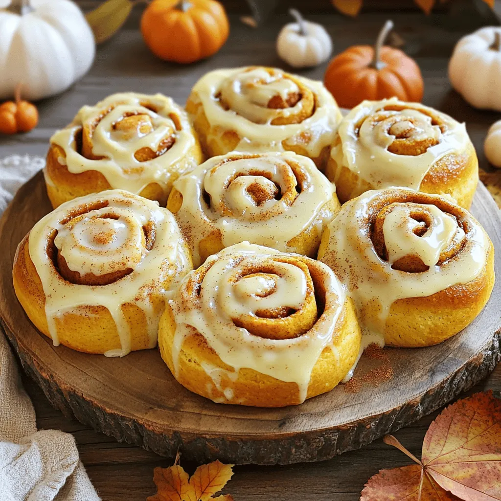 To make these delicious pumpkin cinnamon rolls, gather the following items: - 2 1/4 cups all-purpose flour (plus extra for dusting) - 1/2 cup pumpkin puree (canned or fresh) - 1/4 cup milk (warmed) - 1/4 cup granulated sugar - 1/4 cup unsalted butter, melted - 1 large egg - 1 tablespoon active dry yeast - 1/2 teaspoon salt - 1 tablespoon ground cinnamon - 1/2 teaspoon ground nutmeg - 1/4 teaspoon ground ginger - 1/4 cup packed brown sugar - 1/2 cup cream cheese (softened) - 1 cup powdered sugar - 1 teaspoon vanilla extract - 2 tablespoons milk (for icing) Not every ingredient needs to be exact! Here are some easy swaps: - Flour: Whole wheat flour can work well. - Pumpkin puree: You can use butternut squash puree. - Milk: Almond or oat milk are great dairy-free options. - Egg: A flax egg can replace a regular egg for vegan rolls. - Butter: Use coconut oil for a dairy-free version. Having the right tools makes baking easy and fun. Here’s what you’ll need: - Mixing bowls - Measuring cups and spoons - A rolling pin - A baking dish (9x13 inches works best) - A kitchen towel for covering the dough - An electric mixer (optional, but helpful for icing) - A knife or bench scraper for cutting rolls Start by mixing warm milk, sugar, and yeast in a small bowl. Let this sit for 5-10 minutes until it bubbles. In a large bowl, mix flour, pumpkin puree, melted butter, egg, and salt. Once the yeast mixture is frothy, add it to the large bowl. Stir until the dough forms. Knead the dough for 5-7 minutes until smooth and elastic. Place it in a greased bowl, cover with a towel, and let it rise in a warm place for about 1 hour or until it doubles in size. After the dough rises, punch it down. Roll it out on a floured surface into a rectangle about 12x18 inches. Spread softened butter over the dough. Mix brown sugar, cinnamon, nutmeg, and ginger together. Sprinkle this mixture evenly on the buttered dough. Roll the dough tightly from one long side to the other. Pinch the seams to seal it. Cut the rolled dough into 12 equal pieces. Place these rolls in a greased baking dish, cover, and let them rise for 30 minutes. Preheat your oven to 350°F (175°C). Bake the rolls in your preheated oven for 25-30 minutes or until golden brown. While they bake, prepare the cream cheese icing. Mix softened cream cheese, powdered sugar, vanilla extract, and 2 tablespoons of milk until smooth. After the rolls cool slightly, drizzle the icing over the warm rolls. Enjoy the amazing smell and taste! To get the best rise, you need warmth. Yeast loves a cozy space. I like to place my dough in a sunny spot. You can also turn on the oven for a minute, then turn it off. Place the dough inside. Cover it with a kitchen towel. This helps it rise well. A good rise makes the rolls fluffy and soft. Fluffy cinnamon rolls need just the right amount of kneading. Knead your dough for about 5-7 minutes. It should feel smooth and elastic when done. If the dough feels sticky, add a little extra flour. When rolling out the dough, keep it about 12x18 inches. This size helps create more layers. More layers mean fluffier rolls! For the best cream cheese icing, use soft cream cheese. Cold cream cheese is hard to mix. Combine softened cream cheese, powdered sugar, vanilla, and milk. Mix until smooth and creamy. Drizzle the icing over warm rolls. This makes it melt just right. If you want a thicker icing, add more powdered sugar. Enjoy the sweet touch it adds! {{image_2}} I love to enhance my pumpkin cinnamon rolls with nutmeg cream cheese icing. This icing adds a rich flavor. To make it, combine softened cream cheese, powdered sugar, vanilla, and milk. Mix until it's nice and smooth. Drizzle this icing over warm rolls for a delightful touch. The nutmeg in the icing pairs perfectly with the spices in the rolls. You get a burst of flavor in every bite. It’s a must-try for your brunch table! You can also add nuts or chocolate chips to your rolls. Chopped pecans or walnuts add a nice crunch. They give your rolls a new texture and flavor. If you prefer chocolate, semi-sweet chocolate chips work great. Just sprinkle them on the filling before you roll up the dough. You can even mix both nuts and chocolate for a fun twist. This small change makes a big difference in taste! Feel free to experiment with spices in your rolls. Instead of just cinnamon, try adding cardamom or allspice. They can give your rolls a unique flavor. You can also swap out the pumpkin puree for sweet potato or butternut squash. This can create a different taste experience while keeping it delicious. Each option brings its own charm, so don’t be afraid to get creative with your rolls! To keep your pumpkin cinnamon rolls fresh, store them in an airtight container. This protects them from air and moisture. You can also wrap them in plastic wrap or foil for extra safety. Store them at room temperature for up to 2 days. If you want them to last longer, keep them in the fridge for up to a week. Reheating your rolls is easy! Preheat your oven to 350°F (175°C). Place the rolls on a baking sheet. You can cover them with foil to keep them soft. Heat for about 10-15 minutes until warm. If you prefer a quick method, use the microwave. Heat them for about 15-20 seconds. Enjoy the warm, soft goodness! Freezing is a great option for these rolls. First, let them cool completely. Then, wrap each roll tightly in plastic wrap. Place the wrapped rolls in a freezer bag or container. They can last up to 3 months in the freezer. When you’re ready to eat, thaw them in the fridge overnight. Reheat as mentioned before for a fresh taste! Yes, you can use fresh pumpkin. Just make sure to cook and puree it well. Fresh pumpkin gives a great flavor. It may be a bit more watery than canned, so drain any excess liquid. This keeps your dough from getting too wet. To make these rolls vegan, swap out the egg and milk. Use a flaxseed egg or applesauce for the egg. Almond milk or oat milk works well instead of regular milk. Replace the butter with a vegan alternative. This will keep your rolls moist and delicious. If your dough doesn’t rise, check the yeast. It may be old or inactive. Make sure to use warm, not hot, milk when mixing. If it’s too hot, it can kill the yeast. You can also try letting the dough rise in a warmer spot. If all else fails, you can knead in a bit more flour to help it along. You now know the key ingredients and steps to create perfect cinnamon rolls. Remember the tips for dough rising and icing to ensure fluffy results. You can also experiment with fun variations like pumpkin rolls or adding nuts. When storing, keep leftovers fresh and tasty. With these insights, you can bake rolls everyone will love. Enjoy your baking journey and share your delicious results!
