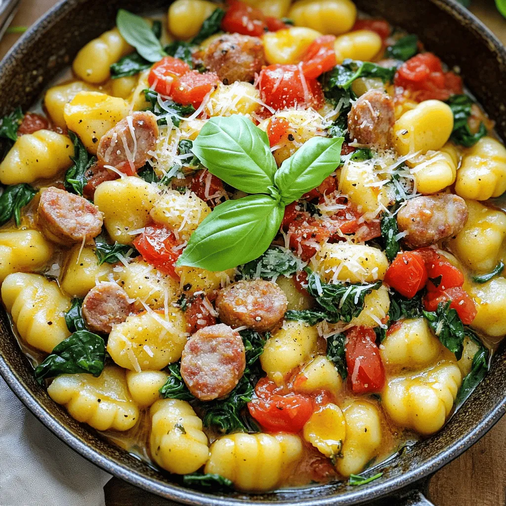 - 1 package (16 oz) potato gnocchi - 1 tablespoon olive oil - 1 medium onion, diced - 3 cloves garlic, minced - 1 pound Italian chicken sausage, casings removed - 1 can (14 oz) diced tomatoes, drained - 1 cup fresh spinach, roughly chopped - 1 teaspoon Italian seasoning - Salt and pepper to taste - 1/2 cup grated Parmesan cheese - Fresh basil leaves for garnish These ingredients create a warm, hearty dish. The potato gnocchi gives a soft texture, while the sausage adds rich flavor. Olive oil helps cook the onion and garlic, making them fragrant. The diced tomatoes bring a juicy element, while spinach adds freshness and color. Italian seasoning ties everything together for that classic taste. The grated Parmesan cheese on top melts beautifully, adding creaminess. - Additional spices (red pepper flakes, etc.) - Alternative proteins (e.g., turkey sausage) - Vegetable substitutions (e.g., kale or zucchini) If you like heat, add red pepper flakes. Turkey sausage works for a leaner option, while kale or zucchini can replace spinach. These choices make the dish fit different tastes. Feel free to mix and match based on what you have. Cooking is all about creativity and using what you enjoy! Sautéing the onion and garlic Start by heating 1 tablespoon of olive oil in a large skillet over medium heat. Add 1 medium diced onion to the hot oil. Sauté the onion until it is soft. This takes about 3 to 4 minutes. Next, stir in 3 cloves of minced garlic. Cook this for another minute until you smell a nice scent. Cooking the sausage Now, add 1 pound of Italian chicken sausage. Remove the sausage from its casing before you cook it. Use a spoon to break the sausage apart as it cooks. Cook this for about 5 to 7 minutes until it is nicely browned. Mixing in tomatoes and spinach After the sausage is browned, stir in 1 can of drained diced tomatoes and 1 cup of roughly chopped spinach. Add 1 teaspoon of Italian seasoning, and sprinkle in salt and pepper to taste. Let this mixture simmer for about 3 to 4 minutes. This helps the spinach wilt and warms everything up. Adding seasoning and simmering Make sure to taste the sauce and adjust the salt and pepper as needed. This step is key for flavor. Boiling and testing doneness While the sauce simmers, bring a pot of water to a boil. Add 1 package (16 oz) of potato gnocchi. Cook the gnocchi according to the package instructions. This usually takes about 2 to 3 minutes. Watch for the gnocchi to float to the top; this means they are done. Tossing gnocchi with the sauce Drain the cooked gnocchi and add them directly to the skillet with the sausage mixture. Gently toss everything together to combine. Heat through for a couple of minutes. Serve warm and enjoy! To get the best flavor from the sausage, choose high-quality Italian chicken sausage. Look for brands that use real herbs and spices. This will give your dish a rich and savory taste. Don’t forget to break the sausage into small bits while cooking. This helps it brown evenly and mix well with other flavors. To keep the gnocchi from sticking, make sure your water is at a rolling boil before adding them. Stir gently right after you add them. This will help prevent clumping. Also, avoid overcooking the gnocchi, as they can become mushy. They’re ready when they float! You can also bake this dish for a fun twist. After mixing the gnocchi with the sauce, transfer everything to a baking dish. Top with cheese and bake at 375°F for about 15-20 minutes. This creates a crispy, cheesy layer on top. Got leftover ingredients? Use them! You can toss in extra veggies like bell peppers or mushrooms. They add more color and nutrients. You can also use leftover spinach in a salad or omelet for a tasty next meal. For a complete meal, pair your gnocchi with a simple green salad. Arugula or mixed greens with a light vinaigrette works well. You can also serve garlic bread on the side to soak up the sauce. When it comes to wine, a light red like Pinot Noir is a great match. Its fruity notes complement the sausage and tomatoes. If you prefer white, try a crisp Sauvignon Blanc. It balances the richness of the dish beautifully. {{image_2}} You can change the protein in this dish to fit your taste. For a leaner choice, try turkey sausage. It gives you the same great flavor but with less fat. If you want a meat-free meal, use plant-based sausage. This option is tasty and still fills you up. To boost the taste, add extra veggies. Bell peppers and mushrooms work well. They add color and crunch to your gnocchi. You can also mix in different cheeses. Try mozzarella or feta for a creamy touch. This makes your dish rich and satisfying. Need to change the recipe for dietary needs? Use gluten-free gnocchi if you're avoiding gluten. Many brands offer good options. For a low-carb choice, use cauliflower gnocchi. This swap keeps the meal light while still being delicious. To keep your gnocchi fresh, follow these steps: - Let the dish cool down to room temperature. - Place the gnocchi in an airtight container. - Refrigerate within two hours to prevent spoilage. - Enjoy your leftovers within 3-4 days for the best taste. For optimal storage, use glass or BPA-free plastic containers. These help keep flavors intact and prevent any unwanted smells from other foods. To reheat gnocchi and keep it tasty, try these methods: - On the stove: Add a splash of water or broth to a pan. Heat over low until warmed through. - In the microwave: Place gnocchi in a bowl with a cover. Add a little water and heat in short bursts, stirring in between. For longer storage, freezing is a great option. Here’s how: - Place cooled gnocchi in a freezer-safe container. - Separate layers with parchment paper to avoid sticking. - Label the container with the date. Use within three months for the best quality. How long does it take to make Tuscan sausage gnocchi? This dish takes about 25 minutes to make. You spend 10 minutes prepping and 15 minutes cooking. It’s quick, perfect for busy nights. Can I use frozen gnocchi instead of fresh? Yes, you can use frozen gnocchi! Just cook them according to the package. They will taste great, too. What can I serve with Tuscan sausage gnocchi? This gnocchi goes well with a simple salad. You can add garlic bread or roasted veggies for more flavor. Pair it with a nice white wine for a treat. What can I substitute for Italian chicken sausage? You can use turkey sausage for a leaner option. If you want a vegetarian twist, try plant-based sausage. Both options work well and add good taste. Can I use dried herbs instead of fresh? Yes, dried herbs work fine. Use about one-third of the amount of fresh herbs. Dried herbs pack a punch, so a little goes a long way. Is this recipe healthy? Yes, this recipe can be healthy. It has protein from the sausage and nutrients from the spinach. Just watch the cheese portion to keep it balanced. How can I reduce calories or fat in the dish? To lower calories, use less cheese or choose low-fat sausage. You can also add more veggies. They add bulk without many calories, keeping you full. This blog post covers a delicious Tuscan sausage gnocchi dish. We explored main and optional ingredients, plus step-by-step cooking instructions. I shared tips to perfect the flavors and offered variations for different diets. You can easily store leftovers and reheat them for future meals. Remember, cooking is about creativity. Adjust ingredients to your taste and enjoy every bite. You can make this dish work for you and your family. Happy cooking!