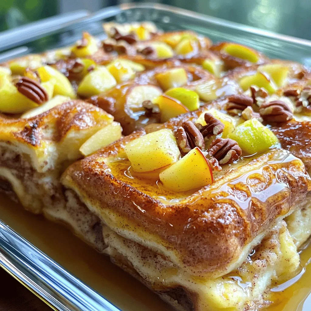 To make this tasty Cinnamon Roll Apple French Toast Bake, you will need the following ingredients: - 1 can (16 oz) refrigerated cinnamon rolls, cut into quarters - 2 cups apples, peeled and diced - 4 large eggs - 1 cup milk - 1 teaspoon vanilla extract - 1 teaspoon ground cinnamon - 1/4 teaspoon nutmeg - 1/4 cup brown sugar I love using Granny Smith or Honeycrisp apples for this bake. These apples add a nice tartness that balances the sweet rolls. Granny Smith apples keep their shape well when baked. Honeycrisp apples bring a lovely sweetness and crunch. You can mix both for extra flavor! You can make this dish your own by adding some optional ingredients: - 1/4 cup chopped pecans for a crunchy texture - 1/4 cup maple syrup for drizzling on top These add-ons elevate the dish and give it a personal touch. Enjoy experimenting with different flavors! First, I preheat my oven to 350°F (175°C). This step is key for even baking. Next, I grab a 9x13 inch baking dish and grease it well. This helps the food not stick. I make sure to coat the bottom and sides. In a medium bowl, I cut the apples into small pieces. I like using Granny Smith or Honeycrisp. These apples add a nice tartness. I add brown sugar and ground cinnamon to the apples. I toss them until they are well coated. In a larger bowl, I crack four eggs and whisk them. I pour in a cup of milk and add vanilla extract, nutmeg, and a pinch of salt. I mix this until it looks smooth. Now, I spread the quartered cinnamon rolls in the baking dish. I make sure they are even. Then, I pour the egg mix over the cinnamon rolls. I want each piece to soak up the goodness. I layer the coated apples on top of the cinnamon rolls. If I want extra crunch, I sprinkle chopped pecans over the apples. Now, I place the dish in the preheated oven. I bake it for 30 to 35 minutes. I check if it's done by inserting a toothpick. If it comes out clean, it's ready! After baking, I let it cool for about 10 minutes. Finally, I drizzle warm maple syrup over the top. This makes it extra tasty! To soak the cinnamon rolls well, start with the egg mixture. Whisk the eggs, milk, vanilla, nutmeg, and a pinch of salt together. Make sure it’s mixed well. When you pour it over the cinnamon rolls, do it slowly. This helps each piece get soaked. Let the rolls sit for a few minutes before baking. This extra time allows them to absorb even more flavor. I love using Granny Smith or Honeycrisp apples. Granny Smith gives a tart bite, which balances the sweet rolls. Honeycrisp is sweet and juicy, adding great flavor. Both types hold their shape well during baking. Always peel and dice your apples to ensure they cook evenly. This step makes them soft and tasty in every bite. To get a golden top, watch your baking time closely. Bake at 350°F for 30-35 minutes. If you want a crispier finish, broil for a minute or two at the end. Just keep an eye on it to avoid burning. You can also sprinkle a bit of brown sugar on top before baking. This adds a sweet crunch that looks and tastes amazing. {{image_2}} You can make this dish dairy-free easily. Use almond milk or oat milk instead of regular milk. Both options work great and keep the dish creamy. You can also use a dairy-free yogurt for an extra rich flavor. Just make sure it is plain to not change the taste. Adding spices and fruits can give your baked dish new life. You might try adding ginger or cardamom for a warm twist. You can also toss in raisins or cranberries for some fruity goodness. If you love nuts, try walnuts or almonds instead of pecans. They add a nice crunch and flavor. To make this dish gluten-free, use gluten-free cinnamon rolls. Many brands offer tasty options that work well. Check the labels to ensure they meet your needs. You can also use gluten-free bread, like a nice gluten-free brioche, for a different texture. This way, everyone can enjoy this yummy treat. To store your Cinnamon Roll Apple French Toast Bake, let it cool first. Once cooled, cover it tightly with plastic wrap or aluminum foil. You can also transfer it to an airtight container. This keeps the dish fresh for up to three days in the fridge. Make sure to place it on a flat surface to prevent spills. When it’s time to enjoy leftovers, preheat your oven to 350°F (175°C). Place the bake in an oven-safe dish and cover it with foil. Heat for about 15-20 minutes, or until warmed through. You can also microwave individual portions for about 30-60 seconds. Just be careful, as it can get hot quickly. If you want to freeze this dish, let it cool completely first. Cut it into portions for easy thawing later. Wrap each piece tightly in plastic wrap and then in foil. Place them in a freezer bag, removing as much air as possible. You can freeze it for up to three months. To reheat, thaw in the fridge overnight and follow the reheating instructions above. Yes, you can make this dish ahead of time. Prepare it the night before. Just cover it and store it in the fridge. When you are ready to bake, take it out. Let it sit at room temperature for 15 minutes. This helps it bake evenly. You can use other types of bread. Consider using brioche or challah. They both soak up the egg mixture well. You can also try using croissants for a flakier texture. Just cut them into small pieces like you would with cinnamon rolls. Check for a golden brown top. Insert a toothpick into the center. If it comes out clean, it’s done. The edges should be firm, and the middle should not jiggle. Let it cool for about 10 minutes before serving. Yes, you can make this dish without eggs. Use a flaxseed meal or chia seed mixture as a binder. Mix 1 tablespoon of flaxseed meal with 2.5 tablespoons of water for each egg. Let it sit for a few minutes until it thickens. This works well to bind the other ingredients together. This blog post covered all you need to know about baking delicious cinnamon rolls. We explored key ingredients, from the best apples to optional add-ons. You learned step-by-step instructions and useful tips for perfecting your dish. With variations like dairy-free and gluten-free options, there’s something for everyone. Proper storage and reheating tips ensure you enjoy leftovers later. Remember, baking is fun! Experiment and make it your own. Enjoy your sweet creation!