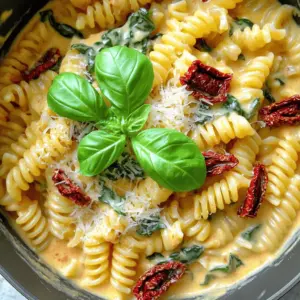 - 12 oz. (340g) pasta of choice (fusilli or penne work well) - 1 cup sun-dried tomatoes, chopped (in oil, drained) - 4 garlic cloves, minced - 1 medium onion, diced - 2 cups vegetable broth - 1 cup heavy cream or coconut cream for a lighter version - 1/2 cup grated Parmesan cheese (or nutritional yeast for a vegan option) - 2 cups fresh spinach - 1 teaspoon dried basil - 1 teaspoon dried oregano - Salt and pepper to taste - 2 tablespoons olive oil - Fresh basil leaves for garnish You can easily adapt this dish to fit your needs. Here are some options: - Gluten-Free: Use gluten-free pasta such as brown rice or quinoa pasta. - Dairy-Free: Substitute heavy cream with coconut cream and use nutritional yeast instead of Parmesan. - Vegan: Use all plant-based ingredients, including nutritional yeast for cheese. These swaps keep the dish tasty while meeting different diet needs. For the best results, precise measuring is key. Here’s how: - Pasta: Use a kitchen scale to ensure you have the right amount. - Liquid Ingredients: Use measuring cups for broth and cream to avoid excess. - Cheese: Grate your Parmesan before measuring for even distribution. Accurate measuring will give you a perfect texture and flavor. Start by gathering all your ingredients. You need: - 12 oz. pasta (like fusilli or penne) - 1 cup sun-dried tomatoes, chopped - 4 garlic cloves, minced - 1 medium onion, diced - 2 cups vegetable broth - 1 cup heavy cream or coconut cream - 1/2 cup grated Parmesan cheese or nutritional yeast - 2 cups fresh spinach - 1 teaspoon dried basil - 1 teaspoon dried oregano - Salt and pepper to taste - 2 tablespoons olive oil - Fresh basil leaves for garnish Chop the sun-dried tomatoes and mince the garlic. Dice the onion to get everything ready. In a large pot, heat the olive oil over medium heat. Add the diced onion and cook until it turns clear, about 3-4 minutes. Then, stir in the minced garlic and cook for one more minute. This step builds a great base flavor. Next, add the chopped sun-dried tomatoes. Cook them with the onions and garlic for about 2 minutes. This allows the flavors to blend. Now, pour in the vegetable broth and bring it to a gentle boil. Once boiling, add the pasta. Lower the heat and let it simmer. Cook the pasta according to the package instructions, usually around 10-12 minutes. Stir occasionally to keep it from sticking. Once the pasta is al dente, mix in the heavy cream or coconut cream, grated Parmesan or nutritional yeast, dried basil, and oregano. Stir until everything is creamy and well combined. Finally, add the fresh spinach. Stir until it wilts. Season with salt and pepper to taste. Let it sit for a couple of minutes off the heat to thicken before serving. To check if your pasta is done, taste a piece. It should be firm but not hard. This is called "al dente." If it's too soft, you have cooked it too long. Remember, the pasta will continue to cook a bit after you take it off the heat. So, check it just before the time is up. Enjoy your creamy sun-dried tomato pasta! To boost flavor, add fresh herbs. Fresh basil is a great choice. You can also try parsley or thyme. These herbs brighten the dish and add a nice aroma. If you want more depth, consider adding a pinch of red pepper flakes. This will give a slight kick without overpowering the dish. Creaminess is key for this pasta. Use heavy cream for a rich texture. If you prefer a lighter version, coconut cream works well too. To keep the sauce creamy, stir well after adding the cream and cheese. If it seems too thick, add a bit more vegetable broth until you reach the desired consistency. Avoid overcooking the pasta. Cook it until it's al dente, which means firm but tender. This keeps the pasta from becoming mushy. Always stir the pasta while it cooks. This helps prevent it from sticking together. Lastly, taste as you go. Adjust the salt and pepper to fit your taste. This way, your dish will be just right! {{image_2}} You can easily make this dish vegan. Swap the heavy cream for coconut cream. Use nutritional yeast instead of Parmesan cheese. Both choices keep the creaminess while adding a nice flavor. You can also add more veggies. Try bell peppers or mushrooms for extra texture and taste. If you need gluten-free options, use gluten-free pasta. Many brands offer great choices like brown rice or chickpea pasta. Just cook them according to the package. The flavors from sun-dried tomatoes and spices will still shine through. Enjoy the same creamy goodness without the gluten! For a heartier meal, you can add proteins. Cook diced chicken or shrimp in the pot before the onions. Sauté them until they are fully cooked. This adds protein and makes the dish more filling. Just mix them in with the pasta toward the end. It’s a simple way to boost flavor and nutrition! After enjoying your One Pot Creamy Sun Dried Tomato Pasta, store leftovers in an airtight container. Make sure it cools down to room temperature first. This helps keep the pasta fresh and tasty. Store it in the fridge for up to three days. If you want to keep it longer, consider freezing it. To reheat, place the pasta in a pot over low heat. Add a splash of vegetable broth or water to help restore the creaminess. Stir often to heat evenly. You can also use a microwave. Cover the dish lightly and heat in short bursts, stirring in between. This keeps the pasta from drying out. For long-term storage, freeze the pasta in individual portions. Use freezer-safe bags or containers. Squeeze out as much air as possible to prevent freezer burn. You can freeze it for up to three months. When ready to eat, thaw it overnight in the fridge. Then, reheat as explained above for the best results. Yes, you can use many kinds of pasta for this dish. Fusilli and penne work great, but you could also try spaghetti or farfalle. The key is to adjust the cooking time based on the pasta you choose. Check the package for how long to cook it. Just remember to stir often to keep it from sticking! To make this recipe dairy-free, swap the heavy cream for coconut cream. Use nutritional yeast instead of Parmesan cheese. Both options give a good creamy texture and taste. You won't miss the dairy at all, and the dish stays rich and flavorful! This pasta pairs well with simple side dishes. A fresh green salad adds a nice crunch. Roasted vegetables also complement the creamy sauce. If you want bread, garlic bread is a perfect choice. These sides balance the meal and make it even more enjoyable! This blog post covered key steps for a delicious pasta dish. We discussed the best ingredients, cooking methods, and flavor tips. I also shared options for various dietary needs, including vegan and gluten-free choices. Plus, we explored storage and reheating practices to keep your dish fresh. In cooking, you can always adjust and innovate. Use this guide to create your perfect pasta every time. Happy cooking!