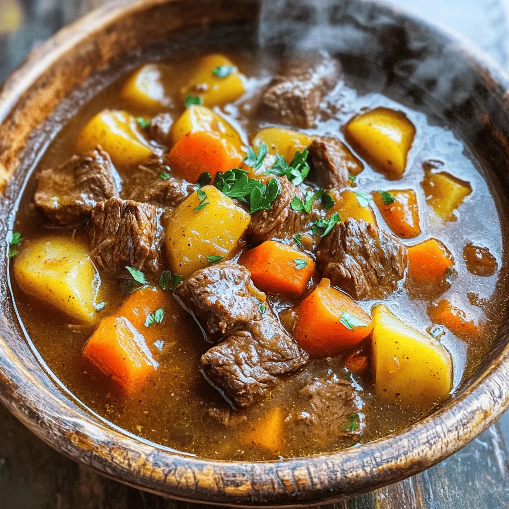 To make a great beef stew, you need the right ingredients. Here’s what you’ll need: - 2 lbs beef chuck, cut into 1-inch cubes - 2 tablespoons olive oil - 1 onion, diced - 3 garlic cloves, minced - 4 medium carrots, chopped - 3 medium potatoes, diced - 2 cups beef broth - 1 cup diced tomatoes (canned or fresh) - 1 tablespoon Worcestershire sauce - 1 teaspoon dried thyme - 1 teaspoon dried rosemary - Salt and pepper to taste - 2 bay leaves - 1 tablespoon cornstarch (optional, for thickening) - Fresh parsley, chopped (for garnish) These ingredients work together to create a rich, hearty flavor. The beef chuck adds depth, while the vegetables bring in freshness. You can customize this stew to fit your taste. Here are some options: - Mushrooms for an earthy flavor - Peas for a pop of color and sweetness - Celery for extra crunch - Red wine for added richness - Other herbs like parsley or oregano Feel free to mix and match based on what you have at home or what you enjoy. If you are missing an ingredient, don’t worry! Here are some simple swaps: - Use chicken or pork instead of beef for a different protein. - Vegetable broth can replace beef broth for a lighter stew. - Sweet potatoes can take the place of regular potatoes for a sweeter taste. - Use onion powder if you don't have fresh onion. These swaps keep your stew tasty while using what you have on hand. First, we need to prepare the beef. Cut 2 pounds of beef chuck into 1-inch cubes. This size helps the beef cook evenly. Next, set your Instant Pot to the Sauté function. Add 2 tablespoons of olive oil and let it heat. Once hot, add the beef cubes in batches. Brown them on all sides for about 5 to 7 minutes. This step adds flavor. Remove the beef and set it aside. Now, let’s sauté the vegetables. In the same pot, add the diced onion and minced garlic. Cook for about 2 to 3 minutes. You want the onion to be soft and translucent. This makes the base of your stew tasty. The garlic adds a nice aroma too. Time to combine all the ingredients. Return the browned beef to the pot. Next, add 4 chopped carrots and 3 diced potatoes. Pour in 2 cups of beef broth and 1 cup of diced tomatoes. Add 1 tablespoon of Worcestershire sauce for depth. Sprinkle in 1 teaspoon each of dried thyme and rosemary. Don’t forget to season with salt and pepper. Stir everything well to mix. Then, secure the lid on the Instant Pot. Make sure the valve is set to Sealing. Set it to Manual or Pressure Cook for 35 minutes. Once the cooking time is up, allow the pressure to release naturally for 10 to 15 minutes. This step makes the beef tender. After that, switch the valve to Venting to let out any remaining pressure. If you want a thicker stew, remove 1 cup of the broth and mix it with 1 tablespoon of cornstarch. Stir this back into the pot. Use the Sauté function for an extra 5 minutes until thickened. Finally, remove the bay leaves and ladle the stew into bowls. Garnish with chopped fresh parsley before serving. Enjoy your hearty meal! To get the best flavor, season your beef generously with salt and pepper before cooking. The beef will absorb these flavors as it cooks. I also like to add Worcestershire sauce. It gives a rich, deep taste that enhances the stew. Dried thyme and rosemary are great herbs to add for extra flavor. If you want a kick, try adding a pinch of red pepper flakes. If you choose a tougher cut of beef, like brisket, you may need to cook it longer. For lean cuts like sirloin, reduce the cooking time. Tough cuts benefit from longer cooking. They will turn tender and flavorful. For beef chuck, 35 minutes works perfectly. It gives you that melt-in-your-mouth texture everyone loves. Always let the pressure release naturally for about 10-15 minutes. This step helps the meat stay tender. Quick releasing can toughen the beef. During natural release, the stew continues to cook a little, which adds more flavor. Patience here will pay off with a hearty, rich stew. {{image_2}} You can easily change the taste of your stew by adding different veggies. Try adding peas, green beans, or mushrooms. Sweet potatoes bring a nice sweetness. Zucchini adds a fresh crunch. Just remember to chop them into similar sizes so they cook evenly. If you want to switch things up, use chicken or pork instead of beef. Chicken thighs work well and stay juicy. For pork, use shoulder or loin. Adjust cooking times slightly; chicken needs about 25 minutes, while pork may take 30 minutes. Your stew will still taste great! Beef stew varies by region. In France, they add red wine and herbs. Irish stew uses lamb and root vegetables. In America, we often use a mix of spices and barbecue sauce for flavor. Try these styles to explore new tastes in your home cooking! After enjoying your beef stew, let it cool. Transfer it to an airtight container. Store it in the fridge. The stew stays fresh for up to three days. Make sure to label the container with the date. This helps you keep track of how long it has been stored. To reheat, pour the stew into a pot. Heat it over medium-low heat. Stir often to avoid sticking. You can also use the microwave. Place the stew in a microwave-safe bowl. Cover it with a lid or plastic wrap. Heat it in short bursts, stirring in between. Ensure it reaches a safe temperature of 165°F. If you want to freeze your beef stew, first let it cool completely. Use freezer-safe containers or bags. Leave some space at the top of the container, as the stew will expand. Label the container with the date. The stew can last for up to three months in the freezer. To thaw, place it in the fridge overnight. Reheat it as mentioned earlier. Cooking beef stew in an Instant Pot takes about 35 minutes. After this, allow 10-15 minutes for natural pressure release. This method saves time and keeps your beef tender. Yes, you can use frozen beef. Just add a few extra minutes to the cooking time. Make sure to check if the beef is cooked through after the pressure cycle. Beef stew pairs well with several sides. You can serve it with crusty bread, rice, or a simple salad. These options balance the rich flavors of the stew. To thicken beef stew, mix 1 tablespoon of cornstarch with a cup of broth. Stir this slurry back into the pot. Use the Sauté function to cook until thickened, about 5 minutes. Yes, you can make beef stew ahead of time. Store it in the fridge for up to three days. The flavors deepen as it sits, making it even tastier. We covered the key steps to make a great Instant Pot beef stew. You learned about essential ingredients, useful variations, and clever tips to enhance flavor. Remember, you can customize your stew with different meats and veggies. Proper storage will keep leftovers fresh. With this guide, you can create a tasty meal that warms hearts. Enjoy putting these ideas into action and share your delicious results!