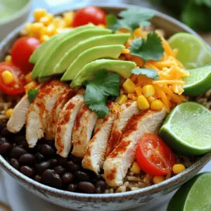 The Chicken Burrito Bowl combines many tasty ingredients. Here are the main ones you need: - 2 boneless, skinless chicken breasts - 1 tablespoon olive oil - 1 teaspoon taco seasoning - 1 cup brown rice (or quinoa) - 2 cups vegetable or chicken broth - 1 cup black beans, drained and rinsed - 1 cup corn (frozen or canned) - 1 cup cherry tomatoes, halved - 1 avocado, sliced - 1/2 cup shredded cheddar cheese - 1/4 cup fresh cilantro, chopped - 1 lime, cut into wedges - Salt and pepper to taste Using fresh ingredients is key. Fresh chicken tastes better than frozen. Fresh veggies add crunch and color. You can also choose organic options for better flavor. Toppings make your burrito bowl fun and tasty. Here are some great options: - Salsa - Sour cream - Jalapeños These toppings can change how spicy your meal is. If you want heat, add jalapeños. For a cooler taste, use sour cream. You can mix and match to find your favorite balance. For the full recipe, check out the Zesty Chicken Burrito Bowl. To start, you need either brown rice or quinoa. Use one cup of your choice. Combine it with two cups of vegetable or chicken broth in a medium pot. Bring this mix to a boil over high heat. Once it boils, cover the pot and reduce the heat to low. Let it cook for about 20-25 minutes. This allows the grains to soak up the broth and become fluffy. When the time is up, fluff the rice or quinoa with a fork. This makes it light and airy. If you want a softer texture, add a bit more broth. Next, let’s focus on the chicken. Take two boneless, skinless chicken breasts. Rub them with one tablespoon of olive oil. Sprinkle one teaspoon of taco seasoning over both sides. Add some salt and pepper to taste. Heat a skillet over medium heat. Once hot, add the chicken. Cook it for about 6-7 minutes per side. You want it golden brown and cooked through. After cooking, remove the chicken from the skillet. Let it rest for a few minutes before slicing. Resting helps keep the juices inside, making the chicken tender. Now comes the fun part: assembling your burrito bowl! Start with a layer of your fluffy rice or quinoa at the bottom of each bowl. Next, add a scoop of the black beans and corn mixture. You can heat these in the same skillet for about 3-4 minutes. Then, place the sliced chicken on top of the beans and corn. For a colorful finish, add sliced avocado, shredded cheese, and fresh cilantro. Arrange the ingredients in sections for a nice look. Serve with lime wedges on the side. A squeeze of lime adds a fresh zing to every bite. For the complete recipe, check out the Full Recipe section. To make your Chicken Burrito Bowl shine, consider adding more spices. A pinch of smoked paprika gives depth. You can try a dash of cayenne for heat. If you want a fresh twist, squeeze in lime juice or add fresh herbs. Adjusting seasoning is simple. Taste as you go. If it feels bland, add salt, pepper, or a touch of garlic powder. Cooking chicken well is key. Start with medium heat and make sure the skillet is hot before adding chicken. Cook until each side is golden brown. Use a meat thermometer to check. The chicken should reach 165°F. Let the chicken rest after cooking. This keeps it juicy. For reheating, use low heat in a skillet. Add a splash of broth to keep flavors intact. Avoid the microwave; it can dry out your meal. {{image_2}} If you want a meatless bowl, try tofu or tempeh. These are great protein sources. Cut tofu into cubes and press to remove water. Then, marinate with your favorite spices. Sauté it until golden for a nice flavor. Tempeh can also work well. Crumble it and cook it in a skillet. Use the same taco seasoning for a familiar taste. Add plant-based ingredients like: - 1 cup black beans - 1 cup corn - 1 cup cherry tomatoes - Sliced avocado - Shredded lettuce - Fresh cilantro These add color and nutrients to your bowl. You can use quinoa instead of rice for extra protein. You can switch the chicken for beef, shrimp, or fish. Each protein brings a unique taste. For beef, use ground meat or steak strips. Season with taco spice and cook until browned. Shrimp cooks quickly and adds a sweet flavor. Just sauté in olive oil for about 3-4 minutes. For fish, use firm types like salmon. Grill or bake it with lime juice for a fresh taste. Consider flavor pairings like: - Beef with bell peppers and onions - Shrimp with garlic and lime - Fish with avocado and mango salsa These options keep your burrito bowl exciting and delicious! To keep your burrito bowls fresh, store leftovers in airtight containers. This helps prevent moisture loss and keeps flavors intact. You can refrigerate them for up to three days. For longer storage, freeze them for up to three months. Just make sure to separate ingredients like avocados and cheese before freezing. This keeps them fresh when you thaw your meal. When you’re ready to enjoy your leftovers, reheat them gently. Use a microwave or stovetop for even heating. If using the microwave, heat in 30-second bursts. Stir in between to ensure even warmth. For stovetop reheating, add a splash of broth or water to prevent drying out. Fresh toppings like avocado or cilantro should be added after reheating to keep them tasty. You can enjoy Chicken Burrito Bowls with several tasty sides. Here are my top picks: - Tortilla chips: Crunchy and perfect for dipping in salsa. - Guacamole: Creamy and full of flavor, it adds richness. - Mexican street corn: Sweet and spicy, it pairs well with the bowl. - Simple green salad: Fresh greens balance the richness of the bowl. - Pico de gallo: This fresh salsa adds a nice zing. Yes, you can prep Chicken Burrito Bowls in advance. Here are some tips: - Cook rice or quinoa: Make it a day ahead and store it in the fridge. - Season and cook chicken: You can do this the night before. Slice it just before serving. - Prepare veggies: Chop your cherry tomatoes and avocado ahead of time. Store them separately. - Assemble bowls: Put everything together just before eating for freshness. Chicken Burrito Bowls can be quite healthy. Here’s why: - Lean protein: Chicken provides essential protein for muscle health. - Whole grains: Using brown rice or quinoa adds fiber and nutrients. - Veggies: Ingredients like tomatoes, corn, and avocado offer vitamins and minerals. - Customizable: You can adjust the toppings to fit your dietary needs. You can find great Chicken Burrito Bowls at local spots. Here are my favorites: - Food trucks: Many serve fresh and flavorful burrito bowls. - Mexican restaurants: Look for places that focus on quality ingredients. - Cafes with a focus on health: They often offer creative and healthy bowls. - Online reviews: Check sites for recommendations near you. For my detailed preparation method, check out the Full Recipe for a delicious experience! You learned how to make tasty chicken burrito bowls in this post. We covered essential ingredients, cooking steps, and even storage tips. Fresh ingredients matter for flavor, and optional toppings let you customize spice levels. Remember, you can also try vegetarian proteins or different meats for variety. Enjoy experimenting with these ideas. You’ll create delicious meals that are fun to share. Happy cooking!