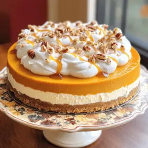 To make a delicious No-Bake Pumpkin Cheesecake, you need a few simple ingredients. Here’s what you will need: - 1 ½ cups graham cracker crumbs - ⅓ cup sugar - ½ cup unsalted butter, melted - 2 cups cream cheese, softened - 1 cup pumpkin puree - ¾ cup powdered sugar - 1 teaspoon vanilla extract - 1 teaspoon ground cinnamon - ½ teaspoon ground nutmeg - ½ teaspoon ground ginger - 1 ½ cups whipped cream - Optional toppings: caramel sauce and pecans These ingredients create a rich and creamy cheesecake. The graham cracker crumbs give the crust a nice crunch. The pumpkin puree adds warmth and flavor. The spices make it taste like fall. Be sure to use fresh, high-quality ingredients for the best result. Using these ingredients, you can impress guests or enjoy a sweet treat at home. I always recommend keeping some of these staples on hand. You never know when a pumpkin craving will hit! To start, gather your graham cracker crumbs, sugar, and melted butter. In a mixing bowl, combine the graham cracker crumbs with the sugar. Stir in the melted butter until all crumbs are coated. This makes a tasty, buttery mix. Next, grab a 9-inch springform pan. Press the mixture firmly into the bottom of the pan. Make sure it is even. This crust will hold your cheesecake together. Place the pan in the fridge while you make the filling. Now, let’s make the filling. In a large bowl, beat the softened cream cheese with an electric mixer. Mix until it is smooth and creamy. This step is key for a rich texture. After that, add in the pumpkin puree and powdered sugar. Then, mix in the vanilla, ground cinnamon, nutmeg, and ginger. Beat until well combined. The spices will bring warmth and flavor to the cheesecake. The next step is folding in the whipped cream. Gently add the whipped cream to the pumpkin mix. Use a spatula to fold it in. Be careful not to deflate the whipped cream. This will keep your cheesecake light and fluffy. Once mixed, pour the pumpkin filling into the prepared crust. Smooth the top with your spatula. This will create a nice, even surface for chilling. Cover the cheesecake with plastic wrap. Place it in the refrigerator for at least 4 hours. For the best results, chill it overnight. This will help the cheesecake set perfectly. When ready to serve, carefully remove the sides of the springform pan. Slice the cheesecake into pieces. You can garnish it with caramel sauce and chopped pecans for extra flavor. Serve it on a decorative cake stand for a festive touch! To get a great crust, you need even crumbs. After mixing the graham cracker crumbs, sugar, and melted butter, press the mixture down firmly. Use your fingers or a measuring cup to pack it in tightly. This helps the crust hold together when you slice the cheesecake. You can change the crust too! If you want, use crushed cookies or even nuts. Try using vanilla wafers, gingersnaps, or almond flour for a new twist. Each option adds a unique flavor to your cheesecake. Softened cream cheese is key for a smooth filling. Take it out of the fridge about 30 minutes before mixing. This helps it blend well with other ingredients. If your cream cheese is cold, it will be lumpy. When folding in whipped cream, be gentle. Use a spatula to lift the cream from the bottom of the bowl and over the filling. This keeps the mixture light and fluffy. Avoid stirring too hard, or you might lose that airy texture. For a festive touch, serve the cheesecake on a pretty cake stand. Dust the top with cinnamon or sprinkle crushed pecans around it. These little details make a big difference. Pair your cheesecake with coffee or a spiced chai. You can also add a drizzle of caramel sauce and a few pecans on top for extra flavor. This adds a nice crunch and sweetness that everyone will love. {{image_2}} You can add more warmth to your pumpkin cheesecake by using extra spices. Consider adding: - ½ teaspoon ground cloves - ½ teaspoon ground allspice These spices can enhance the flavor. They add a nice depth and richness that pairs well with pumpkin. Just mix them in when you add the pumpkin puree. Want to make your cheesecake even more exciting? You can add layers of chocolate or caramel. - For a chocolate twist, swirl melted chocolate into the filling. - To add caramel, drizzle it on top before serving. These flavors create a fun contrast with the pumpkin. Your guests will love the surprise! You can easily adapt this recipe for different diets. Here are some options: - For a gluten-free version, use gluten-free graham cracker crumbs. - If you want it dairy-free, try using vegan cream cheese and coconut whipped cream. These swaps make the cheesecake accessible to more people. Enjoying dessert should be for everyone! To keep your no-bake pumpkin cheesecake fresh, place it in the fridge. Use an airtight container or cover it tightly with plastic wrap. This helps keep moisture in and prevents it from absorbing any other smells. Always store it in the coldest part of your fridge. For best taste, eat leftovers within three days. You can freeze this cheesecake if you want to save some for later. First, let it chill in the fridge for at least four hours. After it has set, wrap it tightly in plastic wrap. Then, put it in a freezer-safe container. This helps keep it fresh. To thaw, move it to the fridge for a few hours or overnight. Avoid thawing it at room temperature to keep the texture smooth. The cheesecake stays fresh for about five days in the fridge. If you freeze it, it will stay good for up to three months. Just remember, the longer it stays frozen, the more it may lose flavor and texture. So, enjoy your cheesecake while it's at its best! Yes, you can make this cheesecake ahead of time. It tastes great after chilling overnight. Prepare the crust and filling, then assemble it in the springform pan. Cover it tightly with plastic wrap to keep it fresh. This way, you save time on the day you serve it. You can use other pans if you don't have a springform pan. A regular cake pan works well, but you'll need to line it with parchment paper. This helps you lift out the cheesecake easily. You can also use individual ramekins for mini cheesecakes. To check if the cheesecake is set, look for a firm, even surface. The edges should hold their shape, while the center may jiggle slightly. Chill it for at least four hours or overnight for the best results. This helps the flavors blend and the textures firm up. Yes, fresh pumpkin is a great option. Start with a small pumpkin, peel it, and cut it into chunks. Steam or roast the pumpkin until soft, then blend it into a smooth puree. Use this in place of canned pumpkin for a fresh taste. This cheesecake combines simple ingredients to create a delicious dessert. We’ve covered the crust, filling, and how to chill it right. With tips and variations, you can make it your own. Remember, using softened cream cheese is key for the best texture. Store leftovers well and enjoy them later. Whether you choose to add spices or toppings, this cheesecake is sure to impress. Try it out and savor each bite!