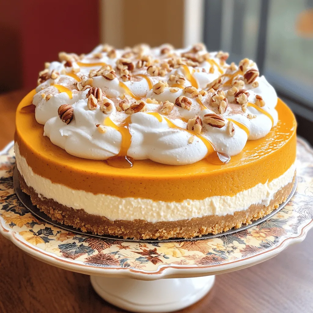 To make a delicious No-Bake Pumpkin Cheesecake, you need a few simple ingredients. Here’s what you will need: - 1 ½ cups graham cracker crumbs - ⅓ cup sugar - ½ cup unsalted butter, melted - 2 cups cream cheese, softened - 1 cup pumpkin puree - ¾ cup powdered sugar - 1 teaspoon vanilla extract - 1 teaspoon ground cinnamon - ½ teaspoon ground nutmeg - ½ teaspoon ground ginger - 1 ½ cups whipped cream - Optional toppings: caramel sauce and pecans These ingredients create a rich and creamy cheesecake. The graham cracker crumbs give the crust a nice crunch. The pumpkin puree adds warmth and flavor. The spices make it taste like fall. Be sure to use fresh, high-quality ingredients for the best result. Using these ingredients, you can impress guests or enjoy a sweet treat at home. I always recommend keeping some of these staples on hand. You never know when a pumpkin craving will hit! To start, gather your graham cracker crumbs, sugar, and melted butter. In a mixing bowl, combine the graham cracker crumbs with the sugar. Stir in the melted butter until all crumbs are coated. This makes a tasty, buttery mix. Next, grab a 9-inch springform pan. Press the mixture firmly into the bottom of the pan. Make sure it is even. This crust will hold your cheesecake together. Place the pan in the fridge while you make the filling. Now, let’s make the filling. In a large bowl, beat the softened cream cheese with an electric mixer. Mix until it is smooth and creamy. This step is key for a rich texture. After that, add in the pumpkin puree and powdered sugar. Then, mix in the vanilla, ground cinnamon, nutmeg, and ginger. Beat until well combined. The spices will bring warmth and flavor to the cheesecake. The next step is folding in the whipped cream. Gently add the whipped cream to the pumpkin mix. Use a spatula to fold it in. Be careful not to deflate the whipped cream. This will keep your cheesecake light and fluffy. Once mixed, pour the pumpkin filling into the prepared crust. Smooth the top with your spatula. This will create a nice, even surface for chilling. Cover the cheesecake with plastic wrap. Place it in the refrigerator for at least 4 hours. For the best results, chill it overnight. This will help the cheesecake set perfectly. When ready to serve, carefully remove the sides of the springform pan. Slice the cheesecake into pieces. You can garnish it with caramel sauce and chopped pecans for extra flavor. Serve it on a decorative cake stand for a festive touch! To get a great crust, you need even crumbs. After mixing the graham cracker crumbs, sugar, and melted butter, press the mixture down firmly. Use your fingers or a measuring cup to pack it in tightly. This helps the crust hold together when you slice the cheesecake. You can change the crust too! If you want, use crushed cookies or even nuts. Try using vanilla wafers, gingersnaps, or almond flour for a new twist. Each option adds a unique flavor to your cheesecake. Softened cream cheese is key for a smooth filling. Take it out of the fridge about 30 minutes before mixing. This helps it blend well with other ingredients. If your cream cheese is cold, it will be lumpy. When folding in whipped cream, be gentle. Use a spatula to lift the cream from the bottom of the bowl and over the filling. This keeps the mixture light and fluffy. Avoid stirring too hard, or you might lose that airy texture. For a festive touch, serve the cheesecake on a pretty cake stand. Dust the top with cinnamon or sprinkle crushed pecans around it. These little details make a big difference. Pair your cheesecake with coffee or a spiced chai. You can also add a drizzle of caramel sauce and a few pecans on top for extra flavor. This adds a nice crunch and sweetness that everyone will love. {{image_2}} You can add more warmth to your pumpkin cheesecake by using extra spices. Consider adding: - ½ teaspoon ground cloves - ½ teaspoon ground allspice These spices can enhance the flavor. They add a nice depth and richness that pairs well with pumpkin. Just mix them in when you add the pumpkin puree. Want to make your cheesecake even more exciting? You can add layers of chocolate or caramel. - For a chocolate twist, swirl melted chocolate into the filling. - To add caramel, drizzle it on top before serving. These flavors create a fun contrast with the pumpkin. Your guests will love the surprise! You can easily adapt this recipe for different diets. Here are some options: - For a gluten-free version, use gluten-free graham cracker crumbs. - If you want it dairy-free, try using vegan cream cheese and coconut whipped cream. These swaps make the cheesecake accessible to more people. Enjoying dessert should be for everyone! To keep your no-bake pumpkin cheesecake fresh, place it in the fridge. Use an airtight container or cover it tightly with plastic wrap. This helps keep moisture in and prevents it from absorbing any other smells. Always store it in the coldest part of your fridge. For best taste, eat leftovers within three days. You can freeze this cheesecake if you want to save some for later. First, let it chill in the fridge for at least four hours. After it has set, wrap it tightly in plastic wrap. Then, put it in a freezer-safe container. This helps keep it fresh. To thaw, move it to the fridge for a few hours or overnight. Avoid thawing it at room temperature to keep the texture smooth. The cheesecake stays fresh for about five days in the fridge. If you freeze it, it will stay good for up to three months. Just remember, the longer it stays frozen, the more it may lose flavor and texture. So, enjoy your cheesecake while it's at its best! Yes, you can make this cheesecake ahead of time. It tastes great after chilling overnight. Prepare the crust and filling, then assemble it in the springform pan. Cover it tightly with plastic wrap to keep it fresh. This way, you save time on the day you serve it. You can use other pans if you don't have a springform pan. A regular cake pan works well, but you'll need to line it with parchment paper. This helps you lift out the cheesecake easily. You can also use individual ramekins for mini cheesecakes. To check if the cheesecake is set, look for a firm, even surface. The edges should hold their shape, while the center may jiggle slightly. Chill it for at least four hours or overnight for the best results. This helps the flavors blend and the textures firm up. Yes, fresh pumpkin is a great option. Start with a small pumpkin, peel it, and cut it into chunks. Steam or roast the pumpkin until soft, then blend it into a smooth puree. Use this in place of canned pumpkin for a fresh taste. This cheesecake combines simple ingredients to create a delicious dessert. We’ve covered the crust, filling, and how to chill it right. With tips and variations, you can make it your own. Remember, using softened cream cheese is key for the best texture. Store leftovers well and enjoy them later. Whether you choose to add spices or toppings, this cheesecake is sure to impress. Try it out and savor each bite!