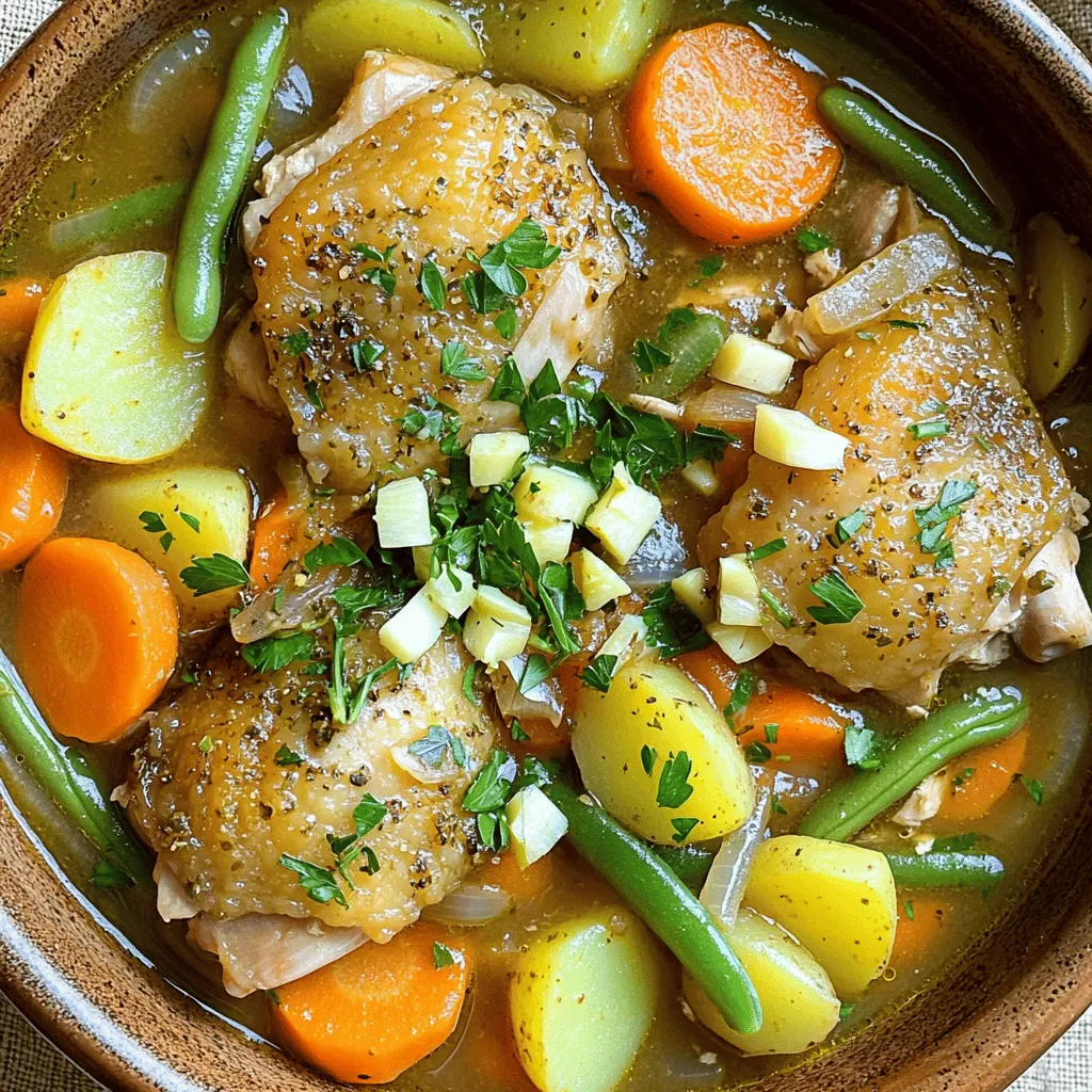 This stew has some tasty main ingredients. Here’s what you need: - 4 boneless, skinless chicken thighs, cut into 1-inch pieces - 4 medium carrots, sliced - 3 potatoes, diced - 1 onion, chopped - 4 cloves garlic, minced - 1 cup green beans, trimmed and cut into 1-inch pieces - 4 cups chicken broth These ingredients add flavor and nutrition to your meal. The chicken gives protein, while the veggies add color and crunch. Spices make this stew sing! Here’s what you should add: - 1 tablespoon dried thyme - 1 tablespoon dried rosemary - 2 bay leaves - Salt and pepper to taste These spices bring warmth and depth. Thyme and rosemary add a lovely herbal taste. Don't forget salt and pepper to make the flavors pop! Garnishes can make your stew look and taste even better. I suggest: - Fresh parsley, chopped (for garnish) You might also think about adding other items like: - A splash of lemon juice for brightness - A pinch of red pepper flakes for heat These simple extras can elevate your dish. They make your stew feel special. For the full recipe, check out the details above. Start by cutting the chicken thighs into 1-inch pieces. This helps them cook evenly. Next, slice the carrots and dice the potatoes. Chop the onion and mince the garlic. These fresh ingredients add flavor and texture. In your slow cooker, layer the carrots, potatoes, and onion at the bottom. This creates a nice base. Place the seared chicken on top of the veggies. Sprinkle the minced garlic and green beans over the chicken. This way, the chicken gets flavored by all the good stuff below. In a bowl, mix the chicken broth, thyme, rosemary, salt, and pepper. Pour this over the layered ingredients in the slow cooker. Cover the pot and set it to cook. For a tender stew, cook on low for 6-8 hours. If you are short on time, you can cook it on high for 3-4 hours. Once done, remove the bay leaves. Taste the stew and adjust the seasoning if needed. For a crispy touch, you can broil it for 5 minutes after cooking. Enjoy your savory dish! For the full recipe, check out the detailed instructions above. To get the best taste, start by searing the chicken. This step adds depth to your stew. Use medium heat and sear each piece until golden brown. This takes about 5-7 minutes. Next, layer the veggies at the bottom of the slow cooker. Carrots, potatoes, and onions work well. The broth should blend with the herbs and spices. I love using dried thyme and rosemary for a warm flavor. If your stew is too thin, you can thicken it easily. Cornstarch is a great choice. Mix 1 tablespoon of cornstarch with 2 tablespoons of cold water. Stir this into the stew and let it cook for another 30 minutes. If your stew is too thick, add more broth or water. Adjust until you reach your desired texture. For a crispy finish, try broiling the stew. After cooking, transfer the stew to an oven-safe dish. Set your oven to broil and place the dish inside for about 5 minutes. This step crisps the chicken on top, adding a nice texture. Watch closely so it doesn't burn. Enjoy the added crunch! For the full recipe, check out the Crispy Garlic Herb Slow Cooker Chicken Stew. {{image_2}} You can change the protein in this stew. For a twist, use turkey or pork. You can even try tofu for a plant-based option. If you pick tofu, press it first to remove excess water. When it comes to vegetables, feel free to swap what you have. Sweet potatoes add a nice sweetness. Peas can replace green beans if you wish. Just remember to cut all vegetables into small pieces for even cooking. This recipe is naturally gluten-free. Just check the chicken broth label to ensure it fits your needs. If you want to add some creaminess, use coconut milk instead of dairy. It gives a nice flavor without the dairy. For those on a low-carb diet, skip the potatoes. You can add more carrots or use cauliflower instead. If you want to boost the fiber, throw in some lentils. Just make sure to adjust the cooking time since lentils cook faster than chicken. Feel free to explore these variations to make this easy comfort meal your own. You can find the full recipe above for reference. After cooking, let your stew cool down before storing. Use airtight containers for best results. Place the stew in the fridge if you plan to eat it within three days. If you want to keep it longer, move to the freezer. Always label your containers with the date. This helps you know when to eat it. To reheat your stew, place it in a pot on the stove. Warm it over medium heat until hot. Stir often to avoid burning. You can also reheat in the microwave. Use a microwave-safe bowl and cover it loosely. Heat for 2-3 minutes, stirring halfway through. You can freeze Slow Cooker Chicken Stew for up to three months. Make sure it cools completely before freezing. Transfer it to freezer bags for space-saving storage. Squeeze out as much air as you can before sealing. When you’re ready to eat, thaw it overnight in the fridge. Then, follow the reheating instructions to enjoy a warm meal again. You can cook Slow Cooker Chicken Stew on low for 6 to 8 hours. If you are in a hurry, cook it on high for 3 to 4 hours. The longer cooking time helps the flavors blend well. You want the chicken to be tender and juicy. Checking the stew at the end of the cooking time is key. If it needs more time, let it cook a bit longer. Yes, you can use frozen chicken for this recipe. However, be aware that it will take longer to cook. Make sure the chicken cooks all the way through. If using frozen chicken, increase the cooking time by about one hour on low. I recommend thawing it first for best results. This helps the chicken cook evenly and absorb flavors well. You can serve this stew with crusty bread or rice. Both options soak up the tasty broth nicely. A simple side salad adds freshness and crunch too. If you want to keep it light, serve it with steamed vegetables. They add color and nutrition to your meal. For a cozy touch, enjoy it with a warm biscuit or dinner roll. For the complete recipe, check the Full Recipe link. In this post, we covered how to make delicious slow cooker chicken stew. We looked at key ingredients, step-by-step cooking instructions, and helpful tips for best flavor. You learned ways to adjust the stew for your taste and how to store it properly. Now, you have the tools to create a hearty meal easily. Enjoy experimenting with flavors and variations for your family. Happy cooking!