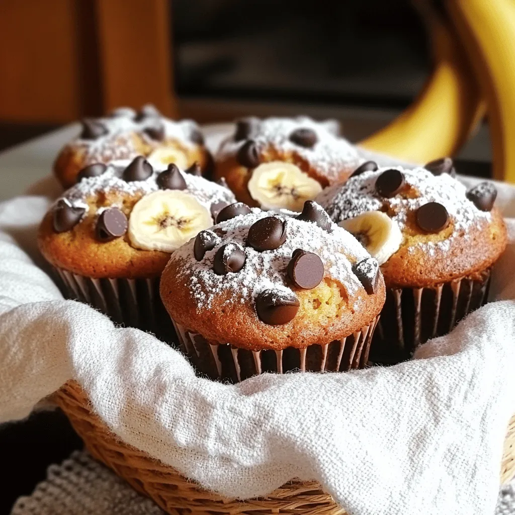 To make Chocolate Chip Banana Bread Muffins, you need these simple items: - 2 ripe bananas, mashed - 1/2 cup granulated sugar - 1/4 cup brown sugar, packed - 1/3 cup vegetable oil - 1 large egg - 1 teaspoon vanilla extract - 1 cup all-purpose flour - 1/2 teaspoon baking soda - 1/2 teaspoon baking powder - 1/4 teaspoon salt - 1/2 cup chocolate chips - 1/4 cup chopped walnuts (optional) If you don’t have some items, don’t worry! Here are some easy swaps: - Instead of granulated sugar, use coconut sugar or honey. - You can swap vegetable oil with melted butter or applesauce. - If you want a healthier option, use whole wheat flour instead of all-purpose flour. - For a nut-free option, skip the walnuts or use seeds instead. Ripe bananas are key for this recipe. They add natural sweetness and moisture. The darker the banana, the better! Overripe bananas mash easily and give a richer flavor. They also help the muffins rise well. Using ripe bananas ensures your muffins are soft and delicious. You’ll taste the difference! Start by setting your oven to 350°F (175°C). This step is key for baking. Next, take a muffin tin and line it with paper liners. You can also use non-stick spray for easy removal. Make sure this is done before mixing. It saves time later. In a large bowl, mash two ripe bananas. I love using ripe bananas for their sweetness. Then, add 1/2 cup of granulated sugar and 1/4 cup of brown sugar. Next, pour in 1/3 cup of vegetable oil and crack in one large egg. Add one teaspoon of vanilla extract for a nice flavor boost. Mix everything well until it’s smooth and creamy. In another bowl, whisk together 1 cup of all-purpose flour, 1/2 teaspoon of baking soda, 1/2 teaspoon of baking powder, and 1/4 teaspoon of salt. This mix helps the muffins rise. Make sure there are no lumps in the dry mix. It can really change the texture of your muffins. Now, gently add the dry ingredients to the wet mixture. Stir until just combined. Do not over-mix! A few lumps are perfectly fine. Once combined, it’s time to fold in 1/2 cup of chocolate chips. If you like, add 1/4 cup of chopped walnuts too. This adds a nice crunch. Spoon the batter into your prepared muffin tin. Fill each cup about 3/4 full. This gives the muffins room to rise. Bake them in the preheated oven for 18-20 minutes. To check if they're done, insert a toothpick into the center. If it comes out clean, they are ready! Let the muffins cool in the tin for about 5 minutes, then transfer them to a wire rack. Enjoy your delicious creation! To make your muffins moist, start with ripe bananas. Overripe bananas are sweet and add moisture. Use two medium-sized ripe bananas. Mash them well before mixing. The oil also helps keep the muffins soft. Use 1/3 cup of vegetable oil in your batter. This adds fat and keeps the texture light. Lastly, watch your baking time. Overbaking makes muffins dry. Bake them just until a toothpick comes out clean. Mixing the batter too much can ruin the muffins. When you add dry ingredients, stir gently. You want to mix until the flour disappears. It’s okay to have some lumps. This keeps the muffins fluffy. After adding chocolate chips, fold them in softly. This way, you don’t activate the gluten too much. Remember, less mixing leads to better muffins! To keep your muffins fresh, store them in an airtight container. Let them cool completely before putting them away. If you want to keep them longer, freeze the muffins. Place them in a freezer bag. They can last up to three months. When ready to eat, thaw them overnight in the fridge. For a warm treat, pop them in the microwave for 15-20 seconds. Enjoy your delicious muffins fresh! {{image_2}} You can make these muffins even more fun. Adding nut butter gives them a creamy texture. Peanut butter or almond butter works well. Just mix in 1/4 cup of your favorite nut butter with the wet ingredients. You can also add other mix-ins, like dried fruit or seeds. Try 1/4 cup of raisins or pumpkin seeds for great flavor. If you like it sweeter, add more sugar. Try using 3/4 cup of granulated sugar. If you prefer less sweetness, reduce the sugar to 1/4 cup. You can also use honey or maple syrup instead. These natural sweeteners add a unique taste. Just remember to adjust the liquid in the recipe to keep the batter right. You can make these muffins gluten-free easily. Substitute all-purpose flour with a gluten-free blend. Look for blends that have xanthan gum for the best results. You can also use almond flour or oat flour. Just keep in mind that it may change the texture a bit. Always check that your mix-ins are gluten-free too! To keep your chocolate chip banana bread muffins fresh, store them in an airtight container. This will help maintain their moisture and flavor. You can keep them at room temperature for up to three days. If you want them to last longer, refrigerate them. Just remember, refrigeration may dry them out a bit. If you want to save some muffins for later, freezing is a great choice. First, let the muffins cool completely. Then, wrap each muffin tightly in plastic wrap. Place them in a freezer-safe bag or container. Label the bag with the date. They will stay good for about three months. When you crave a muffin, just pull one out and let it thaw. To enjoy your muffins again, reheating is simple. You can use a microwave or an oven. For the microwave, heat one muffin for about 15-20 seconds. If you prefer the oven, preheat it to 350°F (175°C). Place the muffin on a baking sheet and warm it for about 5-10 minutes. Both methods will make your muffins tasty and warm again. Yes, you can use frozen bananas. Just thaw them first. Drain any extra liquid. Mash them well before adding them to the mix. Frozen bananas can add great flavor and moisture to the muffins. You can make these muffins healthier by swapping some ingredients. Use whole wheat flour instead of all-purpose flour. You can also cut down the sugar by using less granulated and brown sugar. Adding oats or using applesauce instead of oil can help too. You can even add chia seeds for extra fiber. If your muffins are too dry, check your baking time next time. You can also add a bit more mashed banana or a splash of milk. This will help keep the muffins moist. Storing them in an airtight container can also help keep them soft. Absolutely! You can use peanut butter chips, butterscotch chips, or even white chocolate chips. You could also try adding dried fruit or nuts for a different texture. Let your taste guide you! You now know the key ingredients and steps for making delicious muffins. Ripe bananas add flavor and moisture that enhance your final product. Remember to mix wet and dry ingredients carefully, and don’t forget your chocolate and nuts! Use my tips to keep your muffins moist and fresh. Play around with variations to find your favorite twist. Store them well to enjoy each bite. Happy baking!