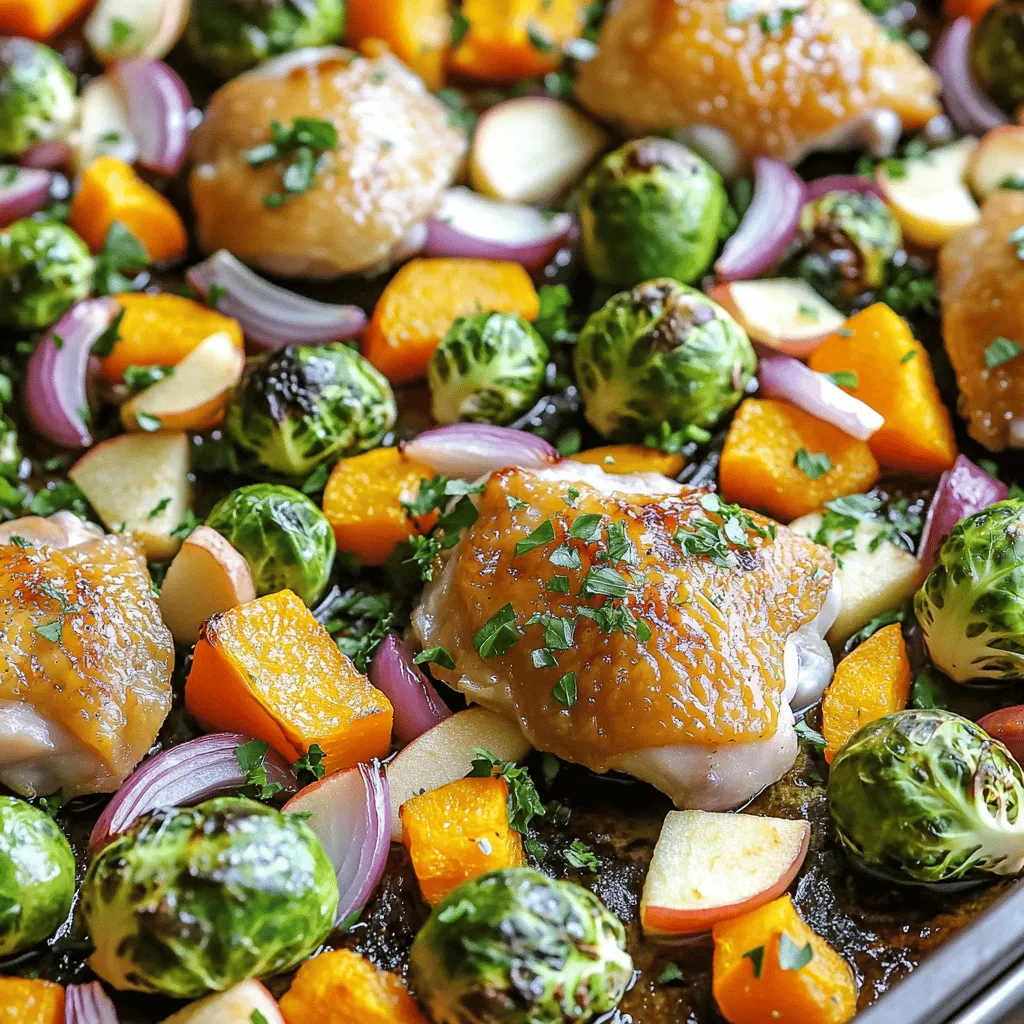 For the One-Pan Harvest Chicken & Veggie Bake, you will need: - 4 boneless, skinless chicken thighs - 2 cups Brussels sprouts, halved - 1 cup butternut squash, diced - 1 red onion, cut into wedges - 2 apples, cored and sliced - 3 cloves garlic, minced - 2 tablespoons olive oil - 1 teaspoon dried thyme - 1 teaspoon dried rosemary - 1/2 teaspoon smoked paprika - Salt and pepper to taste - Fresh parsley for garnish (optional) Each ingredient plays a key role in flavor and texture. The chicken thighs bring protein and richness. The Brussels sprouts and butternut squash add crunch and sweetness. Apples lend a fruity touch, while garlic and herbs infuse the dish with aroma. Two tablespoons of olive oil help everything cook evenly. Remember to season with salt and pepper to enhance all the flavors. I recommend using fresh ingredients for the best taste. Fresh Brussels sprouts and butternut squash have a vibrant flavor. Apples should be crisp for the right texture. If you use frozen vegetables, the bake may turn out soggier. Frozen items can lose their crunch and flavor during cooking. For this dish, fresh ingredients truly shine and make a huge difference in the final result. Start by preheating your oven to 400°F (200°C). This step is key. A hot oven ensures the chicken cooks well and the veggies get crispy. Set a timer for a few minutes. You want it hot when you add the food. Grab a large mixing bowl. Add 2 cups of halved Brussels sprouts, 1 cup of diced butternut squash, 1 red onion cut into wedges, and 2 sliced apples. These ingredients add color and flavor. Next, add 3 cloves of minced garlic, 2 tablespoons of olive oil, 1 teaspoon of thyme, 1 teaspoon of rosemary, and 1/2 teaspoon of smoked paprika. Sprinkle in salt and pepper to taste. Toss it all together. Make sure each piece is coated in oil and herbs. This step enhances taste and helps with cooking. Now, take your chicken thighs. You need 4 boneless, skinless ones. Season them with salt and pepper on both sides. This brings out the chicken's natural flavor. Make space in the center of your veggie mix on the baking sheet. Place the chicken thighs there. Nestling them among the veggies helps them soak up all the great flavors. Now, your dish is ready to bake! To achieve juicy chicken, use boneless, skinless thighs. They cook evenly and stay moist. Season the chicken with salt and pepper before baking. Place the chicken in the center of the veggies. This helps it cook in the steam from the vegetables. Bake until the internal temperature reaches 165°F. This ensures safe eating and great flavor. For tender veggies, cut them into similar sizes. This helps them cook evenly. Brussels sprouts and butternut squash should be halved and diced, respectively. Toss them well with oil and herbs. This adds flavor and helps with browning. Bake until they are soft and caramelized. This brings out their natural sweetness. For a rustic look, serve directly from the baking sheet. This creates a homey feel. Garnish with fresh parsley to add a pop of color. You can also drizzle a little extra olive oil on top before serving. Pair this dish with crusty bread or a simple salad for a complete meal. {{image_2}} You can switch up the veggies in this dish. If you don’t have Brussels sprouts, try green beans or broccoli. Carrots add a nice touch, too. Butternut squash works well, but sweet potatoes can be a great swap. Choose your favorites for a personal twist! While chicken thighs shine in this recipe, you can use other proteins. Try chicken breasts if you prefer leaner meat. Turkey thighs are another tasty option. For a seafood twist, salmon fillets work great. Just adjust the cooking time to ensure everything cooks evenly. To make this dish vegetarian, skip the chicken. Add more hearty veggies like mushrooms and zucchini instead. Chickpeas or lentils can add protein and texture. You can also toss in some quinoa for a filling meal. Enjoy all the flavors while keeping it plant-based! To store leftovers, let the dish cool first. Place the chicken and veggies in an airtight container. Keep it in the fridge for up to three days. Make sure it’s sealed well to avoid drying out. Label the container with the date to track freshness. When you are ready to eat, reheat the leftovers. You can use the oven or microwave. For the oven, preheat it to 350°F (175°C). Place the dish on a baking sheet and cover it with foil. Heat it for about 20 minutes or until warm. If you use a microwave, heat in short bursts. Stir in between to ensure even heating. If you want to freeze the dish, it’s best to do it right away. Store the cooled chicken and veggies in a freezer-safe container. You can also use freezer bags for easy storage. This can last for up to three months in the freezer. When ready to eat, thaw it overnight in the fridge. Reheat as instructed above. You can tell when the chicken is done by checking its internal temperature. Use a meat thermometer to ensure it reaches 165°F (75°C). The meat should look white, not pink. If you cut into the chicken and the juices run clear, then it's ready to eat. This step is key for food safety. Yes, you can prepare this dish ahead of time. Chop the veggies and season the chicken. Store them in the fridge for up to 24 hours. When ready to cook, just spread the veggies on the baking sheet, add the chicken, and bake. This saves you time on busy days. This dish pairs well with many sides. You can serve it with rice or quinoa for a hearty meal. A simple green salad also works great to add freshness. If you want to keep it rustic, enjoy it with crusty bread to soak up the juices. In this post, we covered how to make a delicious One-Pan Harvest Chicken & Veggie Bake. We looked at the right ingredients and measurements, and discussed fresh versus frozen options. You learned key steps like preheating the oven and cooking the chicken perfectly. We also shared tips for tender veggies and serving ideas. Don’t forget about variations, storage, and reheating. This dish is simple and fun to make, making it perfect for any meal. Enjoy your cooking and the tasty results!
