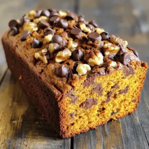- 1 ½ cups all-purpose flour - 1 teaspoon baking soda - ½ teaspoon baking powder - ½ teaspoon salt - 1 teaspoon ground cinnamon - ½ teaspoon ground nutmeg - ¼ teaspoon ground ginger - ½ cup sugar - ½ cup packed brown sugar - ½ cup vegetable oil - 1 cup pumpkin puree - 2 large eggs - 1 teaspoon vanilla extract - 1 cup chocolate chips - ½ cup chopped walnuts (optional) To make the best chocolate chip pumpkin bread, start with these ingredients. Each one adds a unique flavor and texture. Dry Ingredients: The flour gives the bread structure. Baking soda and baking powder help it rise. Salt brings out the flavors. Cinnamon, nutmeg, and ginger add warmth and spice. Wet Ingredients: Sugar and brown sugar keep the bread sweet and moist. Oil adds richness. Pumpkin puree is the star. It keeps the bread soft and adds a nice, earthy taste. Eggs help bind everything together, and vanilla extract adds depth. Mix-ins: Chocolate chips add sweetness and richness. Walnuts bring a nice crunch. You can skip the walnuts if you want a smoother texture. For the full recipe, check the section with all the steps. This ingredient list sets you up for success in making a tasty chocolate chip pumpkin bread. 1. Preheat oven and prepare loaf pan First, set your oven to 350°F (175°C). Then, take a 9x5-inch loaf pan. Grease it or line it with parchment paper. This helps the bread come out easily. 2. Whisking dry ingredients In a medium bowl, mix together the dry ingredients. You need 1 ½ cups of flour, 1 teaspoon of baking soda, ½ teaspoon of baking powder, and ½ teaspoon of salt. Add 1 teaspoon of ground cinnamon, ½ teaspoon of ground nutmeg, and ¼ teaspoon of ground ginger. Whisk these until well combined. 3. Combining the wet ingredients In a larger bowl, combine your sugars. Use ½ cup of granulated sugar and ½ cup of brown sugar. Pour in ½ cup of vegetable oil. Mix these until smooth. You can use a hand mixer or just a whisk. Then, add 1 cup of pumpkin puree, 2 large eggs, and 1 teaspoon of vanilla extract. Mix until everything is smooth and blended well. 4. Incorporating dry into wet Slowly add the dry mixture to the wet mixture. Mix just until you don’t see any flour streaks. Be careful not to overmix. Overmixing can make the bread tough. 5. Pouring batter and smoothing top Gently fold in 1 cup of chocolate chips and walnuts if you want. Then, pour the batter into your prepared loaf pan. Use a spatula to smooth the top. 6. Baking time and doneness check Place the loaf pan in the oven. Bake for 60 to 70 minutes. Check doneness by inserting a toothpick into the center. If it comes out clean or with a few moist crumbs, it’s done. Enjoy making this Chocolate Chip Pumpkin Bread! For the full recipe, check the recipe section above. One common mistake is overmixing the batter. Mix until just combined. Overmixing can make your bread tough. Another mistake is not checking for doneness. Use a toothpick to test in the center. If it comes out clean, your bread is ready. You can boost flavor by adding spices. Consider using cloves or allspice. They add warmth and depth. You can also use different types of chocolate. Dark chocolate chips give a rich taste. Milk chocolate adds sweetness. Choose what you love! Enjoy your pumpkin bread warm or toasted. It tastes great fresh from the oven. You can also pair it with spreads. Cream cheese or butter works well. Try adding a drizzle of honey for more flavor. This makes each slice a treat! For the full recipe, check the recipe section above. {{image_2}} When you make chocolate chip pumpkin bread, you can play around with the recipe. Here are a few fun variations to try. - Using whole wheat flour or gluten-free flour: Whole wheat flour gives a nutty taste and adds fiber. You can also use gluten-free flour if needed. It works well and keeps the bread moist. - Reducing sugar amounts: You can cut down the sugar by a third. The bread will still taste sweet thanks to the pumpkin. You can also use honey or maple syrup for a different flavor. - Adding dried fruits or nuts: Try adding raisins, cranberries, or dried apricots for a fruity twist. Chopped nuts like pecans or almonds add a nice crunch, too. - Using different types of chocolate: Dark chocolate chips bring a rich flavor. You can also mix in white chocolate or peanut butter chips for a fun change. - Incorporating cranberries or apples: Adding fresh cranberries gives a tart contrast to the sweet pumpkin. Chopped apples add moisture and a fruity bite. - Adding peppermint for holiday twists: For a festive feel, mix in a little peppermint extract. This works great during the winter months and adds a fresh taste. You can find the full recipe for this delightful treat and start experimenting today! You can store your chocolate chip pumpkin bread at room temperature. Just let it cool completely first. Wrap it tightly in plastic wrap. This keeps it fresh and moist. You can also place it in an airtight container. This way, it stays tasty for up to three days. If you want to keep your bread longer, freezing is a great option. First, wrap the loaf in plastic wrap. Then, put it in a freezer bag. This helps avoid freezer burn. You can freeze it for up to three months. To thaw, take it out and leave it at room temperature. This usually takes a few hours. You can also microwave it for a quick thaw. Just be careful not to heat it too long. Chocolate chip pumpkin bread can last around 5 to 7 days when stored well. Signs of spoilage include mold or an off smell. If you notice any of these signs, it's best to throw it away. Always trust your senses when it comes to food safety. Yes, you can use fresh pumpkin. Fresh pumpkin gives your bread a bright taste. Start by cutting a pumpkin in half. Remove the seeds and stringy parts. Roast the halves in the oven at 400°F until soft. It usually takes about 40 minutes. Once cool, scoop the flesh out and mash it. You will need about 1 cup of fresh puree for this recipe. Using fresh pumpkin can make your bread richer and more flavorful. If you want a vegan option, there are many egg substitutes. You can use ground flaxseed or chia seeds. Mix one tablespoon of either with three tablespoons of water. Let it sit for a few minutes until it thickens. You can also use unsweetened applesauce. Use one-fourth cup of applesauce for each egg. This will keep your bread moist and tasty. To check if your bread is done, use a toothpick. Insert it into the center of the loaf. If it comes out clean or with a few crumbs, it is ready. You can also gently press the top of the bread. It should spring back when it is done. If it sinks or feels wet, bake it a bit longer. Yes, you can make mini loaves! You will need to adjust the baking time. Fill each mini pan about two-thirds full with batter. Bake for about 30-35 minutes. Check them for doneness using the toothpick test. Mini loaves are fun and perfect for gifts or snacks. Enjoy your baking adventure! For the full recipe, check the main sections above. This blog post shared a simple and tasty recipe for chocolate chip pumpkin bread. We explored the dry and wet ingredients, mixing them step-by-step. I gave tips on avoiding mistakes and boosting flavor. You can even try healthier variations or seasonal twists. Finally, I covered storage tips to keep your bread fresh. Enjoy making this recipe and share it with friends for a sweet treat!