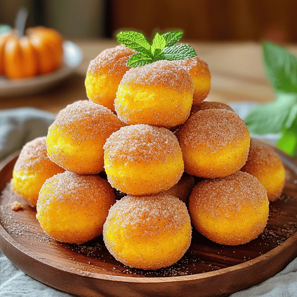 - 1 cup canned pumpkin puree - 1 ½ cups all-purpose flour - ¾ cup brown sugar Canned pumpkin puree gives these donut holes their rich flavor and moist texture. It is easy to work with and full of nutrients. All-purpose flour forms the base for our donut holes, providing structure. Brown sugar adds sweetness and a hint of caramel flavor. - 1 teaspoon baking powder - ½ teaspoon baking soda - 1 teaspoon ground cinnamon - ½ teaspoon ground nutmeg - ¼ teaspoon ground ginger Baking powder and baking soda help the donut holes rise, making them light and fluffy. The spices bring warmth and depth. Ground cinnamon, nutmeg, and ginger create that cozy fall flavor we love. - ½ cup milk - 1 large egg - 2 tablespoons melted butter - 1 teaspoon vanilla extract Milk keeps the batter moist, while the egg acts as a binder. Melted butter adds a rich taste and helps with texture. Vanilla extract enhances the flavor, making each bite delicious. With these ingredients, you will create warm, tasty pumpkin donut holes that everyone will love! Start by mixing the wet ingredients. In a large bowl, combine 1 cup of canned pumpkin puree, ½ cup of milk, 1 large egg, 2 tablespoons of melted butter, and 1 teaspoon of vanilla extract. Whisk everything until it is smooth and well mixed. Next, we combine the dry ingredients. In a separate bowl, whisk together 1 ½ cups of all-purpose flour, ¾ cup of brown sugar, 1 teaspoon of baking powder, ½ teaspoon of baking soda, 1 teaspoon of ground cinnamon, ½ teaspoon of ground nutmeg, ¼ teaspoon of ground ginger, and ¼ teaspoon of salt. Make sure the dry mix is fully blended. Now, gradually add the dry mixture to the wet mixture. Stir gently until just combined. A few lumps are okay. Do not overmix; this keeps the donut holes fluffy. First, preheat your air fryer to 350°F (175°C). This ensures even cooking. While it preheats, let the batter rest for about 10 minutes. This helps the flavors meld together. Next, prepare the air fryer basket. Lightly spray it with non-stick cooking spray. This prevents the donut holes from sticking. Now, drop the batter into the fryer. Use a small cookie scoop or a tablespoon to drop rounded balls of batter into the basket. Leave some space between each one. They will expand as they cook. Air fry the donut holes for 8-10 minutes. They should turn golden brown and be cooked through. To check doneness, insert a toothpick into one. It should come out clean. Once cooked, toss the donut holes in cinnamon sugar right away. This coats them evenly while they are still warm. Let them cool for a few minutes before serving. Enjoy your tasty treat! To make fluffy donut holes, avoid overmixing. When you mix the wet and dry ingredients, stop when just combined. A few lumps are okay; they help keep your donut holes light. Ingredient temperature matters too. Use room temperature milk and eggs. This helps the batter mix better and rise well in the air fryer. Spices give these donut holes their warm flavor. I suggest using ground cinnamon, nutmeg, and ginger. You can also add a pinch of allspice for an extra kick. For coating, cinnamon sugar works great. Mix ¼ cup sugar with 1 tablespoon cinnamon. If you want something different, try powdered sugar or a chocolate glaze for a sweet twist. To serve, arrange the donut holes on a plate like a pyramid. Sprinkle extra cinnamon sugar on top for flair. You can also add fresh mint leaves for a pop of color. Pair these tasty treats with warm apple cider or a cup of coffee. They make a perfect snack for fall gatherings or cozy mornings at home. {{image_2}} You can make these pumpkin donut holes a bit healthier. Start by swapping all-purpose flour for whole wheat flour. It adds fiber and nutrients. You can also use alternative sweeteners like maple syrup or coconut sugar. They can bring a new flavor and cut down on refined sugars. If you want to skip the egg, there are easy options. Try using one small banana or ¼ cup of unsweetened applesauce. Both will keep your donut holes moist without eggs. These swaps make the treat friendly for various diets. To make your donut holes even more exciting, try adding chocolate chips or nuts. Semi-sweet chocolate chips give a sweet touch. Chopped walnuts or pecans add crunch and depth. You could even mix in caramel bits for a sweet surprise. Infusing with extra spices can also change the flavor. Try adding allspice or cloves for a warm kick. A dash of vanilla or a hint of orange zest can make your donut holes pop with flavor. These twists keep each batch unique and fun. Air frying is great, but you can choose other methods too. Baking the donut holes gives a lighter texture. Preheat your oven to 350°F (175°C) and bake for 12-15 minutes. Check that they turn golden brown. For a classic taste, you can fry them in oil. Heat oil in a deep pot to 350°F (175°C). Fry small batches until golden brown for a crispy outside. This method adds a rich flavor but uses more oil. Each method creates a different treat to enjoy. To keep your air fryer pumpkin donut holes fresh, use an airtight container. I recommend a glass or plastic container with a tight seal. Place parchment paper between layers to avoid sticking. Store them at room temperature for up to two days. If you need to keep them longer, refrigerate them for about a week. To enjoy your donut holes warm, the air fryer is the best choice. Preheat your air fryer to 350°F (175°C). Place the donut holes in the basket in a single layer. Heat them for about 3-5 minutes. This will bring back their crispy texture. You can also use the microwave. Heat them for about 10-15 seconds. This method is quick but may make them softer. You can freeze these donut holes before or after cooking. If freezing before cooking, scoop the batter into balls and place them on a baking sheet. Freeze until solid and then transfer them to a freezer bag. They can stay frozen for up to three months. If you freeze them after cooking, wait until they cool. Store them in an airtight container or freezer bag for up to two months. Yes, you can use fresh pumpkin. To prepare fresh pumpkin, start by selecting a small sugar pumpkin. Cut it in half and scoop out the seeds. Place the halves cut-side down on a baking sheet. Bake at 350°F (175°C) for 45 minutes or until soft. Once cool, scoop out the flesh and mash it until smooth. This makes a great substitute for canned pumpkin. You can use several substitutes for eggs. One option is to use 1/4 cup of unsweetened applesauce for each egg. Another choice is 1 tablespoon of ground flaxseed mixed with 2.5 tablespoons of water. Let it sit for a few minutes to thicken. Both options work well in this recipe and keep the donut holes moist. Yes, you can make these donut holes ahead of time. Prepare the batter and shape the donut holes. Then, place them on a tray and freeze them until solid. Transfer the frozen donut holes to a zip-top bag for easy storage. When ready to eat, air fry them directly from the freezer. Just add a couple of extra minutes to the cooking time. Enjoy them warm and fresh! In this post, we explored how to make delicious air fryer pumpkin donut holes. We covered key ingredients like pumpkin puree, spices, and wet ingredients. I shared step-by-step instructions for preparing and cooking them perfectly. You learned helpful tips to enhance flavor, texture, and serving ideas. We also discussed variations and best storage methods. These donut holes are a fun treat. Enjoy trying different flavors and make them your own!