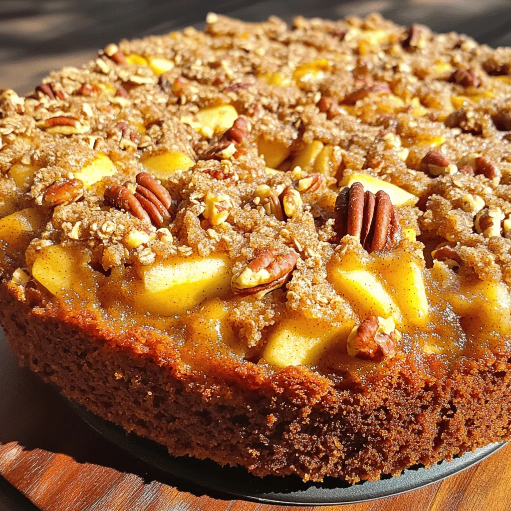 - 2 cups all-purpose flour - 1 ½ cups granulated sugar - 1 tsp baking powder - 1 tsp baking soda - ½ tsp salt - 1 tsp ground cinnamon - ½ tsp ground nutmeg - 1 cup unsalted butter, softened - 3 large eggs - 1 tsp vanilla extract - 2 cups peeled and chopped apples (preferably Granny Smith) - 1 cup pecans, chopped - ½ cup packed brown sugar - ¼ cup rolled oats - ½ tsp ground cinnamon The ingredients for the Apple Pecan Cake are simple yet essential for great flavor. First, let’s explore the dry ingredients. The flour gives structure, while the sugar adds sweetness. Baking powder and soda help the cake rise, and salt enhances all the flavors. Cinnamon and nutmeg bring warmth and depth. Next, we have the wet ingredients. Softened butter creates a rich texture. Eggs add moisture and help bind everything. Vanilla extract offers a sweet note, and the chopped apples bring tartness and freshness. Granny Smith apples work best here, as they hold up well in baking. Finally, the toppings add a delightful crunch. Chopped pecans provide nutty flavor and texture. Brown sugar gives sweetness and caramel notes, while rolled oats and cinnamon create an inviting crispy layer. When you combine these ingredients outlined in the Full Recipe, you create a cake that is both comforting and delicious. 1. Preheat your oven to 350°F (175°C). This step is key for even baking. 2. Grease and flour a 9x13 inch baking pan. This helps the cake release easily. 1. In a large bowl, whisk together the dry ingredients. Include flour, sugar, baking powder, baking soda, salt, cinnamon, and nutmeg. This gives your cake flavor. 2. In another bowl, cream together the softened butter and eggs. Mix until smooth. Then add in the vanilla extract. This adds richness. 1. Gradually combine the dry and wet mixtures. Stir until just combined. Avoid overmixing for a light cake. 2. Gently fold in the apples and pecans. Make sure they are evenly distributed for great taste in every bite. You can find the full recipe [here](#). Enjoy the process! - Make sure your butter is at room temperature. This helps it cream better. - Insert a toothpick into the center of the cake to check if it's done. If it comes out clean, your cake is ready! - If you want, you can use brown sugar instead of granulated sugar. This adds a nice flavor. - Try using different apples, like Fuji or Honeycrisp, for a sweeter taste. You can also swap pecans for walnuts or almonds if you prefer. - Serve the cake warm with a scoop of vanilla ice cream on top. It melts a bit and tastes amazing! - Pair your cake with coffee or tea. The warm spices in the cake go great with these drinks. For the complete recipe, check out the [Full Recipe]. {{image_2}} You can add more flavor to your Apple Pecan Cake by using spices. Try adding ginger or cloves for a warm kick. These spices pair well with apples and pecans. You can also mix in dried fruits like raisins or cranberries. This adds sweetness and texture to the cake. Each bite will surprise your taste buds! If you need a gluten-free option, you can use gluten-free flour. It works well in this recipe. For those who want a vegan cake, replace the eggs with applesauce. You can also use coconut oil instead of butter. These swaps keep the cake moist and tasty. Everyone can enjoy this delicious treat! You can change the size and shape of your cake. Bake it in different pan sizes for varied thickness. A round pan gives you a classic look. You can also make cupcakes or muffins. This makes serving easy for gatherings or lunchboxes. Plus, they bake faster than a full cake. Enjoy the fun of baking your way! To store your Apple Pecan Cake, let it cool first. Once cool, cover it with plastic wrap or foil. This keeps the cake moist and fresh. You can also place it in an airtight container. It will last in the fridge for about five days. If it’s hot outside, refrigerate it to avoid spoilage. If you want to keep the cake longer, freezing is a great option. Cut the cake into slices for easy serving. Wrap each slice in plastic wrap, then put them in a freezer bag. This keeps them fresh for up to three months. To enjoy, thaw the slices overnight in the fridge. Reheat them in the microwave for a few seconds, and they’ll taste fresh again. At room temperature, the cake lasts about two days. Make sure to keep it covered to protect it from air. Look for signs of spoilage, like mold or an off smell. If the cake feels dry or crumbly, it’s best to toss it. For the best flavor, eat it while it’s fresh. This is when the apples and pecans shine the most. For the full recipe, check the section above. To make the Apple Pecan Cake, follow these steps: 1. Preheat your oven to 350°F (175°C). Grease and flour a 9x13 inch baking pan. 2. In a large bowl, mix the dry ingredients: flour, sugar, baking powder, baking soda, salt, cinnamon, and nutmeg. 3. In another bowl, cream the softened butter until smooth. 4. Add the eggs, one at a time, and mix well. Then add the vanilla extract. 5. Slowly add the dry ingredients to the wet mixture until just combined. 6. Gently fold in the chopped apples and pecans. 7. Pour the batter into the prepared pan. Smooth it out with a spatula. 8. For the topping, mix brown sugar, oats, and cinnamon in a small bowl. Sprinkle it on top of the batter. 9. Bake for 35-40 minutes. Check with a toothpick; it should come out clean. 10. Cool the cake in the pan for about 10 minutes, then move it to a wire rack. This process makes a delightful cake you can enjoy with friends and family. For the full recipe, check out the recipe section above. Yes, you can use other nuts in this recipe. Here are some great options: - Walnuts: They add a rich taste and crunch. - Almonds: Sliced almonds give a nice texture. - Hazelnuts: These offer a unique flavor twist. - Cashews: They add creaminess and a soft crunch. Feel free to experiment with your favorite nuts. Just chop them up and add them like pecans. If your cake turns out dry, don't worry. Here are some tips to fix it: - Check your oven temperature. An oven that is too hot can dry out cakes. - Use fresh apples, as they add moisture. Granny Smith works well here. - Add a bit of applesauce to the batter next time. It keeps the cake moist. - Cover the cake with foil while baking if it browns too fast. These steps can help you achieve a moist and tasty cake every time. In this post, we covered the ingredients for a delicious apple pecan cake. We explored both dry and wet components, plus tasty toppings. I shared clear steps to mix and bake your cake perfectly. I offered tips and variations to make this cake your own. Baking can be fun and rewarding. With this recipe, you can impress friends and family. Enjoy your time in the kitchen and savor every bite of your cake!