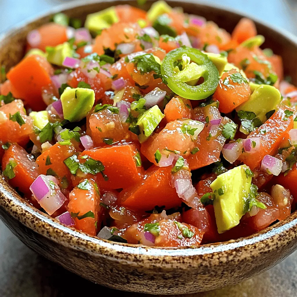 Salsa comes in many styles. Each type brings unique flavors and textures. The classic tomato salsa is bright and fresh. You can also find fruit salsas like mango or pineapple. These add a sweet twist. A green salsa uses tomatillos and cilantro. It has a tangy kick. If you love heat, try a spicy salsa with extra peppers. Each type suits different dishes and tastes. To make a classic salsa, gather these simple ingredients: - 4 ripe tomatoes, diced - 1/2 cup red onion, finely chopped - 1 jalapeño, deseeded and minced - 1/4 cup fresh cilantro, chopped - 2 cloves garlic, minced - 1 lime, juiced - Salt and pepper to taste - 1 teaspoon cumin - Optional: 1 avocado, diced These ingredients blend well together. They create a vibrant and tasty salsa. The tomatoes serve as the base. The onion adds crunch and flavor. Jalapeño gives heat, while cilantro adds freshness. Garlic brings depth. Lime juice enhances all these flavors. Adding avocado gives a creamy texture. You can find the full recipe for this salsa above. Fresh ingredients change everything. They make your salsa bright and full of flavor. Use ripe tomatoes for the best taste. Fresh herbs like cilantro add a burst of freshness. Avoid dried herbs, as they lack flavor. Fresh lime juice brightens the mix. When you use fresh, your salsa will stand out. It will taste better and be healthier, too. Always choose the best ingredients for the best results. To make the best homemade salsa, gather these key ingredients: - 4 ripe tomatoes, diced - 1/2 cup red onion, finely chopped - 1 jalapeño, deseeded and minced - 1/4 cup fresh cilantro, chopped - 2 cloves garlic, minced - 1 lime, juiced - Salt & pepper to taste - 1 teaspoon cumin - Optional: 1 avocado, diced These ingredients bring bright flavors to your table. Fresh tomatoes provide sweetness. The red onion adds a nice crunch and a bit of bite. Jalapeños bring heat, but you can control this by removing the seeds. Cilantro gives a fresh, herbal note. Garlic adds depth, while lime juice brightens it all up. Cumin rounds out the flavor with a warm, earthy taste. If you love creaminess, add avocado for a delightful twist. You can play with these ingredients to change your salsa’s flavor. Try using different tomatoes, like cherry or heirloom, for unique tastes. Switch red onion for green onion for a milder flavor. Want something sweeter? Add diced mango or peach. For a smoky kick, toss in some roasted peppers. Experimenting with these swaps can lead to fun and tasty salsas! The spice level in your salsa is all about the jalapeño. If you want less heat, use half a jalapeño or leave out the seeds. For extra spice, add more jalapeños or even some diced habanero. You can also include a pinch of cayenne pepper. Always taste as you go to find the perfect heat level for you. Everyone has different tastes, so adjust it to match your crowd! For the full recipe, you can check out Zesty Fiesta Salsa . Start by washing all your fresh ingredients. I like to use ripe tomatoes for a sweet taste. Dice them into small pieces. Next, chop the red onion finely. This adds a nice crunch. If you enjoy heat, take a jalapeño, deseed it, and mince it. Always wear gloves to avoid touching your eyes! Finally, chop the fresh cilantro and mince the garlic. These ingredients will create a vibrant base for your salsa. In a medium-sized mixing bowl, add the diced tomatoes and chopped red onion. Then, toss in the minced jalapeño and cilantro. This mix brings out the colors and flavors. Next, stir in the minced garlic for a bold flavor. Squeeze one lime over the mixture. This adds a refreshing zing. Season with salt, pepper, and cumin. Mix everything well so each bite is packed with flavor. If you like creamy texture, fold in diced avocado now. Taste your salsa and adjust the seasoning if needed. Cover your bowl with plastic wrap. Place it in the fridge for at least 30 minutes. This chilling time allows the flavors to blend and deepen. The longer you chill, the better the taste! When you take it out, you’ll notice how the salsa has come together. It will be ready to serve with chips or as a topping for your favorite dishes. With this method, you ensure a delicious and zesty experience with every bite! For the complete guide, check the Full Recipe. {{image_2}} Letting your salsa sit is key. I recommend chilling it for at least 30 minutes. This waiting time helps flavors blend. The salt draws out juices from the tomatoes. It makes everything taste better. If you can, let it marinate longer, even overnight. This way, you get a burst of flavor in every bite. Many people rush their salsa. Don't skip chopping ingredients finely. Big chunks can ruin the texture. Also, avoid using old ingredients. Fresh tomatoes and herbs bring life to your dish. Be careful with salt. Too much can overwhelm the taste. Always start with a little, then adjust to your liking. When serving salsa, use a nice bowl. A bright dish adds to the fun. Pair your salsa with tortilla chips, tacos, or grilled meats. For a twist, serve it over fish or chicken. It adds a fresh touch. Remember to keep it cool if it's warm outside. Enjoy your salsa with friends and family for a great time! Mango salsa brings a vibrant flavor to your table. To make it, start with ripe mangoes. You want them to be juicy and sweet. Combine the mangoes with diced red onion and fresh cilantro. Add lime juice for a zesty kick. This salsa pairs well with grilled fish or chicken. The sweetness of mango balances spicy dishes nicely. If you love heat, try spicy salsa. Start with your classic salsa base. Use the same ingredients as zesty fiesta salsa. Now, increase the number of jalapeños or add serrano peppers. You can also include a dash of hot sauce for more heat. This salsa is great with tortilla chips or on tacos. It adds excitement to any meal. Roasted tomato salsa gives a smoky flavor. Start by grilling your tomatoes and jalapeños. This adds depth to the taste. Once roasted, chop them up and mix with red onion and cilantro. Don’t forget lime juice for brightness. The roasted flavors pair perfectly with grilled meats. This salsa is a standout at summer barbecues. For detailed recipes, check out the Full Recipe section. To keep your homemade salsa fresh, store it in an airtight container. Glass jars work well. Make sure to leave some space at the top. This allows for any expansion if the salsa ferments a bit. Always use a clean spoon when serving from the jar. This prevents germs from getting in. Fresh salsa can last about 5 to 7 days in the fridge. Make sure your fridge is set at 40°F or lower. If you notice any mold or a bad smell, throw it out. Always check before using. The flavor may change as it sits, so it's best to eat it fresh. You can freeze salsa if you want to keep it longer. Use a freezer-safe container and leave space at the top. Salsa can last for up to 3 months in the freezer. When you’re ready to use it, thaw in the fridge overnight. The texture may change, so it’s best for cooking or mixing into dishes. For a delicious option, try using the Zesty Fiesta Salsa in your favorite recipes. Homemade salsa can last about 3 to 5 days in the fridge. To keep it fresh, store it in an airtight container. The flavors may get stronger as it sits, making it even tastier. Always check for any off smells or changes in texture before eating. Yes, you can make salsa without tomatoes! You can use fruits like mango, pineapple, or even corn. These options give a sweet twist that is fun and fresh. Just mix your choice of fruit with onion, lime, and spices to create a new flavor. The best tomatoes for salsa are Roma tomatoes. They are sweet and firm, which makes them great for chopping. Other good choices include vine-ripened tomatoes and heirloom varieties. Always pick ripe tomatoes for the best flavor. To make salsa less spicy, remove the seeds from the jalapeño. You can also add more tomatoes to balance the heat. If you want to cool it down even more, mix in some diced avocado or a bit of sugar. You can use dried herbs in salsa, but fresh is better. Dried herbs are more potent, so use less. A good rule is to use one-third of the amount. Dried herbs can add a nice flavor, but fresh herbs make the salsa bright and lively. Homemade salsa adds flavor to any dish. We explored various types and important ingredients. Freshness is key for the best taste. You learned ingredient tips and how to adjust spice levels. Remember, the best salsa comes from simple, quality ingredients. Experimenting with different flavors will keep it fun and exciting. Enjoy making salsa that suits your taste. Happy salsa making!