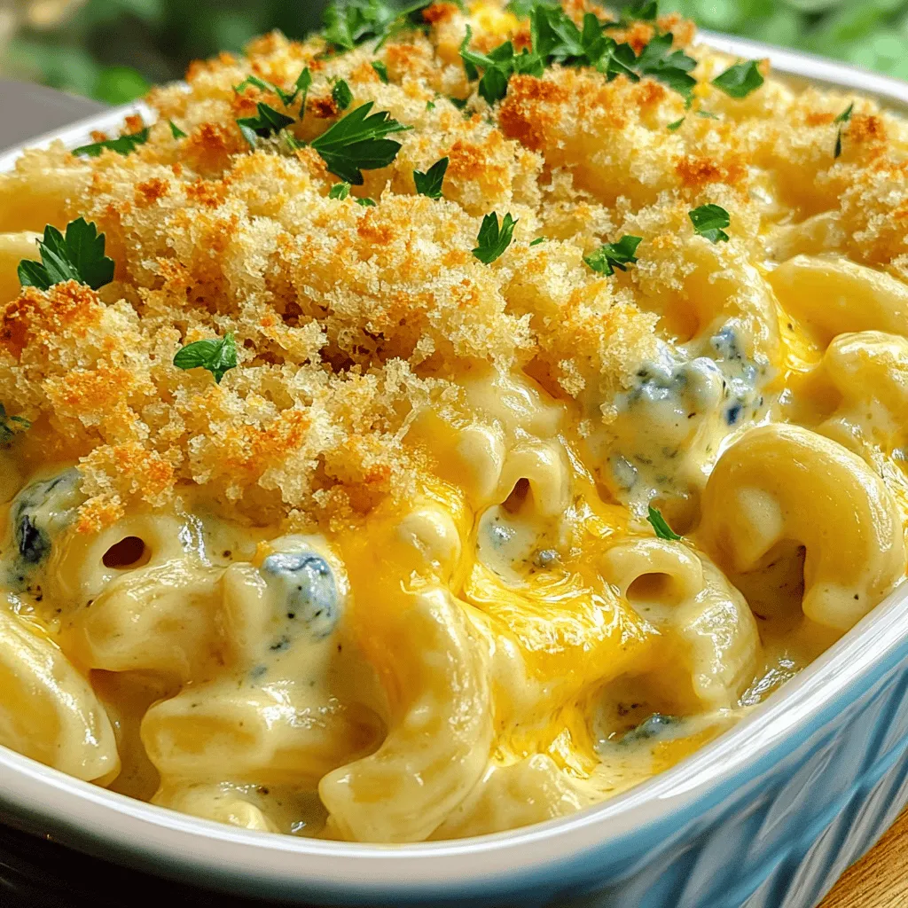 To make this creamy delight, you will need: - 2 cups elbow macaroni - 4 cups shredded sharp cheddar cheese - 2 cups shredded mozzarella cheese - 1 cup crumbled blue cheese - 1 cup grated Parmesan cheese - 4 cups milk (whole or 2%) - 4 tablespoons unsalted butter - 4 tablespoons all-purpose flour - 1 teaspoon garlic powder - 1 teaspoon onion powder - Salt and pepper to taste - 1 cup breadcrumbs (optional, for topping) For the best taste, I suggest using sharp cheddar for its bite. Mozzarella adds creaminess, while blue cheese gives a rich depth. Parmesan brings a nice saltiness that ties all the flavors together. These cheeses work well to create a balanced and delicious dish. If you want to mix things up, try using different pasta shapes like shells or cavatappi. You can swap the blue cheese for goat cheese if you prefer a milder flavor. For a lighter option, consider using low-fat milk. You can also leave out the breadcrumbs or use gluten-free options if needed. Check out the Full Recipe for more tips! Start by boiling water in a large pot. Add salt to the water for flavor. Once the water boils, add 2 cups of elbow macaroni. Cook it according to the package instructions until it is al dente, about 7-8 minutes. This means it should be firm but not hard. When it’s done, drain the macaroni and set it aside. You want to keep it warm while you make the cheese sauce. Next, grab a medium saucepan. Melt 4 tablespoons of unsalted butter over medium heat. Once it melts, stir in 4 tablespoons of all-purpose flour. Cook this mixture for about 2 minutes. This will make a roux, which helps thicken the sauce. Now, gradually whisk in 4 cups of milk. Keep stirring to avoid lumps. Cook this until it thickens, which should take about 5-7 minutes. Then, lower the heat and add 4 cups of shredded sharp cheddar, 2 cups of shredded mozzarella, 1 cup of crumbled blue cheese, and 1 cup of grated Parmesan cheese. Stir until all the cheese melts into a smooth sauce. Finally, mix in 1 teaspoon of garlic powder, 1 teaspoon of onion powder, and season with salt and pepper to taste. Now it's time to combine everything. In a slow cooker, add the cooked macaroni. Pour the cheese sauce over the macaroni. Stir well to coat the pasta evenly. If you like a crispy topping, sprinkle 1 cup of breadcrumbs on top. Cover the slow cooker and set it to cook on low for 3-4 hours or on high for 1.5-2 hours. Once it’s bubbly and heated through, stir again to mix the cheese sauce. Your savory slow cooker four cheese mac and cheese delight is ready to enjoy! For the full recipe, check the earlier section. To keep your cheese sauce smooth, use low heat when melting the cheese. Add your cheese slowly. Stir constantly as you mix in the cheese. This helps it melt evenly. If clumps form, remove the pot from heat. Whisk it until smooth. If you notice it thickening too much, add a splash of milk. This will help. Cooking times can vary by slow cooker. For a low setting, cook for about 3 to 4 hours. On high, it usually takes 1.5 to 2 hours. Check your mac and cheese by stirring it halfway through. If it’s hot and bubbly, it’s ready. Older models may take longer, so keep an eye on it. Serve your mac and cheese warm in bowls or a large dish. For a nice touch, sprinkle fresh herbs on top. Chopped parsley or chives add color and flavor. Pair it with a simple salad for a complete meal. You can also serve it with crusty bread to soak up the cheesy goodness. For more ideas, check the Full Recipe for creative twists! {{image_2}} You can boost your mac and cheese with tasty protein. Try adding cooked bacon for a smoky flavor. Just chop it up and mix it in before serving. If you prefer chicken, use cooked, shredded chicken. It adds great taste and makes this dish more filling. Both options work well with the creamy cheese sauce. Want to add some veggies? Spinach and broccoli are great choices. You can mix in fresh spinach just before serving. For broccoli, steam it first and chop it into small pieces. This way, you get a nutritious boost without losing the creamy goodness of the dish. Plus, the colors from the veggies make it look even more appealing. While the four-cheese blend is amazing, feel free to mix it up. Gouda adds a nice smokiness. Fontina gives a creamier texture. If you like a bit of kick, try pepper jack cheese. Just remember, balance flavors and textures for the best result. Play around with your favorites and discover new combinations that excite your taste buds. For the full recipe, check out the earlier section! After enjoying your slow cooker four cheese mac and cheese, let it cool. Once cool, place leftovers in an airtight container. Store it in the fridge for up to five days. Make sure to label the container with the date. This will help you keep track of freshness. When you're ready to enjoy your leftovers, take them out of the fridge. Place the mac and cheese in a pot over low heat. Stir in a splash of milk to help with creaminess. Heat slowly, stirring often, until warm. You can also use the microwave. Heat in short bursts, stirring in between. This way, the cheese stays smooth. If you want to save some for later, freezing is a great option. Portion the mac and cheese into freezer-safe bags or containers. Make sure to remove as much air as possible. Label each bag with the date. You can freeze it for up to three months. When you’re ready to eat, thaw it overnight in the fridge. Reheat it as mentioned above for the best taste and texture. For the full recipe, check out the complete guide on making this delicious dish. Yes, you can use other pasta shapes. Penne, shells, or cavatappi work well. Just remember to adjust the cooking time. Make sure the pasta is al dente before mixing it with the cheese sauce. This helps it hold its shape while cooking in the slow cooker. To make this dish gluten-free, swap regular pasta for gluten-free pasta. Look for brands made from rice or quinoa. You will also need to use gluten-free flour for the roux. This ensures the cheese sauce remains creamy and thick. Check labels on all ingredients to confirm they are gluten-free. Yes, you can prepare this dish ahead of time. Simply cook the macaroni and make the cheese sauce. Mix them together and store in the fridge. When ready to serve, just transfer it to the slow cooker and heat it. It saves time and keeps the dish fresh. For the full recipe, refer to the earlier section. This blog post covered everything you need for Slow Cooker Four Cheese Mac and Cheese. We discussed the best ingredients and shared tips for a smooth cheese sauce. You learned about tasty variations and how to store leftovers. In the end, this dish offers great flavor and flexibility. You can adjust it to fit your taste and needs. Enjoy making it and sharing it with others!