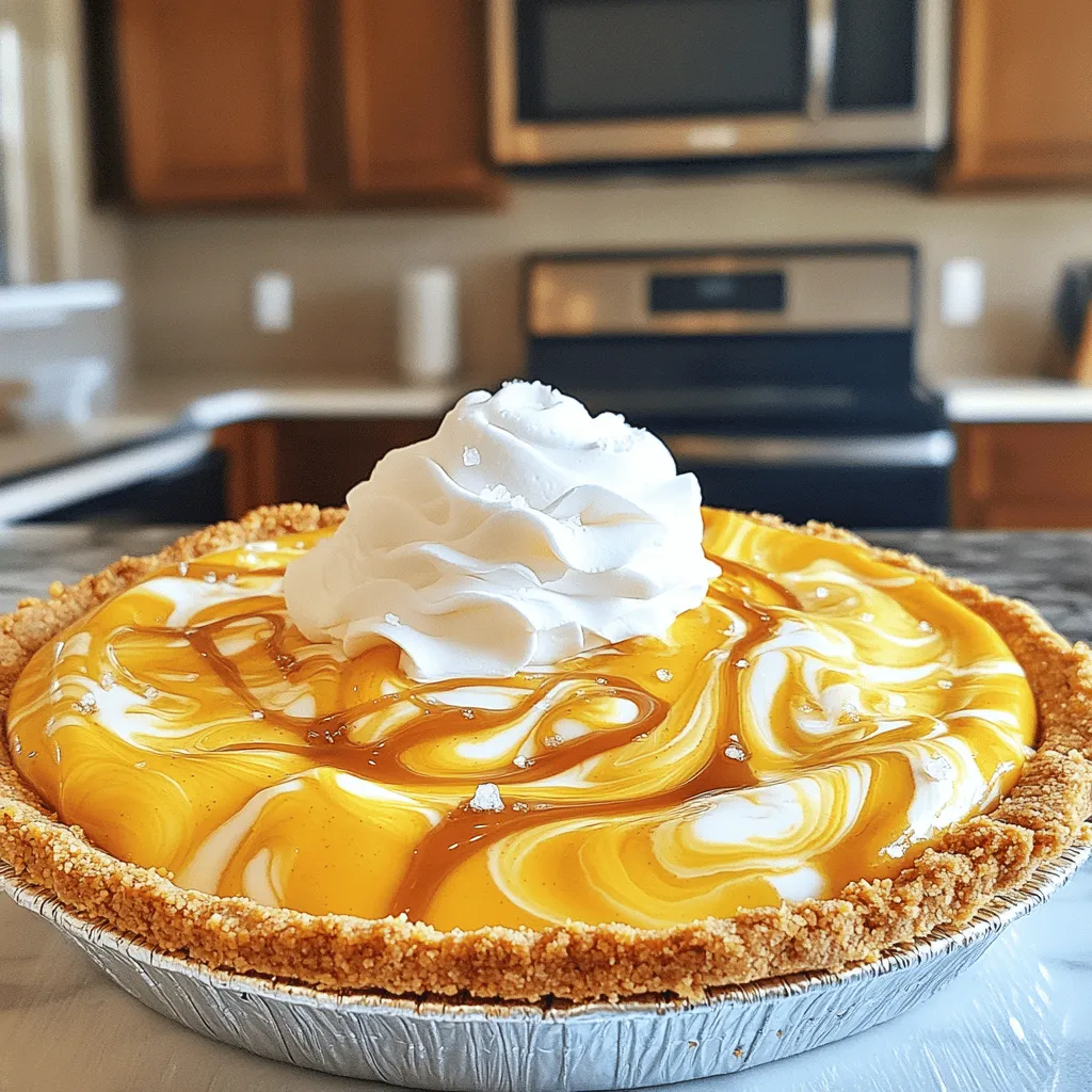To make this delightful pie, gather these essential ingredients: - 1 pre-made graham cracker pie crust - 1 cup pumpkin puree - 1 cup cream cheese, softened - 1/2 cup powdered sugar - 1 teaspoon vanilla extract - 1 teaspoon pumpkin pie spice - 1/2 cup heavy cream - 1/2 cup salted caramel sauce (plus extra for drizzling) - A pinch of sea salt - Whipped cream for topping These ingredients create a creamy, sweet, and spiced filling. The graham cracker crust adds a nice crunch. You can add extra flavors to boost your pie: - Chopped nuts like pecans or walnuts for texture - A dash of cinnamon for warmth - Dark chocolate shavings for richness - A splash of maple syrup for sweetness These options can make the pie even more special. Experiment with what you enjoy most. Having the right tools makes baking easier: - Mixing bowls for combining ingredients - Electric mixer to beat the cream cheese - Rubber spatula to fold in whipped cream - Measuring cups for accurate amounts - Plastic wrap to cover the pie while it chills With these tools, you can create the perfect no-bake pie. Enjoy the process, and have fun! To make the filling, start by taking a mixing bowl. Add the softened cream cheese and powdered sugar. Use an electric mixer to beat them together. Mix until you have a smooth and creamy blend. Next, add the pumpkin puree, vanilla extract, pumpkin pie spice, and a pinch of sea salt. Keep mixing until everything is well combined and smooth. Now, let’s whip the cream! In another bowl, whip the heavy cream until you see soft peaks. This means the cream is fluffy but not too stiff. Take the whipped cream and gently fold it into the pumpkin mixture. Be careful here; you want to keep that air in the cream for a light texture. Once the whipped cream is mixed in, it’s time to add the caramel. Drizzle the salted caramel sauce into the pumpkin filling. Fold it in gently to create swirls. Now, take your pre-made graham cracker crust and spoon the pumpkin filling into it. Smooth the top with a spatula. Cover the pie with plastic wrap and refrigerate it for at least four hours. This helps the filling set nicely. When it’s ready, drizzle more salted caramel on top and add whipped cream before serving. Enjoy! To get the best texture for your pie, always use softened cream cheese. This helps create a smooth and creamy filling. Mix it well with powdered sugar first. When adding pumpkin puree, ensure it is fully combined. Whipping the heavy cream until soft peaks form is key. Gently fold the whipped cream into the pumpkin mix. This keeps the filling light and airy. For a stunning presentation, slice the pie carefully. Place each slice on a nice plate. Drizzle extra salted caramel sauce over the top. A sprinkle of sea salt adds a nice touch. Finish with a dollop of whipped cream on each slice. This makes each piece look gourmet and inviting. One common mistake is not chilling the pie long enough. Make sure to refrigerate for at least four hours. This allows the filling to set properly. Another mistake is over-mixing the whipped cream. Be gentle when folding it in, or you’ll lose that fluffy texture. Lastly, don’t skip the sea salt. It enhances the flavors and balances the sweetness. {{image_2}} You can make a gluten-free pie crust easily. Instead of a graham cracker crust, use crushed gluten-free cookies. You can find these at most grocery stores. Mix the crumbs with melted butter and press them into your pie dish. This way, everyone can enjoy the pie without gluten. To make this pie vegan, swap out the cream cheese and heavy cream. Use vegan cream cheese and coconut cream instead. For the powdered sugar, check that it’s vegan-friendly. This keeps the taste rich and creamy, just like the original recipe. You can still enjoy that salted caramel flavor with vegan options. You can play with flavors in this pie. Add a pinch of cinnamon or nutmeg to the filling for extra warmth. You might also try a sprinkle of cocoa powder for a chocolate twist. Toppings can change the pie too. Instead of whipped cream, use coconut whipped cream for a tropical flair. Drizzle some extra salted caramel on top for a sweet finish. You can even add nuts for crunch! To keep your no-bake salted caramel pumpkin pie fresh, cover it tightly. Use plastic wrap or aluminum foil. You can also place it in a sealed container. Store it in the fridge for up to four days. This will help keep the flavors fresh. Always check for any signs of spoilage before serving. You can freeze this pie if you want to save it for later. Wrap the pie well in plastic wrap and foil. This will stop freezer burn. It stays good in the freezer for about a month. When you're ready to enjoy it, thaw the pie overnight in the fridge. This pie is best served chilled, so reheating is not necessary. If you want it a bit warmer, leave it out for about 30 minutes before serving. This helps bring out the flavors. If you prefer, drizzle with extra salted caramel before serving. This adds a nice touch. Yes, you can use homemade pumpkin puree. Just make sure it is smooth and thick. Strain it if it’s too watery. Homemade puree adds a fresh taste to your pie. You can store the no-bake pie in the fridge for up to five days. Cover it well with plastic wrap to keep it fresh. The flavors will blend nicely over time. Yes, you can make this recipe a day or two in advance. Just chill it in the fridge until you are ready to serve. It saves time and makes hosting easier! In this post, we explored how to make a no-bake salted caramel pumpkin pie. We covered required and optional ingredients, and the right equipment needed. You learned the steps to prepare the filling, mix in whipped cream, and chill the pie. I shared tips for a perfect texture, serving suggestions, and common mistakes to avoid. We also looked at gluten-free and vegan options, storage methods, and answered some common questions. Now you can enjoy this pie any time with confidence!