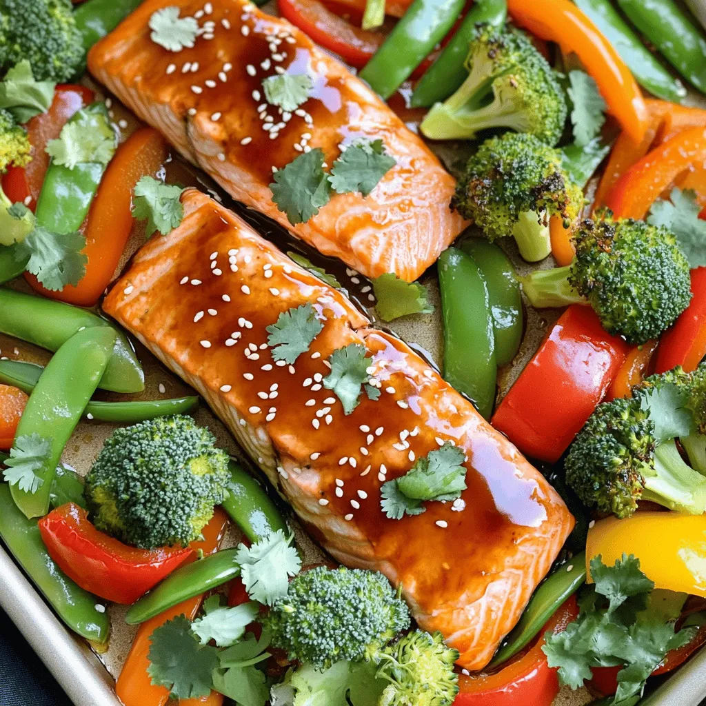 - 4 salmon fillets - 2 tablespoons teriyaki sauce - 1 tablespoon soy sauce - 1 tablespoon honey - 1 tablespoon sesame oil - 1 bell pepper, sliced (any color) - 2 cups broccoli florets - 1 cup snap peas - 1 carrot, thinly sliced - 2 tablespoons sesame seeds (for garnish) - Salt and pepper to taste - Fresh cilantro - Green onions You can swap salmon for chicken or tofu. Both work well with the sauce. If you don't have teriyaki sauce, mix soy sauce with brown sugar. For veggies, use zucchini or asparagus if you like. Don’t have sesame oil? Olive oil is a good choice. Just remember, each swap will slightly change the taste. Adjust to your liking! Start by preheating your oven to 400°F (200°C). This temperature helps cook the salmon and veggies evenly. Next, line a large baking sheet with parchment paper. This makes cleanup easy and keeps the food from sticking. In a small bowl, whisk together the teriyaki sauce, soy sauce, honey, and sesame oil. Mix them well until smooth. This sauce adds a sweet and savory flavor to the dish. Set the bowl aside for now. Place the salmon fillets in the center of your baking sheet. Season them with salt and pepper to taste. Next, arrange the sliced bell peppers, broccoli florets, snap peas, and sliced carrots around the salmon. Make sure to spread the veggies out. Drizzle the teriyaki sauce mixture over the salmon and veggies. Toss the vegetables gently to coat them in the sauce. Bake everything in the oven for about 15-20 minutes. The salmon should flake easily with a fork when done. The veggies will be tender and bright. Once finished, sprinkle sesame seeds and chopped cilantro or green onions on top for a fresh look. To get perfect salmon, start with fresh fillets. Look for bright, shiny skin. It should look moist, not dry. Season the salmon with salt and pepper before cooking. This adds flavor and helps enhance its natural taste. When you bake the salmon, keep an eye on the time. It usually takes 15 to 20 minutes at 400°F. The salmon is done when it flakes easily with a fork. This means it is moist and tender, just how you want it. Choose colorful veggies for a beautiful dish. I like to use bell peppers, broccoli, snap peas, and carrots. Cut the veggies into even pieces for uniform cooking. Slice bell peppers into strips and carrots into thin rounds. Broccoli florets should be bite-sized. This helps them cook at the same rate as the salmon. Toss the veggies with the teriyaki sauce for extra flavor. This also helps them get that nice, glossy look. To cook everything evenly, spread the salmon and veggies out on the baking sheet. Make sure they are not crowded. If they are too close, they will steam instead of roast. Roasting gives a nice, caramelized edge. Rotate the baking sheet halfway through cooking. This ensures even heat and perfect results. If you notice some veggies cooking faster, you can remove them early. Just keep an eye on them to maintain that perfect texture. {{image_2}} You can easily switch the salmon for other proteins. Chicken breasts or thighs work well. They absorb the sauce nicely. Tofu is a great choice for a plant-based meal. It becomes flavorful when marinated. Shrimp is another quick option. Just adjust the cooking time to avoid overcooking. Feel free to mix in other veggies. Asparagus adds a nice crunch. Zucchini slices cook quickly and taste great. Cauliflower florets are a fun option too. You can even toss in baby corn or mushrooms for extra texture. Use whatever veggies you have on hand. This dish is flexible and fun to build upon. You can change the flavor profile easily. Try adding ginger for a spicy kick. A splash of lime juice brightens the dish. Swap teriyaki sauce for hoisin sauce for a twist. You could also add chili paste for heat. Experiment with different spices like garlic powder or onion powder for depth. This way, you'll always enjoy something new! After you enjoy your meal, let the leftovers cool. Place them in an airtight container. You can keep them in the fridge for up to three days. If you plan to eat them later, store them separately. This helps keep the salmon and veggies fresh. To reheat, preheat your oven to 350°F (175°C). Place the salmon and veggies on a baking sheet. Cover them with foil to keep moisture in. Heat for about 10-15 minutes. You can also use a microwave. Use a microwave-safe dish and cover it. Heat in short bursts until warm. If you want to save the dish for later, freezing is a good option. Wrap the salmon and veggies tightly in plastic wrap. Then, place them in a freezer bag. They can last for up to three months in the freezer. When you're ready to eat, move them to the fridge to thaw overnight. Reheat as mentioned above. This keeps the flavors strong and delicious. You should bake salmon and vegetables for about 15 to 20 minutes. The salmon is ready when it flakes easily with a fork. The veggies should be tender yet still bright and crisp. Keep an eye on them, as oven times can vary. Yes, you can use frozen salmon! Just make sure to thaw it first. Place the frozen fillets in the fridge overnight or run them under cold water for about an hour. This helps the salmon cook evenly and taste great. Many sides go well with Teriyaki Salmon and veggies. Some tasty options include: - Steamed rice or jasmine rice - Quinoa for a healthy grain - A fresh green salad with a light dressing - Noodles tossed in sesame oil These sides complement the flavors and add variety to your meal. In this post, I shared a simple way to make sheet-pan teriyaki salmon and veggies. You learned about the key ingredients, step-by-step instructions, and helpful tips. I also covered variations and storage tips to keep your meal fresh. Remember, cooking should be fun and easy. Don’t hesitate to try new ingredients or flavors. Enjoy your cooking journey with this delicious dish!