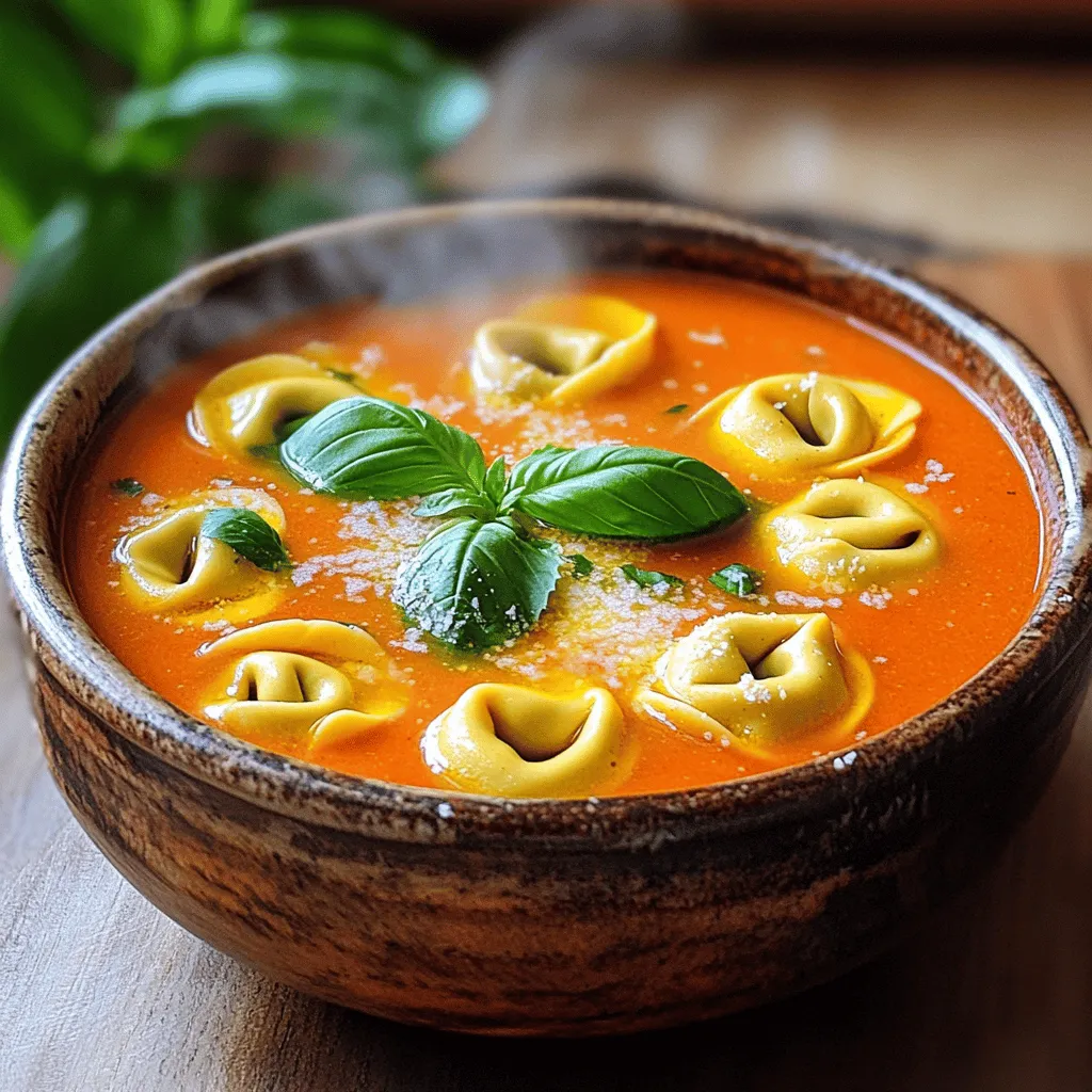 To make this comforting soup, gather these key ingredients: - 2 cups vegetable broth - 1 can (15 ounces) crushed tomatoes - 1 cup heavy cream - 1 package (9 ounces) cheese tortellini - 1 medium onion, diced - 3 cloves garlic, minced - 1 teaspoon dried basil - 1 teaspoon dried oregano - 2 tablespoons olive oil - Salt and pepper to taste These ingredients work together to create a rich and creamy base. The vegetable broth adds depth, while the crushed tomatoes bring a burst of flavor. The heavy cream gives the soup its creamy texture, making each spoonful delightful. To elevate your soup, consider these garnishes and add-ins: - Fresh basil leaves for garnish - Grated Parmesan cheese for serving Fresh basil not only adds color but also enhances the aroma. Parmesan cheese brings a salty kick that pairs well with the creaminess. You can also add cooked protein, like chicken or sausage, for extra heartiness. This soup serves about four people. Each serving contains roughly: - Calories: 370 - Protein: 12g - Carbohydrates: 32g - Fat: 22g These numbers may vary based on the specific brands and types of ingredients you use. The soup is rich in flavors and nutrition, making it a satisfying meal on its own. Enjoy the warmth and comfort of Creamy Tomato Basil Tortellini Soup. To start, grab a large pot and heat two tablespoons of olive oil over medium heat. Once the oil is hot, add one diced onion. Sauté it for about five minutes. You want it to be soft and clear, not brown. Next, stir in three minced garlic cloves and let it cook for one to two minutes. This step adds a lovely aroma to your kitchen. Now, it’s time to add flavor. Pour in one can of crushed tomatoes and two cups of vegetable broth. Add one teaspoon of dried basil and one teaspoon of dried oregano, then stir everything together. Bring the mixture to a gentle simmer. Let it cook for about ten minutes. This will help the flavors blend nicely. After the soup base is ready, reduce the heat to low. Now, add one package of cheese tortellini. Cook the tortellini according to the package instructions, usually about three to five minutes. Watch for them to float to the top; that means they are done! Once the tortellini is ready, stir in one cup of heavy cream. Mix well until the soup turns creamy and smooth. Give it a taste and add salt and pepper as needed. After that, let the soup sit for a couple of minutes to cool down slightly. For serving, ladle the soup into bowls. Garnish with fresh basil leaves and a sprinkle of grated Parmesan cheese on top. This adds a nice touch. Your Creamy Tomato Basil Tortellini Soup is now ready to enjoy! To boost the flavor of your creamy tomato basil tortellini soup, use fresh herbs. Fresh basil adds a brighter taste than dried. You can also add a splash of lemon juice for brightness. A pinch of red pepper flakes gives a nice kick if you like heat. For depth, try adding a bit of sugar to balance the acidity of the tomatoes. Lastly, finish the soup with a drizzle of high-quality olive oil before serving for extra richness. One common mistake is overcooking the tortellini. Follow the package instructions closely. If you cook them too long, they can become mushy. Another mistake is not sautéing the onion and garlic long enough. Properly cooking them adds a sweet and savory base. Avoid adding the cream too early; it can curdle if boiled. Lastly, be mindful with salt. Taste your soup before adding more, as the broth and cheese can be salty. You can serve this soup with crusty bread or a side salad for a full meal. For a twist, try adding cooked chicken or sausage for extra protein. You can also mix in some spinach or kale for added greens. If you want a lighter soup, use half-and-half instead of heavy cream. For a fun presentation, serve it in a bread bowl. Each of these ideas can make your soup feel new and exciting each time you enjoy it! {{image_2}} If you want a vegetarian version, it’s easy! Start by using vegetable broth, which I already suggest. You can keep the cheese tortellini too, as it adds great flavor. For a little extra veggie goodness, toss in some spinach or kale during the last few minutes of cooking. This will make the soup a bit heartier and oh-so-green. Want to add some protein? Chicken or sausage works great! For chicken, use cooked, shredded chicken. Stir it in after you add the heavy cream. For sausage, try Italian sausage. Brown it in the pot before adding the onions. This adds a nice kick and depth of flavor to the soup. If you’re looking for gluten-free options, there are many brands of gluten-free tortellini. They taste just as good! Just cook them according to the package directions and add them to the soup like regular tortellini. You can also use gluten-free pasta shapes if tortellini isn't available. Just make sure to adjust the cooking time as needed. After enjoying your creamy tomato basil tortellini soup, let it cool. Pour the leftover soup into an airtight container. Make sure to seal it tightly. Place the container in the fridge. The soup will stay fresh for about 3 to 4 days. When you're ready to enjoy the soup again, heat it gently. Pour the soup into a pot over low heat. Stir it often to keep it from sticking. This helps the flavors blend. If the soup seems thick, add a splash of vegetable broth or water. Heat it until warm, but don't boil it. You can freeze this soup for later. Use a freezer-safe container or a resealable bag. Leave some space at the top, as the soup will expand. Label the container with the date. The soup can last up to 3 months in the freezer. When you're ready to eat it, thaw it overnight in the fridge. Reheat it on the stove, following the tips above. Enjoy your soup at its best! Yes, you can make this soup ahead of time. Cook the soup, let it cool, and store it in the fridge. It stays fresh for three days. When ready, just reheat it on the stove. This soup tastes even better the next day as the flavors blend well. If you want a lighter option, use half-and-half or whole milk. These options will change the creaminess a bit but still taste great. For a dairy-free choice, try coconut cream or cashew cream. Both add a nice richness without dairy. Absolutely! Fresh tomatoes work well in this soup. Use about six medium-sized tomatoes. Just chop them and cook them down until soft. You may need to add a touch more vegetable broth to keep the soup's consistency. Fresh tomatoes give a bright flavor that many love. This blog post covered how to make creamy tomato basil tortellini soup. You learned about the key ingredients, steps for cooking, and ways to enhance flavor. I shared tips on variations for dietary needs, storage advice, and answers to common questions. In conclusion, this soup is easy and fun to make. You can customize it to fit your taste. Enjoy every bowl filled with warmth and flavor!