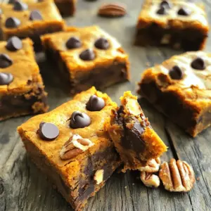 For my Chocolate Chip Pumpkin Blondies, gather these simple items: - 1 cup pumpkin puree - 1/2 cup unsalted butter, melted - 1 cup brown sugar - 1/2 cup granulated sugar - 2 large eggs - 1 teaspoon vanilla extract - 1 1/2 cups all-purpose flour - 1 teaspoon baking powder - 1/2 teaspoon baking soda - 1 teaspoon pumpkin pie spice - 1/2 teaspoon salt - 1 cup chocolate chips (semi-sweet or dark) - 1/2 cup chopped pecans (optional) You can add pecans for extra crunch. They pair well with chocolate and pumpkin. If you love nuts, don't skip this! Need some swaps? Here are ideas: - Use coconut oil instead of butter for a dairy-free option. - Replace eggs with flaxseed meal mixed with water for a vegan treat. - Use gluten-free flour if you avoid gluten. Just make sure it has a good blend for baking. This list makes it easy for you to customize your blondies. Enjoy the baking process! To start, preheat your oven to 350°F (175°C). Grab a 9x13 inch baking pan. Line it with parchment paper. Leave some paper hanging over the sides. This makes it easy to lift out later. In a large mixing bowl, add the melted butter and pumpkin puree. Then, mix in the brown sugar and granulated sugar. Use a whisk to blend everything until smooth. Next, crack in the two large eggs. Add the teaspoon of vanilla extract. Whisk again until well mixed. In another bowl, measure out the flour, baking powder, and baking soda. Then, add the pumpkin pie spice and salt. Whisk these dry ingredients together. Gradually combine them with the wet mixture. Stir gently until just combined. Be careful not to overmix. Now, fold in the chocolate chips. If you like, add chopped pecans too. Pour the batter into your prepared pan. Use a spatula to spread it out evenly. Bake in the oven for 25 to 30 minutes. Check for doneness with a toothpick. It should come out mostly clean. After baking, let the blondies cool in the pan for about 10 minutes. Use the parchment paper to lift them out. Place them on a wire rack to cool completely. Once cool, cut into squares. Now, they're ready to serve! Enjoy the rich and flavorful treat! To get that perfect texture in your blondies, remember these key steps: - Use room temperature ingredients. This helps the batter mix well. - Do not overmix the batter. Stir just until you see no dry flour. - Bake until a toothpick shows a few moist crumbs. This keeps them soft. - Let them cool before cutting. This helps them set properly. Store your blondies in an airtight container. This keeps them moist and tasty. You can keep them at room temperature for up to three days. If you want to save them longer, put them in the fridge for a week. For even longer storage, freeze them! Wrap each piece in plastic wrap and place in a freezer bag. They can last up to three months in the freezer. These blondies are great on their own, but you can make them even better! - Serve warm with a scoop of vanilla ice cream. - Top with whipped cream and a sprinkle of cinnamon. - Pair with a cup of coffee or hot chocolate for a cozy treat. - Cut them into fun shapes for special occasions. The kids will love it! {{image_2}} You can change the flavor of your blondies by adding different mix-ins. Try using white chocolate chips for a sweeter taste. You can also add dried fruit like cranberries for a tangy twist. If you like nuts, swap pecans for walnuts or almonds. Each mix-in gives your blondies a new flair. Experiment with what you love! To make these blondies gluten-free, use a gluten-free flour blend. Many blends work well, so pick one you trust. Make sure it includes xanthan gum for the best texture. The rest of the recipe stays the same. You still get all the rich pumpkin and chocolate flavor without the gluten. It's a great way to share with all your friends! You can make these blondies vegan by swapping out a few ingredients. Use flax eggs instead of regular eggs. Mix one tablespoon of ground flaxseed with three tablespoons of water. Let it sit for five minutes to thicken. For the butter, use coconut oil or vegan butter. This way, everyone can enjoy these sweet treats! To keep your chocolate chip pumpkin blondies fresh, store them in an airtight container. This method helps maintain their soft texture. Place a piece of parchment paper between layers to prevent sticking. You can keep them at room temperature for up to three days. If you want them to last longer, refrigerate them for up to a week. If you want to save some blondies for later, freezing works great. First, let them cool completely. Then, cut them into squares. Wrap each square tightly in plastic wrap. Place the wrapped blondies in a freezer-safe bag or container. They will stay fresh in the freezer for up to three months. When you're ready to enjoy them, just thaw them in the fridge overnight. To warm up your blondies, preheat the oven to 350°F (175°C). Place the blondies on a baking sheet. Heat them for about 5 to 10 minutes. This method keeps them soft and chewy. You can also use the microwave. Heat each square for about 10 to 15 seconds. Enjoy your blondies warm, as the chocolate chips will be melty and delicious! Chocolate Chip Pumpkin Blondies last about 3 to 5 days at room temperature. To keep them fresh, store them in an airtight container. If you want them to last longer, you can freeze them. Just wrap each square tightly in plastic wrap. This way, they stay tasty for up to three months. Yes, you can use fresh pumpkin instead of canned. To do this, cook your pumpkin first. Cut the pumpkin, remove the seeds, and roast it until soft. Then, mash it well. Make sure it has the same texture as canned puree. This will help keep the blondies moist and flavorful. To cut blondies evenly, use a sharp knife. First, let them cool completely. Then, score the top with light cuts before cutting all the way through. You can also warm the knife slightly. This makes cutting easier and helps you get clean edges. You can tell when the blondies are done by using a toothpick. Insert it into the center of the blondies. If it comes out mostly clean, they are ready. A few moist crumbs on the toothpick are fine. This shows they are baked but still soft and chewy. This blog post covered all you need for making chocolate chip pumpkin blondies. We explored ingredients, including optional ones and substitutions. I shared step-by-step instructions for easy baking, plus tips for the perfect texture and storage. We also looked at fun variations to try. With these insights, you can bake delicious blondies that everyone will enjoy! Happy baking and enjoy experimenting with your own twist!