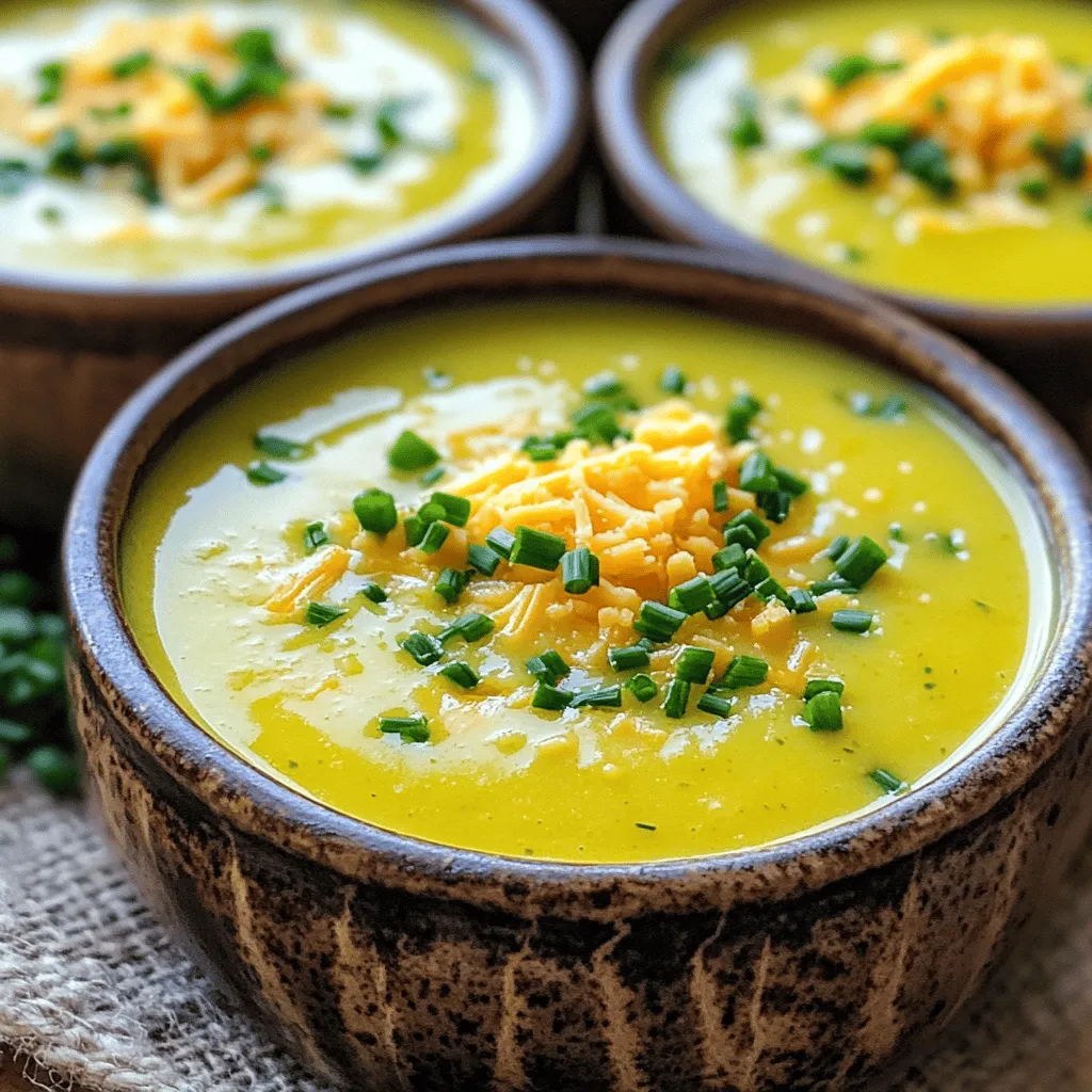 - 4 tablespoons unsalted butter - 1 large onion, finely chopped - 2 cloves garlic, minced - 3 medium-sized potatoes, peeled and diced - 4 cups vegetable broth - 1 cup half-and-half - 2 cups sharp Canadian cheddar cheese, grated These core ingredients build the base of the soup. Unsalted butter adds richness. Onion and garlic give a great aroma. Potatoes add creaminess, while broth provides flavor. Half-and-half brings smoothness. The star, of course, is the sharp Canadian cheddar cheese. - 1 teaspoon Dijon mustard - 1/2 teaspoon smoked paprika - Chopped chives or green onions for garnish Using Dijon mustard adds a subtle tang. Smoked paprika enhances the flavor with a hint of smokiness. Garnishes like chives or green onions bring a fresh touch and color. You can use these options to customize your bowl. - Selecting the best cheddar cheese: Choose sharp Canadian cheddar for the best flavor. Look for cheese that is aged for at least six months. The sharper the cheese, the richer your soup will taste. - Fresh vs. dried herbs: Fresh herbs offer brighter flavors. Use dried herbs if fresh ones are not available. Just remember to adjust the amount, as dried herbs are more potent. By focusing on quality ingredients, you create a soup that warms the soul. Each bite of this Canadian cheddar soup becomes a delightful experience! 1. Start by melting 4 tablespoons of unsalted butter in a large pot over medium heat. 2. Add 1 large onion, finely chopped, and 2 cloves of minced garlic to the pot. 3. Sauté these ingredients until the onion becomes translucent, which takes about 5 minutes. 4. Next, prepare 3 medium-sized potatoes by peeling and dicing them into small cubes. 5. Stir the diced potatoes into the pot, cooking for an additional 2-3 minutes. 6. Pour in 4 cups of vegetable broth and mix it well with the other ingredients. 1. Bring the mixture to a boil, allowing the steam to rise and the flavors to blend. 2. Once boiling, reduce the heat. Let the soup simmer for about 15-20 minutes. 3. Check the potatoes by poking them with a fork. They should feel tender and soft. 1. Use an immersion blender to purée the soup until it becomes smooth and creamy. 2. If you prefer, transfer the soup in batches to a regular blender, but be careful with the hot liquid! 3. After blending, return the soup to low heat in the pot. 4. Stir in 1 cup of half-and-half and 2 cups of grated sharp Canadian cheddar cheese. 5. Allow the cheese to melt completely, creating a rich texture. 6. Add 1 teaspoon of Dijon mustard and 1/2 teaspoon of smoked paprika for extra flavor. 7. Taste the soup and season with salt and pepper as needed. 8. Gently heat the soup through, but be careful not to let it boil again. This soup is now ready to serve! To make your Canadian Cheddar Soup even better, consider using fresh herbs. Fresh chives or thyme can add a nice touch. You can chop them finely and stir them in just before serving. This will create a bright flavor. Adjust spices to match your taste. If you like heat, add a pinch of cayenne pepper. You can also experiment with garlic powder or onion powder for extra depth. Tweak these spices until you find your perfect mix. For soup-making, a heavy-bottomed pot is best. It helps heat soup evenly and prevents burning. Look for pots made of stainless steel or cast iron. These materials hold heat well and last a long time. An immersion blender is also key. It lets you blend the soup right in the pot. This cuts down on mess and prevents burns from hot soup. If you don't have one, a regular blender works too. Just be careful with hot liquids. One big mistake is overcooking the cheese. If you let it boil, it can become grainy. Always stir in the cheese at low heat. This way, it melts smoothly into the soup. Another mistake is not puréeing the soup thoroughly. A chunky soup won’t have the creamy texture you want. Make sure to blend it well until it's smooth. This step is key for that comforting, creamy delight. {{image_2}} You can easily make a vegetarian version of Canadian Cheddar Soup. Just swap the vegetable broth for a rich, homemade vegetable stock. For dairy, use plant-based milk like almond or oat milk. Instead of half-and-half, coconut cream works well. This keeps the soup creamy and rich while being fully vegetarian. Making this soup gluten-free is simple. Ensure your vegetable broth is gluten-free. Some store-bought broths may contain gluten, so always check the label. Use gluten-free Dijon mustard if you're adding that flavor. All other ingredients in this recipe are naturally gluten-free, so you can enjoy this dish worry-free. Want to spice things up? You can add different spices to enhance the flavor. Try a pinch of cayenne pepper for heat or add a dash of nutmeg for warmth. You can also mix in fresh herbs like thyme or rosemary for a fresh taste. Incorporating vegetables can add texture and nutrition. Consider adding carrots, celery, or even broccoli. Just chop them up and add them when you cook the potatoes. They will cook down nicely and add a new layer of flavor to your creamy soup. After enjoying your Canadian Cheddar Soup, you’ll want to store the leftovers properly. This soup keeps well when stored in the right containers. I recommend using: - Airtight glass containers - BPA-free plastic containers - Mason jars for smaller portions These options help keep the soup fresh and prevent spills. Be sure to let the soup cool down to room temperature before sealing it up. This helps avoid condensation, which can make your soup watery. If you want to save some for later, freezing is a great option! To freeze Canadian Cheddar Soup, follow these steps: 1. Allow the soup to cool completely. 2. Pour it into freezer-safe containers. 3. Leave some space at the top. The soup will expand as it freezes. 4. Seal tightly and label with the date. The soup can last up to three months in the freezer. Just remember, the creaminess may change slightly after thawing. When it's time to enjoy your soup again, you have two main options for reheating: - Microwave: Pour your soup into a microwave-safe bowl. Heat it in short intervals, stirring in between. This keeps it from getting too hot in some spots. - Stovetop: Pour the soup into a pot and heat it over medium heat. Stir often to make sure it heats evenly. Both methods work well, but I prefer the stovetop for better flavor and texture. Just be careful not to let it boil after adding any fresh dairy. Enjoy your creamy delight! To make Canadian Cheddar Soup vegan, you can swap some key ingredients. Instead of butter, use olive oil or vegan butter for cooking. Replace half-and-half with coconut cream or cashew cream for richness. Use a vegan cheese that melts well, like cashew-based cheese or a store-bought vegan cheddar. For the broth, ensure it is vegetable-based. These swaps keep the soup creamy and delicious without animal products. For this soup, sharp Canadian cheddar cheese works best. It has a strong flavor that shines through. You can also try aged cheddar for a deeper taste. If you prefer milder cheese, go for medium cheddar. Just remember, the stronger the cheese, the more flavor it adds to your soup. Yes, you can use other types of potatoes. Russet potatoes give a fluffy texture, while Yukon Golds add creaminess. Red potatoes hold their shape and add a nice bite. Each type will change the soup’s texture slightly, so pick one that fits your taste. Canadian Cheddar Soup lasts about 3 to 5 days in the fridge. Store it in an airtight container for best results. When reheating, do it slowly on low heat to prevent the cheese from separating. Always check for freshness before serving. In this blog post, we explored how to make Canadian Cheddar Soup. We covered core and optional ingredients, emphasizing quality choices. The step-by-step instructions guide you through preparation, cooking, and finishing touches. Tips help you avoid common mistakes and enhance flavor. We also shared variations for different diets and storage tips for leftovers. Remember, using great ingredients makes all the difference. Enjoy your cooking and the rich, warm flavors of this comforting soup!