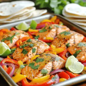 - 4 salmon fillets (6 oz each) - 2 bell peppers (red and yellow), sliced - 1 medium red onion, sliced - 2 tablespoons olive oil - 2 teaspoons chili powder - 1 teaspoon cumin - 1 teaspoon paprika - 1 teaspoon garlic powder - 1/2 teaspoon cayenne pepper (optional for extra heat) - Salt and pepper to taste - Juice of 1 lime - Fresh cilantro, chopped, for garnish - 8 small flour tortillas (for serving) The main star of this dish is the salmon fillets. They are rich in flavor and full of healthy fats. The colorful bell peppers and red onion add crunch and sweetness. The spices create a bold taste that pairs well with the salmon. You can adjust the spice level to fit your taste by adding cayenne pepper. - Additional toppings: avocado, sour cream, or cheese - Alternative vegetables: zucchini, corn, or cherry tomatoes You can customize this recipe with your favorite toppings. If you love creamy textures, add avocado or sour cream. For an extra kick, sprinkle some cheese on top. You can also mix in other veggies like zucchini or corn to brighten the dish. These options let you make it your own! - Preheating the oven: Start by turning on your oven to 400°F (200°C). This helps the salmon cook evenly and keeps the veggies crisp. - Preparing the vegetables: Slice two bell peppers, one red and one yellow. Also, slice one medium red onion. Spread these colorful veggies evenly on a large baking sheet. They will create a tasty base for the salmon. - Mixing the marinade: In a small bowl, combine 2 tablespoons of olive oil, 2 teaspoons of chili powder, 1 teaspoon of cumin, 1 teaspoon of paprika, 1 teaspoon of garlic powder, and 1/2 teaspoon of cayenne pepper if you want some heat. Add salt and pepper to taste. This mixture will add great flavor to the salmon and veggies. - Arranging the salmon and vegetables: Place four salmon fillets (6 oz each) on top of the sliced veggies. This lets the flavors mix well while baking. - Applying the marinade: Brush half of the marinade over the salmon fillets. Use the rest of the marinade to coat the vegetables. This ensures every bite is packed with flavor. - Baking time and temperature: Squeeze fresh lime juice over the entire dish. Now, bake the salmon and veggies in the preheated oven for 15 to 20 minutes. You’ll know it’s ready when the salmon flakes easily with a fork. - How to serve with tortillas: Once the dish is done, take it out of the oven and let it rest for a couple of minutes. Serve the fajita salmon with warm flour tortillas. This allows everyone to make their own wraps. - Garnishing tips: Finish the dish by garnishing with fresh chopped cilantro. This adds a pop of color and flavor that brightens up your meal. - Adjusting cooking time for thickness If your salmon fillets are thicker than 6 oz, you need to bake them longer. Check if the salmon flakes easily with a fork. This means it’s done. For thinner fillets, reduce the baking time to avoid dryness. - Achieving the best flavor with the marinade Marinate the salmon and veggies for at least 15 minutes. This lets the flavors soak in. If you have time, an hour works even better. Be sure to coat everything well with the marinade to get that rich taste. - Pairing with sides Serve your fajita salmon with simple sides. Rice, black beans, or a fresh salad pair well. You can also add some guacamole for creaminess. Tortilla chips make a great crunchy side too. - Drink recommendations Enjoy this meal with refreshing drinks. A cold lager or a fruity margarita works well. If you prefer non-alcoholic, try a lime soda or iced tea for a nice balance. - Proper storage methods Store leftover fajita salmon in airtight containers. Keep them in the fridge for up to three days. For longer storage, use freezer-safe bags and freeze for up to two months. - Reheating instructions To reheat, place salmon in the oven at 350°F for about 10 minutes. This keeps it moist. You can also use the microwave, but be careful not to overheat, as it can make the fish dry. {{image_2}} You can swap salmon for other proteins. Chicken breasts work well, too. Just cut them into strips. Shrimp is also a great choice for a lighter dish. If you want a plant-based option, try tofu or tempeh. Press the tofu to remove moisture and cut it into cubes. Adjust spice levels to suit your taste. If you like heat, add more cayenne pepper. For a milder flavor, skip it altogether. You can also use different spices. Try adding oregano or chipotle powder for a smoky taste. Swap out bell peppers for zucchini or mushrooms for a fun twist. Make fajita-style bowls by adding rice or quinoa. Layer the rice at the bottom, then top with salmon and veggies. For salads, use a bed of greens. Add the salmon and veggies on top, then drizzle with lime juice. This makes a fresh and healthy meal. Each serving of Sheet Pan Fajita Salmon contains about 350 calories. You get 30 grams of protein, 20 grams of fat, and 10 grams of carbs. The salmon offers healthy omega-3 fats. Bell peppers add vitamin C and fiber, while the red onion gives antioxidants. These ingredients support heart health and boost immune function. The lime juice enhances flavor and helps with digestion. This dish is naturally gluten-free. Use corn tortillas if you want a gluten-free option. For a keto-friendly meal, skip the tortillas and add more veggies. You can serve the salmon over a bed of spinach or cauliflower rice. These adjustments keep the meal low in carbs while still being tasty and satisfying. How long to bake salmon at 400°F? I bake salmon at 400°F for about 15 to 20 minutes. The time can change based on the thickness of the fillets. It's best to check if the salmon flakes easily with a fork. Can I use frozen salmon fillets? Yes, you can use frozen salmon fillets. Just make sure to thaw them first. Thawing helps them cook evenly. How do I know when the salmon is done? Check for flakiness. Salmon is done when it flakes easily with a fork. It should also look opaque and not shiny. What if I don’t have all the spices? You can still make the dish! Use what you have. If you lack a spice, try adding more of the others. Experimenting can lead to new flavors. Can I make this recipe ahead of time? Yes, you can prep the veggies and marinade ahead of time. Just store them in the fridge until you are ready to cook. This saves time on busy days. What to serve with sheet pan fajita salmon? I love serving it with warm flour tortillas. You can also add rice, beans, or a fresh salad. These sides balance the meal nicely. This blog post shared a simple way to make sheet pan fajita salmon. We covered key ingredients, including salmon, veggies, and spices. You learned how to prep and cook everything step by step. Tips for perfecting flavor and serving ideas helped enhance your meal. Don’t forget that you can swap ingredients and adjust for your diet. With these easy methods, you can enjoy a tasty and healthy dish any night of the week. Happy cooking!