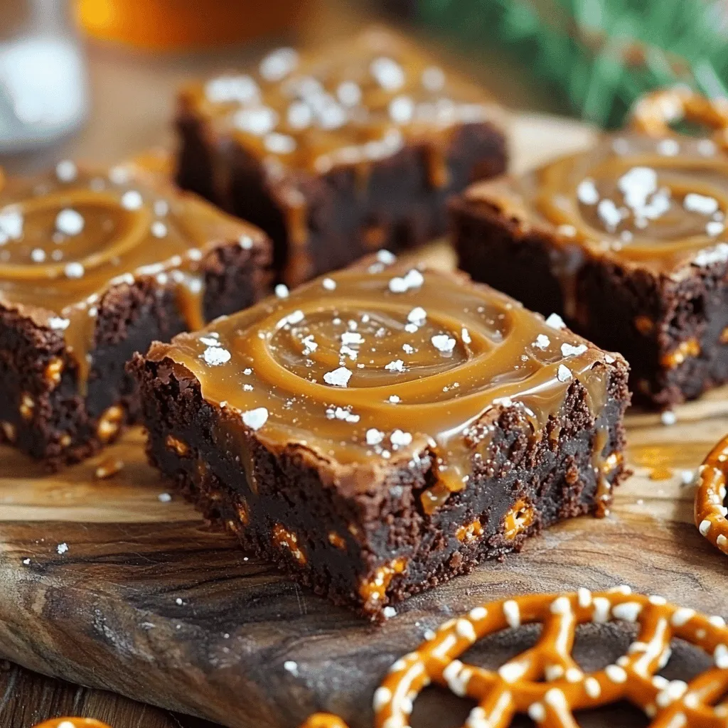 To make these salted caramel pretzel brownies, gather the following ingredients: - 1 cup unsalted butter, melted - 2 cups granulated sugar - 4 large eggs - 1 teaspoon vanilla extract - 1 cup all-purpose flour - ½ cup unsweetened cocoa powder - ½ teaspoon baking powder - ½ teaspoon salt - 1 cup mini pretzels, crushed - 1 cup salted caramel sauce (store-bought or homemade) - Flaky sea salt for topping Each of these ingredients plays a key role. Butter adds richness while sugar gives sweetness. Eggs provide structure, and flour binds everything. Cocoa powder gives that deep chocolate flavor, and crushed pretzels lend a fun crunch. You can customize your brownies with these substitutions: - Use brown sugar instead of granulated sugar for a deeper flavor. - Swap in gluten-free flour for a gluten-free version. - Use dairy-free butter and eggs for a vegan option. - Try chocolate-covered pretzels instead of regular pretzels for extra sweetness. These swaps can adjust flavors and textures to suit your needs. I recommend these brands for the best results: - Butter: Kerrygold for its creamy texture. - Sugar: Domino granulated sugar for consistent quality. - Cocoa Powder: Ghirardelli for rich chocolate flavor. - Pretzels: Snyder’s of Hanover for crunchy pretzels. - Salted Caramel Sauce: Stonewall Kitchen for a delicious store-bought option. Using quality ingredients helps elevate your brownies to a new level. Enjoy the process and get ready for some tasty treats! 1. Preheat your oven to 350°F (175°C). 2. Grease and line a 9x13 inch baking pan with parchment paper. 3. In a large bowl, whisk together melted butter and sugar until smooth. 4. Add eggs one at a time, mixing well after each. 5. Stir in the vanilla extract until the mixture looks glossy. 6. In another bowl, sift flour, cocoa powder, baking powder, and salt together. 7. Gradually add the dry mix to the wet mix using a spatula. 8. Be gentle and avoid overmixing. 9. Fold in the crushed pretzels until they are spread evenly in the batter. 10. Pour half of the brownie batter into the prepared pan. 11. Drizzle half of the salted caramel sauce over this layer. 12. Carefully spoon the remaining batter over the caramel layer. 13. Swirl the rest of the caramel sauce on top. 14. Sprinkle flaky sea salt over everything for a great flavor. 1. Place the pan in the preheated oven. 2. Bake for 30-35 minutes. 3. Check for doneness by inserting a toothpick in the center. 4. If it comes out with a few moist crumbs, they are ready. 1. Start checking at 30 minutes to avoid overbaking. 2. Look for a slight crack on the top and a firm edge. 3. A few moist crumbs mean they are perfect. 4. Let the brownies cool for 20 minutes in the pan before lifting them out. One mistake is overmixing the batter. This can make your brownies tough. Mix just until combined for a soft texture. Another issue is skipping the parchment paper. This can lead to brownies sticking to the pan. Always use parchment for easy lifting. Also, avoid using too much salt. You want a touch of salt, not a salty mess. Lastly, don't skip the cooling step. Cutting warm brownies can lead to a gooey disaster. To store brownies, keep them in an airtight container. This keeps them fresh for up to a week. If you want to freeze them, wrap each brownie in plastic wrap. Place them in a freezer bag for up to three months. To reheat, pop them in the microwave for 10-15 seconds. This warms them without drying them out. You can also enjoy them cold; they taste great either way! Serve these brownies on a rustic board for a fun touch. Drizzle with extra salted caramel for added flair. Add whole pretzels on top for crunch and looks. Pair them with a scoop of vanilla ice cream. The cold creaminess complements the warm brownie perfectly. For a drink, try a glass of cold milk or a hot cup of coffee. Both bring out the flavors of the brownies. {{image_2}} You can play with flavors in these brownies. Try adding nuts like walnuts or pecans. They give a nice crunch and add depth. You can also use different toppings. Chopped chocolate or peanut butter chips can make a big difference. Swirl in some fruit puree for a fresh twist. Each change gives you a new treat. If you need gluten-free brownies, swap the all-purpose flour for a gluten-free blend. Make sure it has the right mix of starches. For vegan options, use flax eggs instead of regular eggs. Replace the butter with a plant-based spread. Use vegan chocolate for an added touch. These changes keep the taste rich and satisfying. During the holidays, add festive touches. Mix in crushed candy canes for a minty flavor. In fall, try adding pumpkin spice to the batter. Top with pecans and dried cranberries for a cozy feel. For summer, use fresh berries on top. These seasonal twists can make your brownies feel special all year round. To keep your salted caramel pretzel brownies fresh, store them in an airtight container. Layer parchment paper between the brownies if you stack them. This helps prevent sticking. Keep them at room temperature for up to four days. If you need them to last longer, the fridge is a good option. Just remember, cold brownies may lose some of their warm, gooey texture. Freezing these brownies is simple. First, let them cool completely. Then, cut the brownies into squares. Wrap each square in plastic wrap tightly. Place the wrapped brownies in a freezer-safe bag or container. They can last in the freezer for up to three months. To enjoy them, just thaw at room temperature or warm them in the microwave for a few seconds. For the best taste, eat the brownies within a week. They taste best fresh. If you see any signs of moisture or mold, throw them away. To keep them fresh longer, avoid cutting all the brownies at once. Instead, cut them as needed. This keeps the remaining brownies moist and tasty. To make salted caramel from scratch, you need sugar, water, butter, and cream. Start by melting sugar with a little water in a saucepan over medium heat. Stir it gently until it turns golden brown. Next, take it off the heat and add butter and cream. Stir until smooth, then add a pinch of salt for that salted flavor. Let it cool before using it in your brownies. Yes, you can use regular caramel sauce. It saves time and still tastes great. Just drizzle it between the brownie layers and on top. If you want a deeper flavor, try to find a thicker sauce. This can give your brownies a nice texture. To cut brownies neatly, let them cool completely first. Use a sharp knife for clean edges. For extra smooth cuts, wipe the knife with a damp cloth after each slice. You can also chill the brownies in the fridge for about an hour. This makes them easier to cut. To keep brownies moist, do not overbake them. Check them a few minutes before the time is up. A toothpick should come out with a few moist crumbs, not clean. Also, be sure to measure your ingredients carefully. Adding a bit more butter or an extra egg can help keep them rich and fudgy. In this article, we explored how to make amazing brownies. We covered the right ingredients and optional swaps. I shared step-by-step baking tips and tricks for perfect results. We also discussed fun variations to fit any taste, including gluten-free options. Lastly, I provided storage advice to keep your brownies fresh. Remember, baking should be fun and creative. Enjoy trying these ideas and sharing your tasty brownies with others!