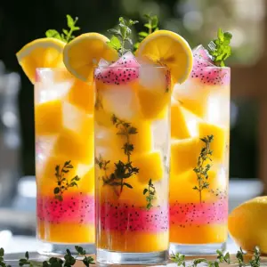 - 2 ripe mangos, peeled and diced - 1 cup dragonfruit (pitaya), diced (flesh can be red or white) - 1/2 cup fresh lemon juice (about 4-5 lemons) Mangos are sweet and juicy. They add a tropical taste to the refresher. Dragonfruit brings a fun look and a mild flavor. The bright color makes your drink pop. Fresh lemon juice gives the drink a tangy kick. The balance of sweet and sour makes each sip refreshing. - 1/4 cup honey or agave syrup (adjust to taste) - 1 teaspoon fresh ginger, grated (optional for added zing) Honey or agave syrup adds sweetness. You can adjust it based on your taste. If you want a bit of spice, add fresh ginger. It gives a nice zing and depth to your drink. - Lemon slices - Mint leaves Garnishes make your drink look pretty. A slice of lemon adds brightness. Fresh mint leaves offer a nice aroma and flavor. They make your Mango Dragonfruit Lemonade Refresher even more special. To start, you need to combine the fruits and liquids. In a blender, add the diced mangos, dragonfruit, lemon juice, and honey or agave syrup. Blend everything until it's smooth and creamy. This step is crucial. You want a thick, fruity base that captures the bright flavors. If you blend too long, it may get too watery. So, keep an eye on it. Next, we’ll strain the mixture for a silky texture. Grab a fine mesh sieve and place it over a large pitcher. Pour the blended mixture into the sieve. Use a spoon to help push the liquid through. This helps remove any pulp. If you want a smoother drink, this step is key. The result will be a vibrant liquid that looks as good as it tastes. Finally, it’s time to add the finishing touches. Pour in the 4 cups of water and stir well. If you prefer a more intense flavor, feel free to use less water. If you opted for fresh ginger, now is the time to stir it in. Chill your refresher in the fridge for at least 30 minutes. This helps the flavors mingle. When ready, serve over ice in tall glasses. Garnish with lemon slices and fresh mint leaves. Enjoy your refreshing drink! To make your Mango Dragonfruit Lemonade Refresher just right, start by adjusting sweetness. You can add more honey or agave syrup if you want it sweeter. Taste as you go. If you like it less sweet, simply use less sweetener. You can also switch ingredients to match your taste. Want a tropical twist? Try adding pineapple or passion fruit. You can even use lime juice instead of lemon for a different zing. Presentation matters, so choose tall glasses for serving. These glasses show off the bright colors of the drink. You can also add fun straws for a festive look. Pair your refresher with light snacks like chips or fresh fruit. It goes well with spicy tacos or a fresh salad too. This drink is perfect for summer parties or a chill afternoon. To keep your refresher looking great, mix well before serving. If you let it sit, the fruit may settle at the bottom. Stir gently before pouring into glasses. If you plan ahead, make it a few hours before serving. Store it in the fridge to keep it cold and fresh. Just remember to give it a good stir to blend the flavors again before serving. {{image_2}} You can make your Mango Dragonfruit Lemonade Refresher even more exciting! Try adding other fruits. Fresh pineapple, strawberries, or kiwi can add great flavor. You can also mix in some herbs and spices. Mint or basil can give a fresh twist. A hint of cinnamon can add warmth, too. Want some fizz? You can easily add sparkle to your refresher. Simply swap out some of the water for sparkling water or club soda. This will give your drink a bubbly kick. Pour it over ice, and enjoy the refreshing fizz with every sip. Change your refresher with the seasons! In summer, use bright fruits like peaches or berries. In fall, add apples or pears for a cozy flavor. You can also switch to different citruses like lime or grapefruit. This keeps your refresher fun and fresh all year round. Your Mango Dragonfruit Lemonade Refresher stays fresh for up to five days in the fridge. Store it in a glass pitcher or a sealed container. This way, it keeps its bright flavors and colors. I recommend using an airtight container to prevent any odors from other foods. You can freeze this refresher! It works well as ice cubes or in larger containers. To freeze, pour the refresher into ice cube trays and freeze until solid. For larger portions, use freezer-safe containers. Just leave some space at the top for expansion. Have some refresher left? Use it as a base for smoothies! Blend leftover refresher with frozen fruits for a quick treat. You can also mix it into yogurt for a fruity dip. Another fun idea is to use it in cocktails for a unique twist. A Mango Dragonfruit Lemonade Refresher is a bright, fruity drink. It combines ripe mangos and dragonfruit with fresh lemon juice. The flavor bursts with sweetness and a hint of tartness. The dragonfruit adds a unique texture and color. You can enjoy it chilled over ice for a refreshing treat. This drink is perfect for warm days or any time you want a fruity boost. Yes, you can easily make this lemonade vegan. Instead of honey, use agave syrup or maple syrup. Both options add sweetness without any animal products. Just swap out the honey in the recipe with the same amount of your chosen vegan sweetener. This way, you can enjoy the drink while keeping it plant-based. Adjusting the sweetness is simple and fun! You can add more or less honey or agave syrup. Start with the suggested amount. Taste the mixture and add more sweetener if needed. If you prefer a less sweet drink, reduce the sweetener. You can also use a sugar substitute if you like. This way, you can get the perfect level of sweetness for your taste! This blog post shared how to make a mango dragonfruit lemonade refresher. We covered key ingredients and how to blend, strain, and serve. I shared tips to perfect your drink's flavor and ways to keep it fresh. You can get creative with variations and storage options. Remember, you can adjust sweetness and use seasonal fruits. With these steps, you can enjoy a tasty drink anytime. Get ready to impress friends and family with your refreshing creation!
