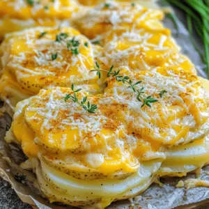 - 4 large russet potatoes, thinly sliced - 2 cups shredded cheddar cheese - 1 cup heavy cream - 1 cup milk - 1 medium onion, finely chopped - 2 cloves garlic, minced - 1 teaspoon fresh thyme - 1 teaspoon paprika - Salt and pepper to taste - 1 cup grated Parmesan cheese (for topping) - Fresh chives or parsley for garnish (optional) When it comes to making Slow Cooker Cheesy Scalloped Potatoes, the ingredients are key. The russet potatoes serve as the main base. Their starchy texture makes them perfect for this dish. Thinly slicing them ensures they cook evenly. I love using fresh cheddar cheese for its rich flavor. Heavy cream and milk create a lovely creamy sauce. Next, we have aromatics. Chopped onions and minced garlic bring a depth of flavor. Fresh thyme and paprika add a hint of earthiness and warmth. Salt and pepper will enhance all the flavors in this dish. For the topping, I always use grated Parmesan cheese. It melts beautifully and adds a nice crust. Fresh chives or parsley can brighten the dish when served. These ingredients come together to create a dish that is warm, cheesy, and comforting. If you want the full details on how to combine these ingredients, check out the Full Recipe. - Wash and peel the russet potatoes. - Slice potatoes using a mandoline or sharp knife. Start with clean hands and a clean workspace. Take the potatoes and wash them well. Peeling is next; you want a smooth surface. Then, slice the potatoes thinly. I recommend using a mandoline for even slices. If you don't have one, a sharp knife will work too. Just make sure the slices are even so they cook well. - First layer of potatoes, onions, and cheese. - Pour half of the cream mixture. In your slow cooker, lay down the first layer of sliced potatoes. Spread them evenly to cover the bottom. Next, add half of the chopped onions on top. Sprinkle half of the shredded cheddar cheese over the onions. This builds a great flavor base. Now, pour half of the cream mixture over the layers. The cream will soak into the potatoes and keep them moist. - Cover and cook on low for 6-8 hours. - Adding Parmesan cheese for crust 30 minutes before serving. Once your layers are complete, cover the slow cooker with the lid. Set it to cook on low for 6 to 8 hours. The longer you cook, the softer the potatoes become. About 30 minutes before serving, sprinkle the grated Parmesan cheese on top. This will create a delicious cheesy crust. After that, let it sit for a bit before serving. Enjoy your rich comfort dish! For the full recipe, check the detailed instructions. For a rich and creamy texture, I recommend using heavy cream. Heavy cream gives the dish a smooth base that makes each bite feel indulgent. You can use milk, but it won't be as rich. Thin potato slices are key. Aim for slices about 1/8-inch thick. This allows the potatoes to cook evenly and absorb all that creamy goodness. Adding herbs and spices can transform your dish. Fresh thyme brings a lovely earthiness. You can also try rosemary or oregano for a twist. For cheese, I love using sharp cheddar for its bold flavor. Mixing in Gruyère or Monterey Jack adds another layer of taste. These cheese combinations create a delightful melt that keeps you wanting more. Pair these cheesy scalloped potatoes with meats like roasted chicken or grilled steak. They also go well with a fresh salad for a balanced meal. For presentation, serve them in the slow cooker. This keeps them warm and inviting. Garnish with fresh chives or parsley for a pop of color. It makes the dish look beautiful and adds a hint of freshness. For the complete process, don't forget to check the Full Recipe. {{image_2}} You can enjoy this dish even if you avoid gluten. Use gluten-free flour for thickening. Replace heavy cream with coconut cream or almond milk for a dairy-free option. Nutritional yeast can mimic cheese flavor for a vegan touch. To add a savory kick, toss in cooked bacon or diced ham. This adds depth and richness. You can also mix in vegetables like fresh spinach or colorful bell peppers. These ingredients not only add flavor but also make the dish more nutritious. If you prefer oven-baked cheesy scalloped potatoes, layer the ingredients in a baking dish. Bake at 350°F for about 1 hour, or until the potatoes are tender. For a quicker option, use an Instant Pot. Set it to high pressure for 20 minutes. Quick release the steam, and you’ll have creamy potatoes in no time! Check the [Full Recipe] for detailed steps. To keep your cheesy scalloped potatoes fresh, place leftovers in an airtight container. Make sure to cool them to room temperature first. Store them in the fridge for up to 3 days. You can freeze cheesy scalloped potatoes for longer storage. Just make sure to use a freezer-safe container. They can last in the freezer for about 2 months. To reheat without losing texture, use the oven. Preheat your oven to 350°F (175°C). Place the potatoes in an oven-safe dish and cover it with foil. Heat them for about 20-30 minutes, or until warmed through. You can also microwave portions for a quick fix, but the oven gives a better texture. In the fridge, expect your cheesy scalloped potatoes to last about 3 days. If frozen, they should be safe for about 2 months. Always check for signs of spoilage, like off smells or mold. If you see any, it's best to throw them away. Yes, you can prepare this dish a day before. Slice the potatoes and mix the cream. Layer them in the slow cooker and cover. Store in the fridge overnight. In the morning, cook as usual. This makes for a quick and easy meal. For scalloped potatoes, russet potatoes work best. They are starchy and creamy when cooked. Yukon Gold potatoes are also great. They hold their shape better and have a buttery flavor. Avoid waxy potatoes, as they won't give that creamy texture. To add some heat, try adding cayenne pepper or crushed red pepper. You can also mix in jalapeños or hot sauce. Adjust the amount to fit your taste. A little spice can really enhance the creamy flavor. To make this dish healthier, consider using low-fat cheese and skim milk. You can also swap heavy cream for a lighter option, like Greek yogurt. Adding more veggies, like spinach or broccoli, can boost nutrition, too. In this post, we explored how to make creamy, cheesy scalloped potatoes. We covered essential ingredients like russet potatoes and cheddar cheese. The cooking methods ensure a rich flavor and perfect texture. We also discussed various tips and variations to customize. These potatoes can impress at any meal. Use the guidance here to create your version. Enjoy this dish fresh or as leftovers. With a few tweaks, you can make it your own. Dive into your cooking adventure!