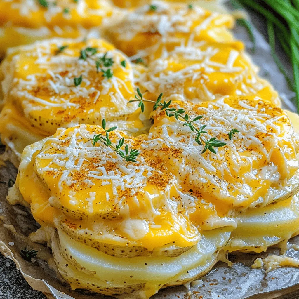 - 4 large russet potatoes, thinly sliced - 2 cups shredded cheddar cheese - 1 cup heavy cream - 1 cup milk - 1 medium onion, finely chopped - 2 cloves garlic, minced - 1 teaspoon fresh thyme - 1 teaspoon paprika - Salt and pepper to taste - 1 cup grated Parmesan cheese (for topping) - Fresh chives or parsley for garnish (optional) When it comes to making Slow Cooker Cheesy Scalloped Potatoes, the ingredients are key. The russet potatoes serve as the main base. Their starchy texture makes them perfect for this dish. Thinly slicing them ensures they cook evenly. I love using fresh cheddar cheese for its rich flavor. Heavy cream and milk create a lovely creamy sauce. Next, we have aromatics. Chopped onions and minced garlic bring a depth of flavor. Fresh thyme and paprika add a hint of earthiness and warmth. Salt and pepper will enhance all the flavors in this dish. For the topping, I always use grated Parmesan cheese. It melts beautifully and adds a nice crust. Fresh chives or parsley can brighten the dish when served. These ingredients come together to create a dish that is warm, cheesy, and comforting. If you want the full details on how to combine these ingredients, check out the Full Recipe. - Wash and peel the russet potatoes. - Slice potatoes using a mandoline or sharp knife. Start with clean hands and a clean workspace. Take the potatoes and wash them well. Peeling is next; you want a smooth surface. Then, slice the potatoes thinly. I recommend using a mandoline for even slices. If you don't have one, a sharp knife will work too. Just make sure the slices are even so they cook well. - First layer of potatoes, onions, and cheese. - Pour half of the cream mixture. In your slow cooker, lay down the first layer of sliced potatoes. Spread them evenly to cover the bottom. Next, add half of the chopped onions on top. Sprinkle half of the shredded cheddar cheese over the onions. This builds a great flavor base. Now, pour half of the cream mixture over the layers. The cream will soak into the potatoes and keep them moist. - Cover and cook on low for 6-8 hours. - Adding Parmesan cheese for crust 30 minutes before serving. Once your layers are complete, cover the slow cooker with the lid. Set it to cook on low for 6 to 8 hours. The longer you cook, the softer the potatoes become. About 30 minutes before serving, sprinkle the grated Parmesan cheese on top. This will create a delicious cheesy crust. After that, let it sit for a bit before serving. Enjoy your rich comfort dish! For the full recipe, check the detailed instructions. For a rich and creamy texture, I recommend using heavy cream. Heavy cream gives the dish a smooth base that makes each bite feel indulgent. You can use milk, but it won't be as rich. Thin potato slices are key. Aim for slices about 1/8-inch thick. This allows the potatoes to cook evenly and absorb all that creamy goodness. Adding herbs and spices can transform your dish. Fresh thyme brings a lovely earthiness. You can also try rosemary or oregano for a twist. For cheese, I love using sharp cheddar for its bold flavor. Mixing in Gruyère or Monterey Jack adds another layer of taste. These cheese combinations create a delightful melt that keeps you wanting more. Pair these cheesy scalloped potatoes with meats like roasted chicken or grilled steak. They also go well with a fresh salad for a balanced meal. For presentation, serve them in the slow cooker. This keeps them warm and inviting. Garnish with fresh chives or parsley for a pop of color. It makes the dish look beautiful and adds a hint of freshness. For the complete process, don't forget to check the Full Recipe. {{image_2}} You can enjoy this dish even if you avoid gluten. Use gluten-free flour for thickening. Replace heavy cream with coconut cream or almond milk for a dairy-free option. Nutritional yeast can mimic cheese flavor for a vegan touch. To add a savory kick, toss in cooked bacon or diced ham. This adds depth and richness. You can also mix in vegetables like fresh spinach or colorful bell peppers. These ingredients not only add flavor but also make the dish more nutritious. If you prefer oven-baked cheesy scalloped potatoes, layer the ingredients in a baking dish. Bake at 350°F for about 1 hour, or until the potatoes are tender. For a quicker option, use an Instant Pot. Set it to high pressure for 20 minutes. Quick release the steam, and you’ll have creamy potatoes in no time! Check the [Full Recipe] for detailed steps. To keep your cheesy scalloped potatoes fresh, place leftovers in an airtight container. Make sure to cool them to room temperature first. Store them in the fridge for up to 3 days. You can freeze cheesy scalloped potatoes for longer storage. Just make sure to use a freezer-safe container. They can last in the freezer for about 2 months. To reheat without losing texture, use the oven. Preheat your oven to 350°F (175°C). Place the potatoes in an oven-safe dish and cover it with foil. Heat them for about 20-30 minutes, or until warmed through. You can also microwave portions for a quick fix, but the oven gives a better texture. In the fridge, expect your cheesy scalloped potatoes to last about 3 days. If frozen, they should be safe for about 2 months. Always check for signs of spoilage, like off smells or mold. If you see any, it's best to throw them away. Yes, you can prepare this dish a day before. Slice the potatoes and mix the cream. Layer them in the slow cooker and cover. Store in the fridge overnight. In the morning, cook as usual. This makes for a quick and easy meal. For scalloped potatoes, russet potatoes work best. They are starchy and creamy when cooked. Yukon Gold potatoes are also great. They hold their shape better and have a buttery flavor. Avoid waxy potatoes, as they won't give that creamy texture. To add some heat, try adding cayenne pepper or crushed red pepper. You can also mix in jalapeños or hot sauce. Adjust the amount to fit your taste. A little spice can really enhance the creamy flavor. To make this dish healthier, consider using low-fat cheese and skim milk. You can also swap heavy cream for a lighter option, like Greek yogurt. Adding more veggies, like spinach or broccoli, can boost nutrition, too. In this post, we explored how to make creamy, cheesy scalloped potatoes. We covered essential ingredients like russet potatoes and cheddar cheese. The cooking methods ensure a rich flavor and perfect texture. We also discussed various tips and variations to customize. These potatoes can impress at any meal. Use the guidance here to create your version. Enjoy this dish fresh or as leftovers. With a few tweaks, you can make it your own. Dive into your cooking adventure!