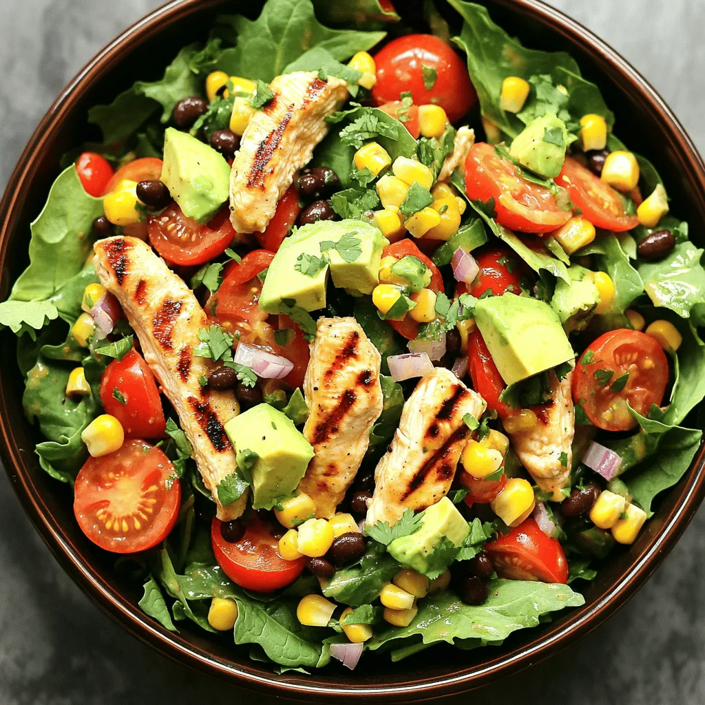 - 2 boneless, skinless chicken breasts - 1 tablespoon olive oil - 1 teaspoon chili powder - 1 teaspoon cumin - 1/2 teaspoon garlic powder - Salt and pepper, to taste - 4 cups mixed salad greens (spinach, romaine, and arugula) - 1 cup cherry tomatoes, halved - 1 medium avocado, diced - 1/2 cup corn (fresh, canned, or frozen) - 1/3 cup black beans, rinsed and drained - 1/4 cup red bell pepper, diced - 1/4 cup red onion, finely chopped - Juice of 1 lime - 1/4 cup cilantro, chopped Using fresh ingredients makes a big difference. Fresh chicken gives you juicy meat. Choose organic chicken when possible. It tastes better and is healthier. For the greens, look for vibrant colors. They should feel crisp, not wilted. Fresh herbs like cilantro add a bright flavor. When picking avocados, choose ones that yield slightly when pressed. This means they are ripe and ready to eat. If you can't find certain items, don't worry. You can swap them out. For chicken, try grilled shrimp or tofu. They work great in salads too. If you want a different green, use kale or mixed lettuce. Canned corn is fine, but fresh or frozen corn tastes sweeter. You can also skip the beans for a lighter salad. If you want more heat, add jalapeños or a spicy dressing. Use lime juice from a bottle if you don’t have fresh limes. Just remember to adjust to taste. For the full recipe, check the details above. Start by preheating your grill or grill pan over medium-high heat. This step ensures even cooking. In a small bowl, mix together the olive oil, chili powder, cumin, garlic powder, salt, and pepper. This spice rub adds great flavor to the chicken. Generously coat both sides of the chicken breasts with this mix. Now, grill the chicken for about 6-7 minutes on each side. You want the inside to reach 165°F (75°C). Once done, take the chicken off the grill and let it rest for 5 minutes. This helps keep it juicy. While the chicken rests, gather a large bowl. Add the mixed salad greens, cherry tomatoes, diced avocado, corn, black beans, red bell pepper, and red onion. Each ingredient brings its own taste and crunch. After slicing the grilled chicken into strips, add it to this colorful mix. It’s all about balance and fresh flavors here. Squeeze the juice of one lime over the salad. This adds a bright, zesty kick. Next, sprinkle the chopped cilantro on top for a fresh herb flavor. Gently toss everything together until the salad is well combined. You want the dressing to coat every bite. Serve the salad in large bowls. For extra flair, garnish with more cilantro and lime wedges on the side. This makes the dish inviting and fun to eat. Enjoy your Easy Zesty Southwest Chicken Salad! To get juicy chicken, start with good quality meat. Use boneless, skinless chicken breasts for best results. Before grilling, marinate the chicken in olive oil and spices. This adds flavor and keeps it moist. Preheat your grill to medium-high heat. Grill the chicken for about 6-7 minutes on each side. Make sure it reaches 165°F (75°C). Let the chicken rest for five minutes before slicing. This helps keep the juices inside. Dressing can make or break your salad. I love to use a zesty lime vinaigrette. Just mix lime juice, olive oil, salt, and pepper. It adds a bright punch. You can also try a creamy dressing, like ranch or avocado. To keep it fresh, drizzle the dressing just before serving. This way, your salad stays crisp and delicious. A beautiful salad is fun to eat. Serve your salad in large, colorful bowls. Add a sprinkle of extra cilantro on top for a fresh touch. Lime wedges on the side add a nice pop of color. You can also layer the ingredients for a nice look. Keep the grill marks on the chicken visible for a rustic feel. For the full recipe, check the Easy Zesty Southwest Chicken Salad section. {{image_2}} You can boost your salad with extra protein. Try adding grilled shrimp or tofu for a change. If you like, you can use leftover steak or pork. Just cut it into small pieces and mix it in. Eggs are also a great choice. Hard-boiled eggs add creaminess and a nice texture. This salad can easily fit a vegetarian or vegan diet. Skip the chicken and add chickpeas or lentils instead. They are high in protein and add a nice bite. You can also toss in some nuts or seeds for extra crunch. Nuts like almonds or sunflower seeds work well. Using seasonal ingredients can change the flavor of your salad. In summer, add fresh peaches or berries for sweetness. In fall, try roasted sweet potatoes or butternut squash. These seasonal swaps keep your salad fresh and exciting. They also help you enjoy what's local and in season. To store leftovers, let the salad cool first. Place it in an airtight container. Store it in the fridge for up to three days. Keep the dressing separate if possible. This helps keep the greens fresh and crisp. If you have leftover chicken, you can reheat it. Use a microwave or a skillet. Heat until the chicken is warm but not dry. Avoid reheating the salad mix, as it tastes best fresh. The shelf life of the salad’s key ingredients varies: - Chicken: Cooked chicken lasts about 3-4 days in the fridge. - Avocado: Once cut, it should be eaten within 1 day. - Salad Greens: Mixed greens stay fresh for about 3-5 days. - Corn and Beans: If canned, they can last several months unopened. Once opened, use them within 3-4 days. For more details, check out the Full Recipe, where I share all the ingredients and steps for this tasty dish. Yes, you can make this salad ahead. Prepare the ingredients and store them separately. Keep the chicken in the fridge for up to three days. Mix the salad just before serving. This keeps the greens fresh and crisp. Several dressings work well with this salad. A simple lime vinaigrette adds brightness. You can also try a creamy avocado dressing for richness. For a kick, use a spicy ranch dressing. Each option enhances the zesty flavors. To adjust the spiciness, change the amount of chili powder. Start with less if you prefer mild. You can also add diced jalapeños for extra heat. If it gets too spicy, balance it with more avocado or sour cream. For the full recipe, check out Easy Zesty Southwest Chicken Salad. It includes all the steps and tips for making this tasty dish. In this post, we explored tasty salad options. We covered ingredients, cooking steps, and storage tips. I shared ways to enhance flavor and presented variations for everyone. Remember to try different dressings and ingredient swaps. You can easily adjust spice levels to your taste. This salad can be prepped ahead, making it perfect for busy days. Enjoy your fresh, healthy meal knowing you have great options!
