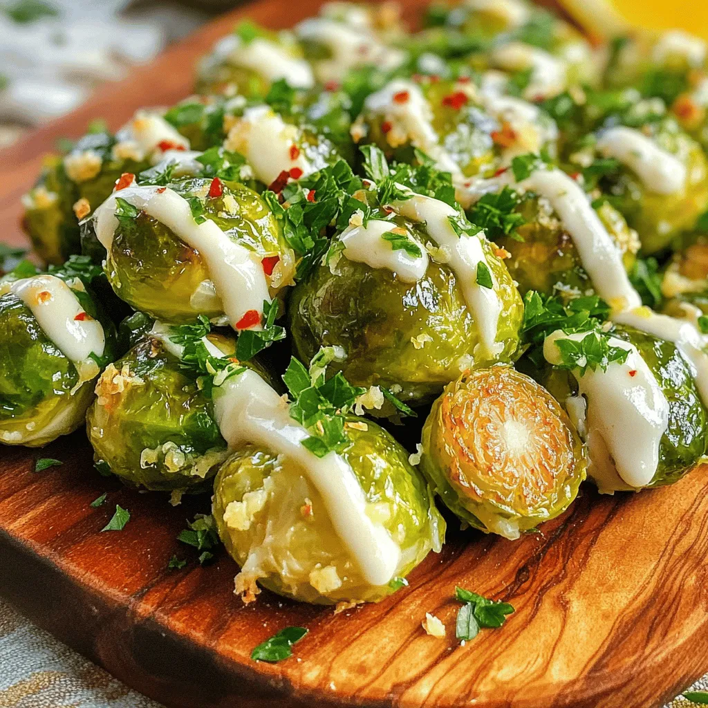- 1 lb Brussels sprouts, trimmed and halved - 4 cloves garlic, minced - ¼ cup grated Parmesan cheese - 3 tablespoons olive oil - 1 teaspoon garlic powder - ½ teaspoon red pepper flakes (optional) - Salt and pepper to taste - 2 tablespoons fresh lemon juice - Fresh parsley for garnish These ingredients create a simple and tasty dish. The Brussels sprouts shine with garlic and cheese. The olive oil helps them get crispy. Each ingredient adds a unique flavor that makes this dish special. - ½ teaspoon smoked paprika for a smoky flavor - 2 tablespoons balsamic vinegar for a tangy twist - Chopped nuts like walnuts for added crunch These optional ingredients can change the taste. Try adding smoked paprika for depth. Balsamic vinegar gives a sweet kick. Nuts add a fun crunch that kids love. - Baking sheet for roasting - Parchment paper for easy cleanup - Large mixing bowl for combining ingredients - Chef's knife for chopping Using these tools makes cooking easier. A baking sheet helps the sprouts roast well. Parchment paper keeps the sheet clean. A good knife makes chopping fast and safe. Start with one pound of Brussels sprouts. Trim off the ends and cut them in half. This helps them cook evenly. You want them to be fresh and firm. In a big bowl, add the halved Brussels sprouts. Toss in four cloves of minced garlic, ¼ cup of grated Parmesan cheese, and three tablespoons of olive oil. Then add one teaspoon of garlic powder, ½ teaspoon of red pepper flakes (if you like heat), salt, and pepper. Mix it all well. Make sure every sprout gets coated. Preheat your oven to 425°F (220°C). Line a baking sheet with parchment paper for easy cleanup. Spread the Brussels sprouts in a single layer, cut-side down. This helps them get crispy. Roast them for 20 to 25 minutes. They should turn golden brown and crispy outside while staying tender inside. When they’re done, take them out and sprinkle the Parmesan on top. It will melt slightly. Drizzle two tablespoons of fresh lemon juice over them. Toss gently to mix. Lastly, add fresh parsley for color. To get your Brussels sprouts just right, start with fresh ones. Look for bright green, firm sprouts. Cut them in half to help them cook evenly. Toss them well with olive oil, salt, and pepper. Make sure they are cut-side down on the baking sheet. This helps them get crispy. Roast them at 425°F for 20-25 minutes. Keep an eye on them to avoid burning. They should be golden brown and tender inside. You can boost the flavor of your Brussels sprouts in many ways. Adding garlic gives a great taste. Use fresh minced garlic for a strong kick. Garlic powder works too if you need a shortcut. For a bit of heat, sprinkle in red pepper flakes. If you like herbs, add rosemary or thyme. A squeeze of lemon juice brightens the dish. Fresh parsley adds color and freshness. Mix and match these flavors to find your favorite. Presentation makes your dish stand out. Serve the sprouts on a large, colorful platter. Drizzle a bit of olive oil and lemon juice on top. This adds shine and flavor. Sprinkle extra Parmesan for a cheesy touch. Add fresh parsley leaves for a pop of color. You can also use a fun serving bowl. This makes the dish more inviting. Remember, we eat with our eyes first! {{image_2}} You can switch up the cheese for different flavors. Feta cheese adds a tangy bite. Goat cheese gives a creamy touch. Cheddar brings sharpness, while mozzarella gives a melty texture. Each option changes the taste and makes the dish your own. Want to make your Brussels sprouts heartier? Add proteins like bacon or chicken. Crispy bacon bits add a salty crunch. Cooked chicken pieces give protein and make the dish more filling. Just toss the cooked protein in at the end to blend flavors. You can mix in seasonal veggies for extra color and taste. Carrots bring sweetness and crunch. Sweet potatoes add creaminess and a hint of sweetness. Butternut squash offers a nutty flavor. Just remember to cut them to the same size as the Brussels sprouts for even cooking. After enjoying your Garlic Parmesan roasted Brussels sprouts, store leftovers properly. Cool them to room temperature first. Then, place them in an airtight container. This helps keep them fresh. Store in the fridge for up to three days. If you want to keep them longer, freezing is a great option. When it's time to eat leftovers, reheating them right makes a big difference. Preheat your oven to 350°F (175°C). Place the Brussels sprouts on a baking sheet. Cover them loosely with foil to prevent drying out. Heat for about 10-15 minutes until warm. You can also use a microwave, but the oven keeps them crispier. To freeze your Brussels sprouts, first, ensure they are fully cooled. Place them in a freezer-safe bag or container. Remove as much air as possible to avoid freezer burn. They can stay good for about two months in the freezer. When ready to eat, thaw overnight in the fridge before reheating. Yes, you can prep the Brussels sprouts in advance. Trim and halve them, then mix with oil, garlic, and spices. Store them in the fridge for up to a day. When you are ready to cook, just spread them on a baking sheet and roast. This makes your cooking time shorter when you want to serve them. Brussels sprouts are done when they turn golden brown and crispy outside. They should be tender inside. After roasting for 20-25 minutes, check them. You can poke one with a fork to see if it is soft. If they look golden and smell great, they are ready. These Brussels sprouts pair well with many dishes. They go great with roasted chicken or grilled steak. You can also serve them with pasta or a fresh salad. For a fun twist, try them with a tangy dipping sauce. The flavors mix well, making your meal even better. In this article, we explored the key ingredients for Garlic Parmesan Roasted Brussels Sprouts and how to prep them. We followed a clear, step-by-step guide on how to mix and roast for the best crispiness. I shared tips on achieving perfect roast and ideas for flavor and presentation. You can enjoy variations with different cheeses or proteins. Lastly, I covered storage tips for leftovers and reheating. Remember, these sprouts are not just tasty; they can be a versatile side dish in many meals. Enjoy experimenting!