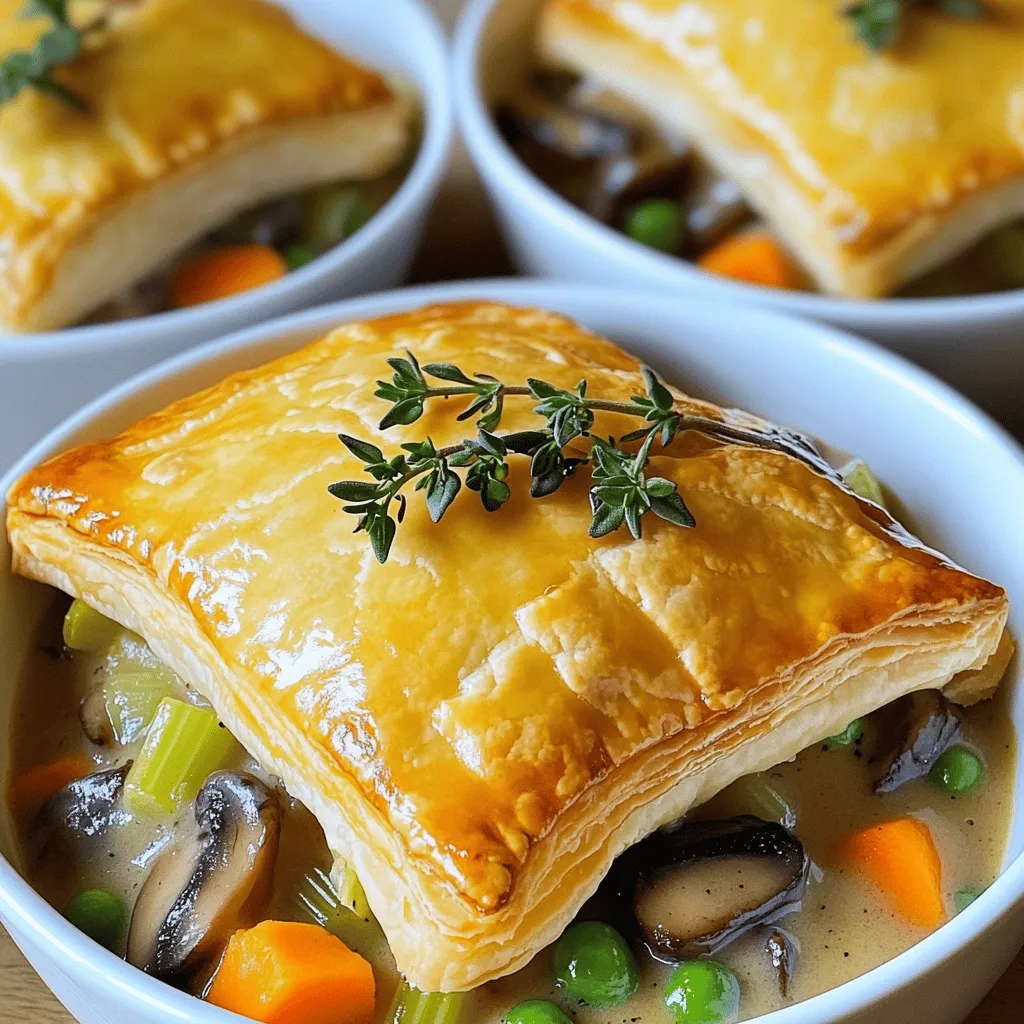 - 2 cups mushrooms, sliced (preferably a mix of cremini and shiitake) - 1 medium onion, diced - 2 cloves garlic, minced - 1 cup carrots, diced - 1 cup celery, diced - 1 cup frozen peas - 3 tablespoons unsalted butter - 3 tablespoons all-purpose flour - 2 cups vegetable broth - 1 cup heavy cream (or coconut cream for a dairy-free option) - 1 teaspoon thyme - Salt and pepper to taste - 1 sheet puff pastry, thawed - 1 egg (for egg wash) First, always clean your mushrooms gently with a damp cloth. This helps keep them fresh. Next, chop the onion, garlic, carrots, and celery into small pieces. This allows them to cook evenly. For the garlic, press it with a knife before mincing. This releases more flavor. When dicing the carrots and celery, aim for uniform size. This ensures they soften at the same rate. It’s best to thaw the puff pastry in the fridge overnight. This keeps it easy to handle. If you need a dairy-free option, use coconut cream instead of heavy cream. For gluten-free, choose a gluten-free flour blend in place of all-purpose flour. You can also swap the puff pastry with a gluten-free crust. If you want a vegan version, replace the butter with olive oil and the egg with a flax egg. Feel free to mix in your favorite veggies, like spinach or bell peppers, to the filling. Start by gathering your ingredients. You will need: - 2 cups mushrooms, sliced (cremini and shiitake work best) - 1 medium onion, diced - 2 cloves garlic, minced - 1 cup carrots, diced - 1 cup celery, diced - 1 cup frozen peas - 3 tablespoons unsalted butter - 3 tablespoons all-purpose flour - 2 cups vegetable broth - 1 cup heavy cream (or use coconut cream for dairy-free) - 1 teaspoon thyme - Salt and pepper to taste - 1 sheet puff pastry, thawed - 1 egg (for egg wash) Preheat your oven to 400°F (200°C). This step ensures the pot pie cooks evenly and gets that golden crust. In a large skillet, melt the butter over medium heat. Add the diced onion, carrots, and celery. Sauté for about 5 minutes until softened. This builds the base flavor. Next, stir in the minced garlic and sliced mushrooms. Cook for another 5 minutes. The mushrooms will release moisture and brown nicely. Sprinkle the flour over the mixture. Stir well to combine, cooking for 2 more minutes to create a roux. This step thickens your filling. Gradually pour in the vegetable broth while stirring. Follow with the cream and allow the mix to simmer for 5 minutes until it thickens. Add the frozen peas, thyme, salt, and pepper. Mix well and remove from heat. Let it cool slightly before you add it to your pie. Roll out the puff pastry on a floured surface. Cut it to fit over your pie dish. Spoon the mushroom filling into the dish. Cover it with the puff pastry and seal the edges. Cut small vents in the top for steam to escape. Brush the pastry with beaten egg for a golden finish. Bake in the preheated oven for 25-30 minutes. Keep an eye on it. You want the pastry to be puffed and golden brown. Remove it from the oven and let it cool for a few minutes before serving to avoid burns. Serve it in individual bowls, and garnish with fresh thyme for a beautiful touch. Enjoy your Butter Mushroom Pot Pie! To make a great filling, use fresh mushrooms. I like cremini and shiitake. Slice them thinly for even cooking. Start by sautéing onions, carrots, and celery in butter. This gives the filling a rich base. Cook these until they soften, about five minutes. Next, add garlic and mushrooms. Cook until mushrooms brown and moisture leaves, about five more minutes. Sprinkle flour over the mix and stir well. This thickens the filling. Gradually add vegetable broth and cream. Let the mix simmer until it thickens, about five minutes. Don't forget to add peas, thyme, salt, and pepper for flavor. Allow it to cool slightly before using. For a golden puff pastry, start with a thawed sheet. Roll it out on a floured surface to fit your dish. Cut small vents on top to let steam escape. This helps the pastry rise and stay flaky. Brush the pastry with a beaten egg. This gives a shiny, golden finish when baked. Bake at 400°F (200°C) for 25-30 minutes. Keep an eye on it to avoid burning. Avoid using old or soggy mushrooms, as they can ruin the taste. Don't skip the cooling step for the filling. If it's too hot, the pastry will become soggy. Make sure to seal the edges of the pastry well. If not sealed, the filling can leak out. Lastly, remember to keep an eye on bake time. Overbaking can lead to a dry pot pie. {{image_2}} You can easily make this pot pie fully vegetarian. Instead of using heavy cream, use coconut cream or a mix of cashew cream and vegetable broth. These options keep your filling rich and creamy. You can also add more veggies like bell peppers or zucchini for extra flavor and texture. Using different mushrooms can change the taste of your pot pie. Cremini and shiitake mushrooms work well together, but try adding portobello or oyster mushrooms for a unique twist. Each type brings its own flavor. Mix and match to find your favorite combo. If you need a gluten-free version, swap out the all-purpose flour for a gluten-free blend. You can also use a gluten-free puff pastry. Many stores sell frozen options that work great. Always check the labels to make sure they fit your needs. Store any leftover Butter Mushroom Pot Pie in an airtight container. Place it in the fridge. It will stay fresh for about 3 to 4 days. For best taste, let it cool before sealing. Avoid leaving it out at room temperature. This helps keep the filling creamy and tasty. When you are ready to enjoy your leftovers, reheat the pot pie in the oven. Preheat your oven to 350°F (175°C). Cover the pie with foil to keep it from browning too much. Heat for about 15 to 20 minutes. Check if it is hot all the way through. If you want a crispier crust, remove the foil for the last 5 minutes. To freeze the pot pie, let it cool completely. Wrap it well in plastic wrap. Then, place it in a freezer-safe bag or container. It can last up to 2 months in the freezer. When you are ready to eat, thaw it overnight in the fridge. Reheat it as mentioned above for the best taste. This way, you can enjoy this savory delight anytime! To make Butter Mushroom Pot Pie dairy-free, you can swap heavy cream for coconut cream. Coconut cream gives a creamy texture without dairy. Use a plant-based butter instead of unsalted butter. This keeps the rich flavor while making it suitable for dairy-free diets. Yes, you can use different types of pastry for your pot pie. Puff pastry works well for its flaky texture. You can also try pie crust or biscuit dough for a different bite. If you want to be unique, use phyllo dough for a lighter, crispier top. Several sides go great with Butter Mushroom Pot Pie. A fresh green salad adds a nice crunch. Roasted veggies can bring extra flavor to your meal. You could also serve it with mashed potatoes for a comforting touch. In this article, we explored the key ingredients and tips for making a Butter Mushroom Pot Pie. You learned about ingredient prep, cooking methods, and common mistakes to avoid. We also discussed tasty variations and how to store leftovers or freeze for later. Cooking can be fun and rewarding. With these tips, I believe you will create a delightful dish that everyone will love. Enjoy your cooking journey!