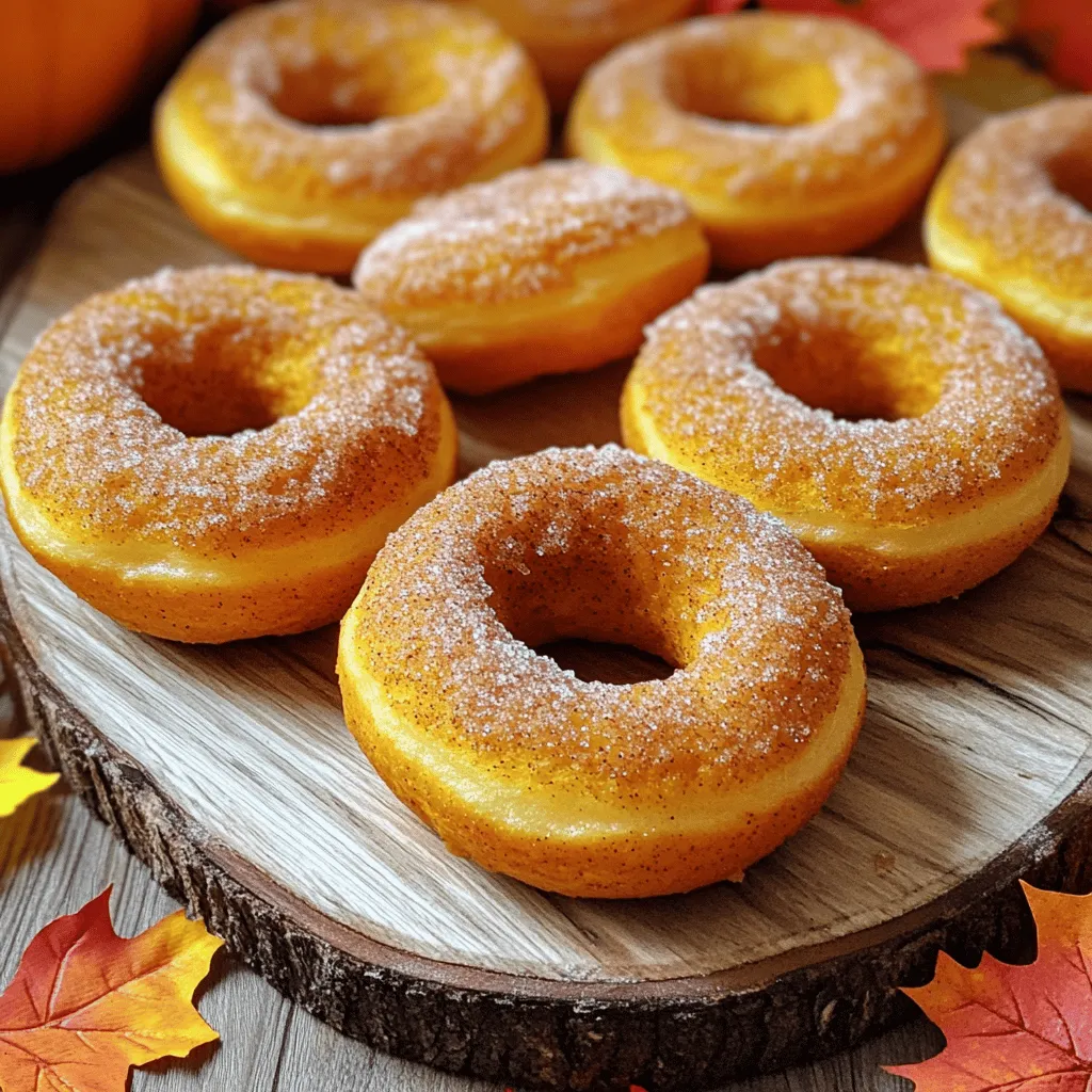 To make baked pumpkin donuts, you need these key ingredients: - 1 cup pure pumpkin puree - 1/2 cup granulated sugar - 1/4 cup brown sugar, packed - 1/2 cup unsweetened applesauce - 2 large eggs - 1 teaspoon vanilla extract - 2 cups all-purpose flour - 1 teaspoon baking powder - 1 teaspoon baking soda - 1 teaspoon ground cinnamon - 1/2 teaspoon ground nutmeg - 1/4 teaspoon ground ginger - 1/4 teaspoon salt - 1/4 cup melted coconut oil or unsalted butter - Cinnamon sugar (for coating) These ingredients work together to give the donuts a warm, spiced flavor that screams autumn. The pumpkin puree adds moisture and a rich taste. The applesauce helps keep the donuts soft and tender. You can also add some optional ingredients to elevate your donuts: - Chopped nuts, like walnuts or pecans - Chocolate chips for a sweet twist - Dried fruit, such as cranberries or raisins - A dash of allspice for extra warmth These optional ingredients can make your donuts unique and fun to eat. Try mixing and matching them based on your taste. If you have dietary needs, here are some helpful substitutions: - Use a gluten-free flour mix instead of all-purpose flour. - Replace eggs with flaxseed meal mixed with water (1 tablespoon flaxseed + 2.5 tablespoons water). - Opt for a sugar substitute like stevia or coconut sugar. - Use applesauce as a dairy-free option instead of coconut oil or butter. These substitutions allow everyone to enjoy baked pumpkin donuts without worry. Just remember that these changes may alter the final texture and flavor slightly. For the full recipe, refer to the earlier section. To start, gather all your ingredients. You will need: - 1 cup pure pumpkin puree - 1/2 cup granulated sugar - 1/4 cup brown sugar, packed - 1/2 cup unsweetened applesauce - 2 large eggs - 1 teaspoon vanilla extract - 2 cups all-purpose flour - 1 teaspoon baking powder - 1 teaspoon baking soda - 1 teaspoon ground cinnamon - 1/2 teaspoon ground nutmeg - 1/4 teaspoon ground ginger - 1/4 teaspoon salt - 1/4 cup melted coconut oil or unsalted butter - Cinnamon sugar (for coating) Begin by preheating your oven to 350°F (175°C). Grease your donut pan with non-stick spray or oil. In a large bowl, whisk the pumpkin puree, granulated sugar, brown sugar, applesauce, eggs, and vanilla extract together. Make sure these ingredients mix well. In another bowl, sift the flour, baking powder, baking soda, cinnamon, nutmeg, ginger, and salt. Gradually mix the dry ingredients into the wet ingredients. Stir gently; avoid overmixing. Fold in the melted coconut oil or butter until it blends in fully. Spoon the batter into the donut pan. Fill each cavity about three-quarters full. Bake your donuts for 12 to 15 minutes. You know they are done when a toothpick poked in the center comes out clean. Let the donuts cool in the pan for about 5 minutes. After that, transfer them to a wire rack to cool completely. This step helps keep your donuts light and fluffy. Once cooled, it's time for the final touch! Toss the donuts in cinnamon sugar for added flavor. This gives them a sweet, spiced coat that is hard to resist. Serve these delightful donuts on a rustic platter for a beautiful presentation. Enjoy with a cup of cider or coffee. If you want the full recipe, check out the [Full Recipe]. To make the best baked pumpkin donuts, follow these tips: - Use pure pumpkin puree, not pumpkin pie filling. - Measure your flour correctly. Too much flour makes donuts dense. - Mix wet and dry ingredients separately before combining. This helps avoid lumps. - Do not overmix the batter. Stir until just combined for fluffier donuts. - Fill the donut pan only 3/4 full. This gives donuts room to rise. Here are some common mistakes to watch out for: - Forgetting to preheat the oven can lead to uneven baking. - Using old baking powder or baking soda can cause donuts to be flat. - Overbaking can make your donuts dry. Keep an eye on them. - Skipping the cinnamon sugar coating robs the donuts of extra flavor. - Not letting the donuts cool in the pan can lead to breakage. Having the right tools can help you bake better. Here are my top picks: - Donut Pan: A non-stick donut pan is essential for easy release. - Mixing Bowls: Use large bowls for easy mixing. - Whisk: A good whisk helps blend ingredients well. - Rubber Spatula: This is great for folding in wet and dry ingredients. - Cooling Rack: A wire rack allows air to circulate and cool donuts evenly. For the complete recipe, check out the Full Recipe. {{image_2}} You can spice up your baked pumpkin donuts with simple changes. Try adding a pinch of ground cloves or allspice for extra warmth. You can also mix in chocolate chips or chopped nuts for texture. Dried fruits, like cranberries or raisins, can add a sweet twist. Experiment with flavors to find your favorite combo! If you want gluten-free donuts, swap all-purpose flour with a gluten-free blend. Make sure it has xanthan gum for texture. For a vegan version, replace eggs with flax eggs. Just mix one tablespoon of flaxseed meal with three tablespoons of water. Let it sit until it thickens. Use a plant-based oil instead of butter or coconut oil. Icing and glaze can make your donuts even more fun. A simple glaze can be made with powdered sugar and milk. If you want a rich flavor, try maple syrup in your glaze. For a chocolate glaze, melt dark chocolate and drizzle it over the cooled donuts. You can also sprinkle with nuts or coconut for extra crunch. For the full recipe, check out the [Full Recipe]. To keep your baked pumpkin donuts fresh, store them in an airtight container. Place parchment paper between layers to avoid sticking. Keep the container at room temperature for up to three days. If you want to enjoy them longer, consider freezing. To freeze baked pumpkin donuts, first, let them cool completely. Then, wrap each donut in plastic wrap. Place the wrapped donuts in a freezer-safe bag. They can last for up to three months in the freezer. When you’re ready to eat them, remove the desired amount and let them thaw at room temperature. To warm your donuts, preheat your oven to 350°F (175°C). Place the donuts on a baking sheet and heat for about 5 to 8 minutes. This method keeps them soft and tasty. You can also use a microwave for 10-15 seconds if you need a quick fix. Baked pumpkin donuts stay fresh for about 3 days. Store them in an airtight container at room temperature. If they get too soft, you can pop them in the fridge. They taste best when eaten fresh, but you can also freeze them for up to 2 months. Just make sure to wrap them well. Yes, you can use fresh pumpkin! First, cook the pumpkin until soft. Then, mash it and strain it to remove extra moisture. This makes a tasty puree. Just keep in mind that fresh pumpkin may have a different flavor than canned. You might want to adjust your spices to match your taste. Baked pumpkin donuts pair well with many treats. You can serve them with hot coffee or chai tea for a cozy vibe. Cream cheese frosting or a simple glaze adds a nice touch. Fresh fruit, like apples or pears, also makes a great side. Try adding a scoop of vanilla ice cream for a fun dessert twist! For the full recipe, check out the details above. Baked pumpkin donuts are fun and easy to make. We covered key ingredients, tips, and variations to create your perfect donut. Remember to choose the right flavors and decorations to make it unique. Store extras properly to keep them fresh. Enjoy these donuts any time, with or without a friend. With this guide, you're ready to impress and have fun in the kitchen. Happy baking!