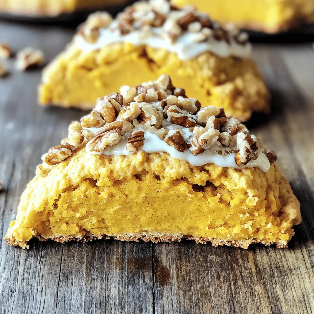 To make the Maple Pecan Pumpkin Scones, gather these items: - 2 cups all-purpose flour - 1/2 cup brown sugar - 2 teaspoons baking powder - 1/2 teaspoon baking soda - 1/4 teaspoon salt - 1 teaspoon ground cinnamon - 1/2 teaspoon ground nutmeg - 1/4 teaspoon ground ginger - 1/2 cup unsalted butter, cold and cubed - 1/2 cup pumpkin puree - 1/4 cup maple syrup - 1 large egg - 1/2 cup chopped pecans - 1/4 cup heavy cream (for brushing) - Extra chopped pecans (for topping) You can swap some ingredients if needed: - Use whole wheat flour instead of all-purpose flour for added fiber. - Maple syrup can be replaced with honey or agave syrup. - If you don’t have fresh pumpkin, canned pumpkin puree works great. - Use coconut oil in place of butter for a dairy-free option. - Walnuts or almonds can replace pecans if you prefer a different nut. Accurate measuring is key for scones: - Use a dry measuring cup for flour. Spoon it in and level it off with a knife. - Brown sugar should be packed firmly into the cup for the right sweetness. - For baking powder and soda, use a measuring spoon and level it off. - Keep butter cold before cutting. This helps the scones stay flaky. - If using liquid ingredients, use a liquid measuring cup for accuracy. These steps help ensure your scones turn out light and tasty each time! Start by preheating your oven to 400°F (200°C). This step is key for a perfect bake. While the oven warms, line a baking sheet with parchment paper. This helps the scones bake evenly and makes clean-up easy. In a large bowl, combine the dry ingredients. You will need 2 cups of all-purpose flour, 1/2 cup brown sugar, 2 teaspoons baking powder, 1/2 teaspoon baking soda, 1/4 teaspoon salt, 1 teaspoon ground cinnamon, 1/2 teaspoon ground nutmeg, and 1/4 teaspoon ground ginger. Whisk them together well. This mix creates the base for your scones. In a separate bowl, whisk together the wet ingredients. You need 1/2 cup pumpkin puree, 1/4 cup maple syrup, and 1 large egg. Mix these until they blend well. This adds moisture and flavor to your scones. Now, add the pumpkin mix to the dry ingredients. Stir gently until just combined. Do not overmix. Then, fold in 1/2 cup chopped pecans for a crunchy texture. Transfer the dough onto a floured surface and pat it into a circle about 1 inch thick. Cut this circle into 8 triangles, like a pizza. This gives each scone its shape. Place the scones on the lined baking sheet, leaving space between them. Brush the tops with 1/4 cup heavy cream for a golden finish. Sprinkle extra chopped pecans on top for added crunch. Bake for 15-18 minutes. They are done when golden brown and a toothpick comes out clean. Let them cool on a wire rack before enjoying. To make your Maple Pecan Pumpkin Scones flaky, keep butter cold. Cold butter creates steam when baking, which helps scones rise. Use a pastry cutter or your fingers to mix the butter until it looks like coarse crumbs. Handle the dough gently. Overmixing leads to tough scones. Store your scones in an airtight container. They stay fresh for about two days at room temperature. For longer storage, wrap them tightly and place them in the freezer. To reheat, warm scones in an oven at 350°F (175°C) for about 10 minutes. This helps regain that fresh-baked taste. Serve your scones warm with a drizzle of maple syrup or a dollop of whipped cream. Pair them with a cup of spiced chai or coffee for a cozy treat. You can also add a side of sliced apples or pears to enhance the fall flavors. Enjoy! {{image_2}} You can change the flavor of your Maple Pecan Pumpkin Scones easily. Try adding chocolate chips for a sweet twist. Use about 1/2 cup of semi-sweet chocolate chips. Dried fruits like cranberries or raisins also work well. They add a nice chewiness and sweetness. Just add about 1/2 cup of your favorite dried fruit. Feel free to mix and match these extras to fit your taste. If you need gluten-free scones, swap the all-purpose flour. Use a 1-to-1 gluten-free baking mix instead. This mix has the right balance for scones. Check the mix for xanthan gum; if it’s not included, add about 1/2 teaspoon. This helps hold the scones together. The rest of the recipe stays the same. You will still enjoy those fall flavors! You can make these scones vegan with a few easy swaps. Use vegan butter instead of unsalted butter. For the egg, use a flaxseed egg. To make one, mix 1 tablespoon of ground flaxseed with 2.5 tablespoons of water. Let it sit for a few minutes to thicken. Replace the heavy cream with plant-based milk for brushing. Almond milk or coconut milk works great! These changes keep the flavors while making them vegan-friendly. To keep your Maple Pecan Pumpkin Scones fresh, store them in an airtight container. This helps maintain their soft texture and flavor. You can leave them at room temperature for 2-3 days. If you want to keep them longer, consider freezing them. To freeze your scones, first let them cool completely. Once cool, wrap each scone tightly in plastic wrap. Then, place them in a freezer bag or airtight container. This way, they stay fresh for up to three months. When you're ready to enjoy, thaw them in the fridge overnight. You can also warm them in the oven for a few minutes to restore their freshness. When stored properly, Maple Pecan Pumpkin Scones can last for about 2-3 days at room temperature. If you freeze them, they can last up to three months without losing their taste. Always check for any signs of spoilage before eating. Enjoy your delightful scones! You can tell the scones are done when they turn golden brown. Insert a toothpick into the center of a scone. If it comes out clean, they are ready. The baking time is 15 to 18 minutes. Keep an eye on them, as ovens can vary. Yes, you can make the dough ahead of time. After mixing, wrap it in plastic wrap. Store it in the fridge for up to 24 hours. This can save time on a busy morning. Just remember to let it sit at room temperature for a few minutes before baking. These scones pair well with many items. A warm cup of coffee or tea complements the flavors perfectly. You can also serve them with honey or butter. For a special touch, try cream cheese or whipped cream. Fresh fruit, like apples or pears, also makes a great addition. Yes, these scones freeze well. After baking, let them cool completely. Place them in an airtight container or zip-top bag. They can last up to three months in the freezer. To enjoy, simply thaw and warm them in the oven for a few minutes. You learned the basics of making delicious Maple Pecan Pumpkin Scones. We covered the key ingredients, ways to change them, and the best measuring tips. I shared step-by-step instructions to help you mix and bake. You now have valuable tips for perfect, flaky scones and ideas for tasty toppings. Remember, you can store them to enjoy later, making your baking easy and fun. Embrace your creative side with different flavors and options. Enjoy your scones straight from the oven or with a friend! Happy baking!