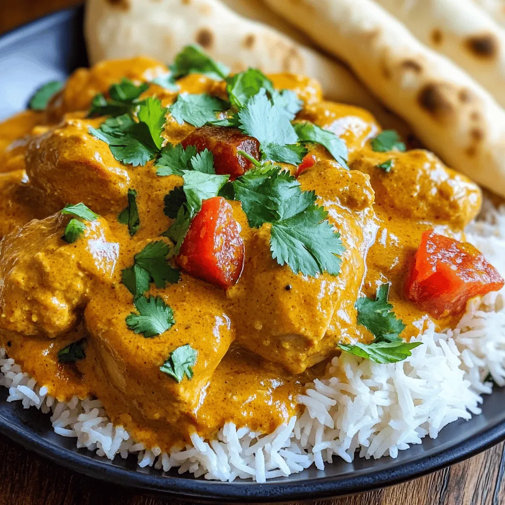 - 2 lbs boneless skinless chicken thighs - 1 large onion, finely chopped - 4 cloves garlic, minced - 1 inch ginger, grated - 1 can (15 oz) tomato sauce - 1 cup coconut milk - 1 stick (½ cup) unsalted butter - Spices: garam masala, ground coriander, cumin, turmeric, chili powder - Salt and sugar - Fresh cilantro - Cooked basmati rice or naan When I make Slow Cooker Indian Butter Chicken, I love using fresh, quality ingredients. The chicken thighs are juicy and tender, making them perfect for this dish. I chop the onion finely to release its sweet flavor. Garlic and ginger add warmth and depth. For the sauce, I use a can of tomato sauce as a base. The coconut milk makes it rich and creamy. I add butter for extra flavor and smoothness. The spices are key. Garam masala brings warmth, while coriander, cumin, turmeric, and chili powder add a lovely depth. I always finish the dish with fresh cilantro and serve it with basmati rice or naan. The warm bread is perfect for soaking up the sauce. You can find the full recipe [here](#). Enjoy cooking this delightful meal! Start with chopping the onion, garlic, and ginger. These add depth to the dish. Use a sharp knife for clean cuts. This will help release their flavors. Next, cut the chicken into bite-sized pieces. This ensures even cooking and easy serving. Thighs work best here. They stay juicy and tender. In your slow cooker, layer the onion, garlic, and ginger mix first. This creates a fragrant base. Next, add the chicken pieces on top. Season them with a pinch of salt to enhance flavor. Now, prepare the sauce. In a separate bowl, mix the tomato sauce, coconut milk, and spices. Stir until it is well combined. Pour this mixture over the chicken and onion. Finally, add the stick of butter on top. Do not stir. The butter will melt and create a rich sauce as it cooks. You can cook on low or high settings. Cooking on low takes about 6-8 hours. This allows flavors to meld beautifully. If you’re short on time, use the high setting for 3-4 hours. In both cases, cook until the chicken is tender. It should easily shred apart with a fork. This method ensures you get a rich and creamy butter chicken that you will love. For the full recipe, check out the previous section! To make your butter chicken even better, start with the spices. Adjust the chili powder to fit your taste. If you love heat, add more. For a milder dish, use less. You can also add fresh herbs like cilantro or mint. These will brighten the flavors. Adding more ingredients can deepen the taste. Toss in some diced tomatoes or bell peppers. For a richer sauce, mix in more coconut milk. This will create a creamier texture. Feel free to play with these ideas and find your favorite mix. Sometimes the sauce can get too thick. If this happens, simply add a splash of coconut milk. Stir well and let it cook a bit longer. This will help thin it out while keeping the flavor. To avoid dry chicken, start with good-quality chicken thighs. They stay moist during cooking. Also, do not overcook them. Check the chicken at the end of the cooking time. If it feels tough, it may need less time next time. Serve your butter chicken with basmati rice or warm naan. Both soak up the sauce well. You can also add a side of steamed vegetables for balance. For drinks, a light white wine pairs well. Try a Sauvignon Blanc or a Riesling. If you prefer non-alcoholic options, serve it with mango lassi or a cool soda. These drinks will enhance your meal experience. {{image_2}} You can switch the chicken thighs for chicken breasts. Chicken breasts are leaner, but they may dry out faster. If you want a juicier meal, stick to thighs. For a vegetarian twist, try chickpeas or tofu. Both options soak up the rich sauce well. Do you like it spicy or mild? To make it milder, reduce the chili powder. You can also add more sugar to balance the heat. If you want more spice, add fresh chili or cayenne pepper. Feel free to explore other herbs like curry leaves or fresh mint for a fun twist. For a creamy sauce, stick with coconut milk. If you want a lighter option, use yogurt instead. Greek yogurt gives a nice texture. For non-dairy choices, almond or cashew milk works well too. Each option changes the flavor slightly, so choose what you prefer. For the complete recipe, check out the Full Recipe section above! After you enjoy your Slow Cooker Indian Butter Chicken, store leftovers in airtight containers. Glass or plastic containers work well. Allow the dish to cool before sealing it. This helps keep the chicken fresh. It can last in the fridge for 3 to 4 days. To reheat, use a microwave or a stovetop. If using a microwave, cover the dish to keep moisture in. Stir halfway through heating for even warmth. On the stovetop, heat over low heat and stir often. You can freeze leftovers for up to 3 months. Just make sure to use a freezer-safe container. Butter chicken is quite versatile. You can repurpose it in many ways! Try it in a quesadilla with cheese. Mix it with pasta for a creamy twist. Or, use it as a filling for wraps. You can also top a baked potato with it for a unique meal. Enjoy experimenting with these ideas! Indian Butter Chicken is a rich and creamy dish. It comes from North India. The dish features tender chicken in a spiced tomato sauce. The main flavors come from butter, cream, and spices like garam masala. The taste is both savory and slightly sweet. You can enjoy it with rice or naan. Yes, you can prepare it ahead of time. You can chop the onions, garlic, and ginger. Cut the chicken into bite-sized pieces. Mix the sauce ingredients and store them in the fridge. When you're ready, just add everything to the slow cooker. After cooking, store leftovers in the fridge for up to four days. Common sides include basmati rice and naan bread. You can also add a fresh salad for crunch. Other great options are roasted vegetables or raita. Raita is a yogurt-based side that cools the heat of the spices. Yes, this recipe is great for meal prep. You can make a big batch and store it in containers. Divide it into portions for easy meals during the week. Reheat it in the microwave or on the stove. It stays tasty for several days in the fridge. Absolutely! You can easily change the amount of chicken or sauce. If you want more servings, double the ingredients. For fewer servings, cut them in half. Just keep the same ratios for the spices and sauce. For the complete details, check the Full Recipe section. It will guide you step-by-step to make this delicious dish. Slow Cooker Indian Butter Chicken offers a blend of rich flavors and easy preparation. We discussed key ingredients like chicken, spices, and coconut milk. You learned step-by-step instructions for perfect results and tips to enhance the dish. Storage methods and variations allow for creativity. This recipe is perfect for meal prep or cozy dinners. With its versatility, you can enjoy this tasty dish again and again. Embrace the delicious flavors and make this dish your own!