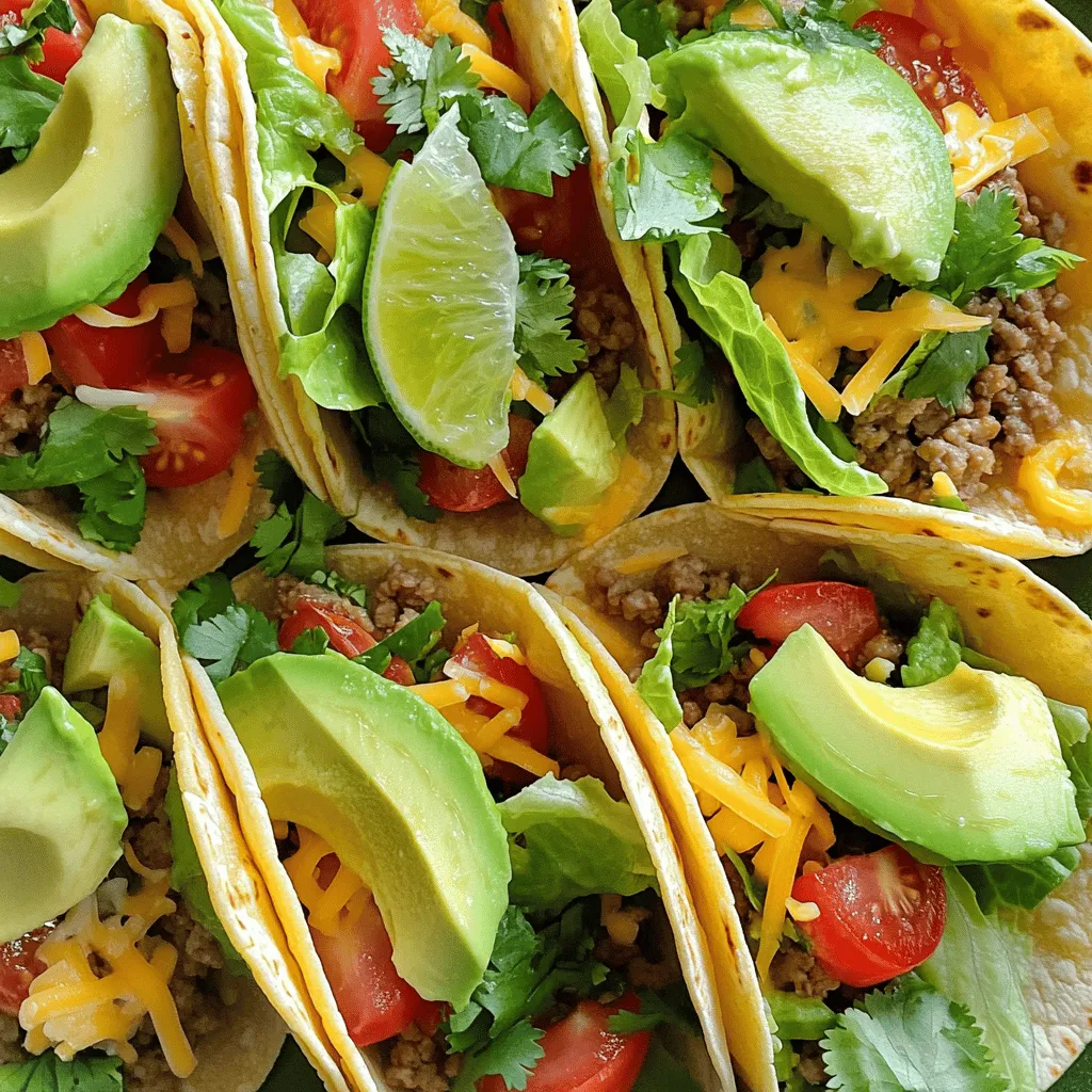 To make tasty Mexican tacos, you need a few key ingredients. Here’s what I use for my Fiesta Flavor Tacos: - 1 lb ground turkey or beef - 1 teaspoon ground cumin - 1 teaspoon smoked paprika - 1 teaspoon garlic powder - 1/2 teaspoon onion powder - 1/2 teaspoon chili powder - Salt and pepper to taste - 8 small corn tortillas These ingredients create a delicious base for your tacos. The spices give the meat a warm, rich taste. You can also adjust the spices to match your preferences. Tacos are not just about the filling. The toppings make them fun and flavorful. Here are some common toppings you can add: - 1 cup chopped romaine lettuce - 1 large tomato, diced - 1/2 cup shredded cheddar cheese - 1/4 cup fresh cilantro, chopped - 1 avocado, sliced - Lime wedges for serving These toppings add crunch and freshness. The avocado gives a creamy touch. I love squeezing lime over the tacos for a burst of flavor. When making tacos, you can choose between fresh and packaged ingredients. Fresh ingredients taste better and add more nutrients. For example, fresh tomatoes and cilantro bring bright flavors. Packaged ingredients can save time, but they may lack flavor. If you can, go for fresh produce. It makes a big difference in your tacos. Use these tips and ingredients to create your perfect taco meal! Don't forget to check out the Full Recipe for step-by-step guidance. To make the taco filling, start by heating a bit of olive oil in a large skillet. Use medium heat to avoid burning the oil. Add 1 lb of ground turkey or beef. Break the meat apart with a spatula as it cooks. This helps it brown evenly. Then, sprinkle in 1 teaspoon each of ground cumin, smoked paprika, garlic powder, and 1/2 teaspoon each of onion powder and chili powder. Don't forget to add salt and pepper to taste. Stir the mixture well. Cook it for about 7-10 minutes. Once the meat is fully cooked and no longer pink, it’s ready. Warming tortillas is simple. Use a separate dry skillet over low heat. Place the tortillas in the skillet, one at a time. Heat them for about 30 seconds on each side. You want them warm and pliable, not crispy. This step makes them easier to fold and eat. Now, it’s time to build your tacos. Start by laying out each warm tortilla. Spoon a generous amount of the cooked meat onto each tortilla. Top the meat with chopped romaine lettuce, diced tomatoes, shredded cheddar cheese, and fresh cilantro. For a creamy touch, add a few slices of avocado on top. Serve your tacos with lime wedges on the side for squeezing. This adds great flavor. For a detailed recipe, check the Full Recipe. To make tasty taco meat, start with good quality meat. I recommend using ground turkey or beef. Next, season it well. Use spices like ground cumin, smoked paprika, and garlic powder. These add depth to the flavor. Don't forget salt and pepper to taste. Cook the meat until it is no longer pink. This usually takes about 7-10 minutes. Stir it often to blend the spices evenly. A flavorful mixture makes a big difference in your tacos. The best tortillas for tacos are small corn ones. They hold up well and have great flavor. Always warm them before filling. This makes them soft and pliable. You can heat them in a dry skillet for about 30 seconds on each side. If you prefer flour tortillas, they can work too. Just know that corn tortillas give you a more authentic taste. The key to great tacos lies in how you cook them. Use a skillet for the meat. This allows the fat to render and creates a nice sear. For the tortillas, a dry skillet is best. This method warms them without adding oil. Once everything is cooked, assemble your tacos right away. This keeps the tortillas fresh and warm. Enjoy the mix of textures and flavors in every bite. {{image_2}} Street tacos are simple and delicious. They usually have a small tortilla and a few toppings. The focus is on flavor. You can find many styles in Mexico. Some popular choices include carne asada, barbacoa, and pollo. Each has its unique taste and texture. Al Pastor tacos are a favorite. They use pork marinated in spices and pineapple. The meat is cooked on a vertical spit, giving it a juicy flavor. Carnitas are another hit. This pork is slow-cooked until tender and shredded. It has a rich, savory taste. You might also enjoy fish tacos. They often use battered and fried fish, topped with creamy sauce. Each type of taco brings a new taste experience. You can enjoy tacos without meat too! Try using roasted vegetables like zucchini or bell peppers. Black beans are a great choice for protein. They add a nice texture and flavor. You can also use lentils or chickpeas for a hearty filling. Top these with fresh salsa, avocado, or cilantro for extra flavor. Tacos can be fun and healthy for everyone. For a full recipe, check out my Fiesta Flavor Tacos. Storing leftover tacos is simple. First, remove any fresh toppings like lettuce and tomato. These can get soggy. Place the cooked meat in an airtight container. Store the tortillas in a separate container. Keep everything in the fridge. Enjoy leftovers within three days for the best taste. Freezing taco ingredients works well, too. If you want to save meat, allow it to cool first. Portion it into freezer bags. Remove as much air as you can before sealing. For tortillas, wrap them in foil or plastic wrap. Freeze them flat to keep them from sticking. Use frozen meat within three months for freshness. Reheating tacos is easy. For the meat, warm it in a skillet over low heat. Add a splash of water to keep it moist. Stir until hot. For tortillas, warm them in a dry skillet for about 30 seconds on each side. You can also use a microwave for quick reheating. Cover with a damp paper towel to prevent them from drying out. Enjoy your tacos like they are fresh from the kitchen! The best meat for Mexican tacos includes beef, chicken, and pork. Ground beef is popular for its rich flavor. You can also use shredded chicken for a lighter option. Pork, especially when cooked slowly, melts in your mouth. For a healthier choice, ground turkey works well too. Each meat brings its unique taste to your tacos. To make tacos spicy, use hot peppers or spicy seasonings. You can add jalapeños or serranos for fresh heat. Diced green chiles or spicy salsa also add a kick. Spicy seasoning blends, like cayenne or chili powder, can enhance the flavor too. Just be careful not to overpower the other tastes in your tacos. Yes, you can prepare taco filling ahead of time. Cook the meat and spices, then store it in an airtight container. Keep it in the fridge for up to three days. When ready to serve, just reheat it in a skillet. This makes taco night easy and fun, even on busy days. Traditional Mexican taco toppings include fresh ingredients. Chopped onions and cilantro are classic choices. You can add diced tomatoes for sweetness. Shredded lettuce adds crunch. Crumbled queso fresco gives a nice salty bite. Don't forget lime wedges for that zesty finish. These toppings bring color and flavor to your tacos. In this blog post, we explored making delicious Mexican tacos. We covered key ingredients, steps for preparation, and tips for perfecting your taco skills. You learned about creative variations and smart storage methods, plus answers to common taco questions. Tacos can be simple or fancy, but they are always tasty. Use fresh ingredients for the best flavor. Now grab your tools, invite friends, and enjoy making tacos your way!
