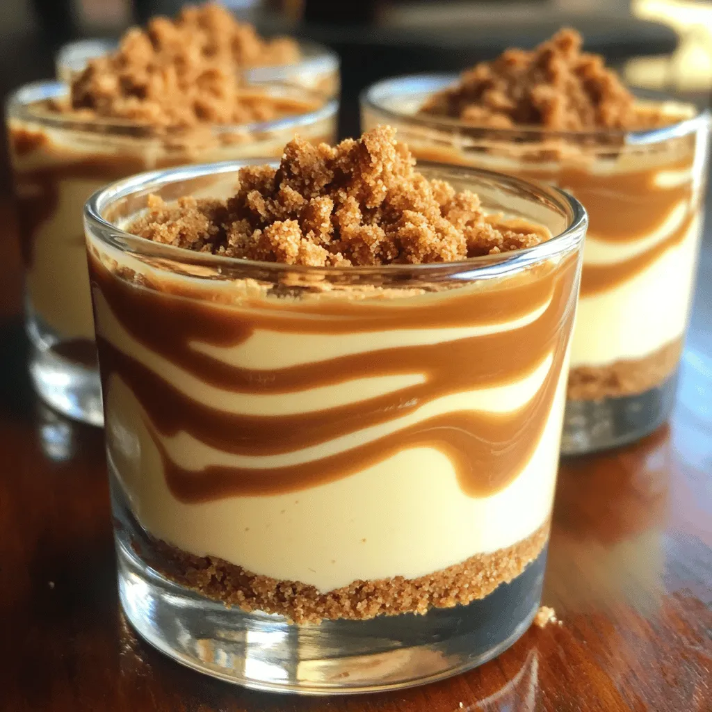 To make these No-Bake Biscoff Cheesecake Cups, gather the following ingredients: - 1 cup Biscoff cookies, crushed - 1/4 cup unsalted butter, melted - 8 oz cream cheese, softened - 1/2 cup powdered sugar - 1 cup heavy whipping cream - 1/2 cup Biscoff spread (for swirls and drizzling) - Pinch of salt - Extra Biscoff cookies for garnish These ingredients create a rich and creamy dessert. The Biscoff cookies give a sweet, spiced flavor. The cream cheese adds a smooth texture, while the heavy whipping cream makes it light and fluffy. The Biscoff spread is the star of the show, offering a unique taste that pairs perfectly with the other ingredients. The pinch of salt balances the sweetness, making each bite delightful. Having these ingredients ready will help you make the cheesecake cups quickly. Remember, using high-quality cream cheese and fresh whipping cream can enhance the taste. Enjoy the process of putting these ingredients together for a treat that will impress everyone! First, we need to make the crust. In a medium bowl, combine 1 cup of crushed Biscoff cookies with 1/4 cup of melted unsalted butter. Mix these until every crumb gets coated. This will give your crust a great flavor. Next, grab your serving cups. Spoon about two tablespoons of the cookie mixture into each cup. Press down gently to form an even layer. This step is key for a crunchy base. Now, let’s move on to the filling. In a large mixing bowl, beat 8 ounces of softened cream cheese with 1/2 cup of powdered sugar. Mix until it’s smooth and creamy. This will be the heart of your cheesecake. Once it’s creamy, gradually add in 1 cup of heavy whipping cream. Beat this mixture until it thickens into soft peaks. This makes the cheesecake light and fluffy. To add that special Biscoff taste, gently fold in 1/2 cup of Biscoff spread. This will create beautiful swirls in your filling. Just be careful not to overmix; you want those lovely, tasty ribbons. Now, it’s time to fill the cups. Spoon the cheesecake mixture over the crust in each cup, filling them about three-quarters full. Don’t worry if it looks a bit messy; it’ll taste amazing. Finally, cover the cups with plastic wrap and refrigerate them for at least 4 hours. This chilling time helps the cheesecake set perfectly. Once they are ready, you can enjoy your delicious No-Bake Biscoff Cheesecake Cups! To get the perfect cheesecake texture, you want it creamy and smooth. Start with softened cream cheese. Cold cream cheese won't mix well. Beat the cream cheese and powdered sugar together until fully combined. This step is key for a fluffy filling. When you add the heavy cream, beat it until you see soft peaks. This adds air and lightness to your cheesecake. Gently fold in the Biscoff spread. Swirling it in gives that rich flavor without overmixing. To keep your cheesecake cups fresh, cover them tightly with plastic wrap. They last in the fridge for up to three days. If you have leftovers, do not add the garnish until you're ready to serve. This keeps the cookies crunchy and the drizzle fresh. If you want to save them longer, you can freeze the filling in airtight containers. Just thaw them in the fridge overnight before serving. For a stunning presentation, use clear cups or glass jars. This shows off the lovely layers. Before serving, drizzle extra Biscoff spread on top. Add some crushed cookies for a nice crunch. You can even add a dollop of whipped cream for extra flair. These small touches make your dessert look fancy and inviting, perfect for parties or gatherings. {{image_2}} You can easily change the flavor of your No-Bake Biscoff Cheesecake Cups. Want to add some chocolate? You can mix in melted chocolate into the cream cheese filling. Dark chocolate works great! You can also add chocolate chips for a nice crunch. If you love fruit, try adding fresh berries. Strawberries or raspberries make a tasty topping. You can even fold in some fruit puree into the cheesecake mix. Garnishes can take your cheesecake cups to the next level. Besides crushed Biscoff cookies, you can use whipped cream for a light touch. Drizzling chocolate sauce or caramel adds a sweet kick. Nuts like chopped hazelnuts or almonds bring a crunchy texture. For a fun twist, consider adding a sprinkle of sea salt. This gives a nice contrast to the sweet flavors. If you plan a big gathering, you can adjust the portion sizes. Use larger cups or bowls to serve more people at once. You can also double the recipe for extra servings. Make sure to chill the larger portions long enough. This way, everyone gets a delicious treat without waiting too long. Biscoff cheesecake cups stay fresh in the fridge for about 3 to 4 days. Keep them covered with plastic wrap or a lid. This keeps them moist and tasty. If you notice any signs of spoilage, it’s best to throw them away. Yes, you can freeze Biscoff cheesecake cups! They freeze well for up to 2 months. Just make sure to store them in an airtight container. This will help prevent freezer burn and keep their flavor intact. The best way to thaw Biscoff cheesecake cups is to move them to the fridge. Let them thaw overnight. This method keeps them creamy and delicious. Avoid using a microwave, as it may change their texture. The no-bake Biscoff cheesecake cups need about 4 hours to chill. This time helps the cheesecake blend flavors and firm up. I recommend letting them chill overnight for the best taste. The longer they sit, the better they become! Yes, you can use other cookies! Some great options are Oreos, graham crackers, or even chocolate biscuits. Each type will change the flavor, so pick what you like best. Just remember to crush them well and mix with melted butter. Cream cheese is thicker and tangy. It gives the cheesecake a rich flavor. Mascarpone is creamier and sweeter. It makes desserts silkier. I prefer cream cheese for this recipe, as it pairs well with the Biscoff. But you can use mascarpone if you want a lighter touch! This blog post focused on making delicious Biscoff cheesecake cups. You learned about essential ingredients, step-by-step instructions, and helpful tips. I shared ideas for variations and storage info to keep your treats fresh. In the end, these cheesecake cups are simple and enjoyable to make. With a little creativity, you can customize them to suit any occasion. Enjoy every creamy bite!