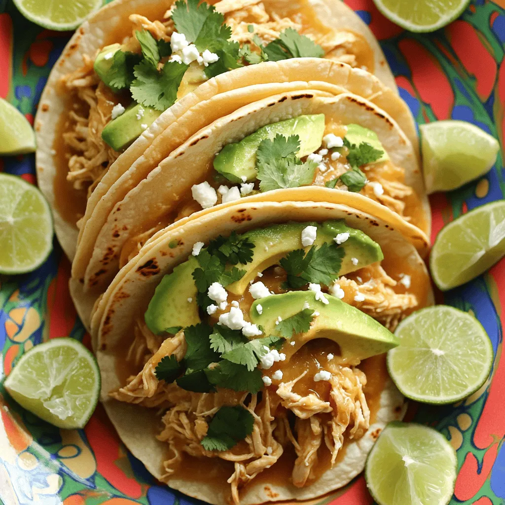 - 2 lbs boneless, skinless chicken thighs - 1 can (13.5 oz) coconut milk - 1/4 cup lime juice (about 2 limes) - 1 tablespoon lime zest The main stars of this dish are the chicken thighs, coconut milk, and lime. Chicken thighs stay juicy and tender as they cook. Coconut milk brings a creamy taste. Lime juice and zest add a bright, zesty kick. - 3 cloves garlic, minced - 1 tablespoon honey - 1 teaspoon ground cumin - 1 teaspoon chili powder - Salt and pepper to taste The seasoning makes this dish pop. Garlic gives it depth. Honey adds a hint of sweetness. Cumin and chili powder bring warmth and spice. Salt and pepper ensure every bite is seasoned just right. - Corn tortillas (for serving) - Fresh cilantro, chopped (for garnish) - Sliced avocado (for serving) - Crumbled feta cheese or cotija cheese (optional, for topping) For serving, corn tortillas are a must. They hold all the tasty filling. Fresh cilantro adds color and freshness. Sliced avocado makes it creamy. If you like cheese, feta or cotija adds extra flavor. Start by making the marinade. In a bowl, whisk together the coconut milk, lime juice, lime zest, minced garlic, honey, cumin, chili powder, salt, and pepper. Blend these until smooth. This mix adds rich flavors to the chicken. Now, place the chicken thighs in the slow cooker. Pour the coconut-lime marinade over the chicken. Make sure each piece is well covered. Cover the slow cooker lid tightly. Cook on low for 6-7 hours or on high for 3-4 hours until the chicken is tender. It should pull apart easily with two forks when done. After cooking, use two forks to shred the chicken right in the slow cooker. Stir the chicken with the sauce for full flavor. Next, warm the corn tortillas in a dry skillet or microwave until soft. To assemble, spoon the coconut lime chicken onto each tortilla. Top with sliced avocado, chopped cilantro, and optional crumbled cheese for extra taste. Enjoy your tacos! To enhance the coconut and lime flavors, use fresh lime juice. Fresh juice tastes brighter than the bottled kind. For an extra zing, add more lime zest. You can swap the honey with maple syrup for a different sweetness. If you want a lighter coconut taste, use coconut cream instead of coconut milk. When using a slow cooker, always preheat it. This helps the chicken cook evenly. Cut the chicken into smaller pieces for faster cooking. To keep the chicken tender, avoid opening the lid while it cooks. This keeps the heat inside, helping your chicken stay juicy. Serve the tacos on a bright platter. This makes the meal pop! Add lime wedges and cilantro for color. You can also stack the tacos for a fun look. To make them more appealing, sprinkle crumbled cheese on top. Sliced avocado adds creaminess and looks great too. {{image_2}} You can switch up the protein in this dish. Try using pork or turkey instead of chicken. If you're looking for a vegan option, use jackfruit or tofu. Both options soak up flavors well. They can replace chicken in this recipe effectively. To boost the flavor, add more spices. Consider using smoked paprika or cayenne pepper for heat. You can also mix in fresh herbs like basil or mint. They add a lovely twist to your tacos. For toppings, experiment with diced tomatoes, pickled onions, or spicy salsa. Each will change the taste and add fun textures. Think about flavors from other cuisines. You could make a Thai-inspired version with peanut sauce and fresh cilantro. Or try a Mexican twist by adding black beans and corn. You can even transform this meal into a burrito by wrapping the filling in a large tortilla. Each change gives a new taste to enjoy! To store your shredded chicken, let it cool first. Place it in an airtight container. This step helps keep the chicken fresh. You can refrigerate it for up to four days. Make sure to label the container with the date. This way, you remember when you cooked it. If you want to keep the tacos for longer, freezing is a great option. Place the shredded chicken in a freezer-safe bag. Squeeze out as much air as possible before sealing. You can freeze the chicken for up to three months. When you are ready to eat, thaw it overnight in the fridge. For reheating, use a microwave or stovetop. Heat until the chicken is warm and juicy again. The chicken can last in the fridge for about four days. If you freeze it, it can last about three months. Always check for signs of spoilage before eating. Look for any off smells or changes in color. If you see these signs, it's best to throw it away. Yes, you can use chicken breasts instead of thighs. Chicken breasts are leaner than thighs. They will cook faster and may dry out more easily. Chicken thighs have more fat, which keeps the meat juicy. If you use breasts, watch them closely. Adjust cooking time to avoid dryness. These tacos have a mild spice level. The chili powder adds warmth without too much heat. You can adjust the spice level based on your taste. For a spicier kick, add more chili powder. You can also use jalapeños or hot sauce. Taste the marinade before cooking to find your perfect spice. To make these tacos vegan, you can substitute the chicken with jackfruit or tofu. Cooked jackfruit gives a similar texture to shredded chicken. For tofu, use firm or extra-firm. Press it to remove excess water, then cube and cook. Replace the coconut milk with a plant-based milk. Use cashew cheese or skip the cheese topping. In this post, we explored making delicious chicken tacos using coconut milk, lime, and spices. You learned how to prepare the marinade, slow-cook the chicken, and assemble your tacos. I shared tips on enhancing flavor and presentation. You can swap ingredients for variety and know how to store leftovers properly. These tacos are easy, tasty, and perfect for any occasion. Enjoy experimenting to find your favorite mix!