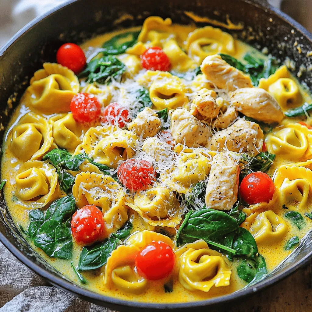To create a Tuscan Chicken Tortellini Skillet, gather these simple ingredients: - 2 cups cheese tortellini (fresh or frozen) - 1 pound boneless, skinless chicken breasts, diced - 1 tablespoon olive oil - 2 cloves garlic, minced - 1 cup cherry tomatoes, halved - 1 cup baby spinach, packed - ½ cup heavy cream - ½ cup chicken broth - ½ teaspoon Italian seasoning - ½ teaspoon red pepper flakes (optional) - Salt and pepper to taste - Grated Parmesan cheese for serving Each ingredient plays a key role. The cheese tortellini brings a rich flavor and texture. The chicken gives protein and heartiness. Olive oil adds richness. Garlic infuses a wonderful aroma. Cherry tomatoes offer sweetness and color. Baby spinach adds freshness and nutrition. Heavy cream and chicken broth create a creamy sauce. Italian seasoning gives depth. Red pepper flakes add a nice kick, while salt and pepper enhance all flavors. Finally, grated Parmesan cheese on top is a must for that finishing touch. First, heat one tablespoon of olive oil in a large skillet over medium-high heat. Once hot, add one pound of diced chicken. Season the chicken with salt, pepper, and half a teaspoon of Italian seasoning. Cook for about 6 to 8 minutes. This will make the chicken golden brown and fully cooked. Next, add two minced cloves of garlic to the skillet. Sauté the garlic for one minute until it smells great. Then, pour in half a cup of chicken broth and half a cup of heavy cream. Stir everything to mix well. Bring the mixture to a gentle simmer. After that, add one cup of halved cherry tomatoes. Let them cook for about three minutes. This will make them start to soften. Then, stir in one cup of packed baby spinach. This adds color and nutrition to the dish. Now, it's time for the tortellini! Add two cups of cheese tortellini to the skillet. If you want some heat, sprinkle in red pepper flakes. Cover the skillet and lower the heat to medium-low. Let everything simmer for about 5 to 7 minutes. Stir occasionally until the tortellini are tender and heated through. Finally, add the baby spinach if you haven't already. Stir until it wilts, which takes about one to two minutes. Taste and adjust the seasoning with more salt and pepper if needed. Serve hot, topped with freshly grated Parmesan cheese. Enjoy your delicious Tuscan Chicken Tortellini Skillet! - To get tender chicken, cook it until golden brown. This takes about 6-8 minutes. - For the tortellini, check the package for cooking time. It should be soft and warm after about 5-7 minutes in the skillet. - Add fresh basil or parsley for a burst of flavor. Oregano also works well. - For cheese, try mozzarella or goat cheese. They add nice creaminess to the dish. - Top with freshly grated Parmesan cheese for a rich finish. - Serve in shallow bowls to show off the colors of the dish. Adding a sprig of basil on top makes it look fancy! {{image_2}} If you want to switch up the chicken, try using turkey or shrimp. Both options cook quickly and add a nice twist. For a lighter dish, consider using tofu or tempeh. For gluten-free needs, look for gluten-free tortellini made from rice or corn. Many brands offer tasty options. You can also use zucchini noodles for a fresh, low-carb alternative. If you're watching carbs, swap the tortellini for spiralized veggies. Zucchini noodles or spaghetti squash work well. These choices keep your meal light and nutritious. For a vegan version, use plant-based chicken or chickpeas. Replace heavy cream with coconut cream or cashew cream for richness. Ensure your tortellini is vegan, as many contain eggs. You can add more veggies to boost nutrition. Bell peppers, mushrooms, or peas fit well in this dish. Just toss them in with the tomatoes for extra flavor. For a different sauce, try using pesto or a marinara base. Both can change the dish's taste and give it a unique flair. Adding a splash of white wine can enhance the flavors too! To keep your Tuscan Chicken Tortellini Skillet fresh, you need to store it correctly. First, let the dish cool completely. This helps prevent moisture buildup. Then, place leftovers in an airtight container. Glass containers work best, as they keep flavors intact. Store in the fridge for up to three days. Label the container with the date for easy tracking. Reheating the skillet dish is simple, but you want to maintain its flavor. For the best taste, use the stovetop. Heat a pan over low to medium heat. Add the leftovers, stirring occasionally. This method warms the dish evenly without drying it out. If you prefer the microwave, use a microwave-safe bowl. Heat in short bursts of 30 seconds. Stir after each burst to ensure even heating. If you want to save your dish for later, freezing is a great option. To freeze, let the dish cool completely. Then, portion it into freezer-safe bags or containers. Remove as much air as possible to avoid freezer burn. Label the bags with the date. You can freeze the dish for up to three months. When you're ready to eat, transfer it to the fridge to thaw overnight. Reheat it gently on the stovetop for the best flavor. Yes, you can use frozen tortellini. Just add it directly to the skillet. - Cooking Tips for Frozen Tortellini: - Increase cooking time by a few minutes. - Stir frequently to prevent sticking. - Check for doneness before serving. The dish has a mild spice level. You can control the heat easily. - Adjusting Spice Levels: - Use less red pepper flakes for a milder taste. - Add more for extra heat. - Taste as you cook to find your perfect balance. Reheat gently to keep the flavors intact. The stovetop works best. - Recommended Methods for Reheating: - Use a skillet over low heat. - Add a splash of chicken broth for moisture. - Stir often until heated through. Yes, you can prepare it in advance. Store it properly for best results. - Preparation and Storage Tips: - Cook the dish and cool it down. - Store leftovers in an airtight container. - Keep it in the fridge for up to three days. This blog post covered a tasty dish with cheese tortellini, chicken, and veggies. We went through each step from preparing the chicken to adding flavor. I shared tips for cooking, flavoring, and storing leftovers. You can also adjust the recipe for dietary needs and preferences. Cooking can be fun and flexible. Whether you stick to the original recipe or try variations, enjoy making this dish in your own way. Happy cooking!