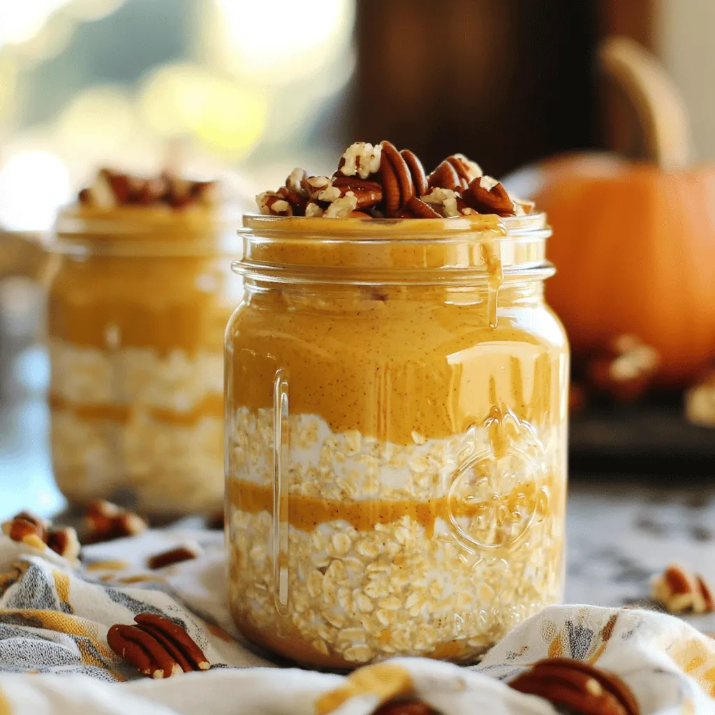 Here is what you need for this tasty dish: - 1 cup rolled oats - 1 cup almond milk (or any preferred milk) - ½ cup canned pumpkin puree - 2 tablespoons maple syrup - 1 teaspoon pumpkin pie spice - ½ teaspoon vanilla extract - ¼ cup Greek yogurt (optional, for creaminess) - ¼ cup chopped pecans or walnuts (for topping) - A pinch of salt Each serving of Mason Jar Pumpkin Overnight Oats gives you a good mix of nutrients. It contains around 350 calories. You get about: - 10 grams of protein - 50 grams of carbs - 12 grams of healthy fats These oats also provide fiber to keep you full. Plus, they pack vitamins A and C from the pumpkin. Using fresh, high-quality ingredients makes your oats taste better. Here are some tips: - Choose organic rolled oats for better flavor and texture. - Use unsweetened almond milk to keep it healthy. - Look for pure maple syrup, not the fake stuff. - Get high-quality pumpkin puree; it should have no added sugar. - Pick fresh spices for the best taste. Using these ingredients boosts the health and taste of your overnight oats. You can enjoy a nutritious and delicious breakfast that is also easy to make! To start, gather your ingredients. You will need: - 1 cup rolled oats - 1 cup almond milk (or any preferred milk) - ½ cup canned pumpkin puree - 2 tablespoons maple syrup - 1 teaspoon pumpkin pie spice - ½ teaspoon vanilla extract - ¼ cup Greek yogurt (optional, for creaminess) - ¼ cup chopped pecans or walnuts (for topping) - A pinch of salt First, take a large mixing bowl. Whisk together the almond milk, pumpkin puree, maple syrup, pumpkin pie spice, vanilla extract, and salt until it is smooth. The mixture should look creamy and bright orange. Next, stir in the rolled oats. Make sure every oat is coated with the pumpkin mixture. If you want a creamier texture, fold in the Greek yogurt. This step adds richness and flavor. Now, divide the oat mix into two mason jars. You can also use any airtight container. Seal the jars with their lids. Place them in the fridge overnight or for at least four hours. This chilling time allows the oats to soak up the liquid and flavors. To get the best texture, use rolled oats. They soak up the liquid well and stay chewy. If you want softer oats, you can leave them in the fridge longer. If your oats seem too thick in the morning, add a splash of almond milk. This adjustment makes them creamier and easier to eat. Keep in mind that the oats will thicken as they chill, so avoid adding too much at first. When you take the jars out of the fridge, give the oats a good stir. This helps mix the flavors again. Top your oats with chopped pecans or walnuts. They add a nice crunch and extra flavor. You can also sprinkle some more pumpkin pie spice on top for added warmth. Enjoy your healthy meal straight from the jar or transfer it to a bowl. When making Mason Jar Pumpkin Overnight Oats, some mistakes can ruin the dish. Here are a few key points to keep in mind: - Skipping the whisking step: Always whisk your milk, pumpkin, and spices well. This helps blend the flavors. - Not using enough liquid: Oats absorb liquid. If you skimp on milk, your oats may be dry. - Ignoring chilling time: Let the oats chill overnight. This allows them to soften and taste better. You can make these pumpkin oats your own! Here are some fun ideas: - Add sweeteners: Swap maple syrup for honey or agave. - Change the spices: Use cinnamon or nutmeg for a different flavor. - Mix in fruits: Toss in sliced bananas or berries for extra nutrition. These overnight oats are not just tasty; they are also good for you. Here’s why: - Rolled oats: They are high in fiber. This helps you feel full longer and aids digestion. - Pumpkin puree: Packed with vitamins A and C, which support your immune system. - Greek yogurt: Adds protein and probiotics, good for gut health. - Nuts: Chopped pecans or walnuts provide healthy fats and crunch. With these tips, your Mason Jar Pumpkin Overnight Oats will be a hit! {{image_2}} You can swap almond milk for any milk you like. Here are a few ideas: - Oat milk gives a mild flavor. - Soy milk adds protein and creaminess. - Coconut milk brings a rich, tropical taste. - Cashew milk is smooth and creamy. Each type adds its own twist to your oats. Experiment to find your favorite! You can change the flavors easily. Here are some fun ideas: - Chocolate: Add 2 tablespoons of cocoa powder for a rich taste. - Banana: Mix in mashed banana for natural sweetness. - Apple pie: Use diced apples and cinnamon instead of pumpkin. - Nut butter: Stir in a spoonful of almond or peanut butter for richness. These variations keep breakfast exciting and delicious! Toppings make your oats even better. Try these crunchy and tasty options: - Chopped nuts: Pecans or walnuts add crunch. - Seeds: Chia or pumpkin seeds give extra nutrients. - Dried fruit: Raisins or cranberries add sweetness. - Fresh fruit: Sliced bananas or berries brighten your dish. Toppings let you customize each jar. Enjoy creating your perfect breakfast! Store your Mason jar pumpkin overnight oats in the fridge. Use airtight jars for the best results. This keeps the oats fresh and tasty. Always make sure the lids are sealed tightly. If you use toppings, add them just before eating. This keeps them crunchy. Your oats can last for up to five days in the fridge. They stay safe to eat if stored properly. As the days go by, the oats will soften. This can change the texture but not the flavor. If you see mold or off smells, throw them away. Yes, you can freeze your Mason jar overnight oats. Just leave some space at the top of the jar. The oats will expand when frozen. They can last for about three months in the freezer. To eat, thaw them in the fridge overnight before enjoying. You should make Mason Jar Pumpkin Overnight Oats the night before. This allows time for the oats to soak and soften. If you want, you can prepare them in the morning, but they need at least four hours in the fridge. The longer they sit, the better the taste. Yes, you can easily make this recipe vegan. Just choose almond milk or any plant-based milk. Skip the Greek yogurt or use a vegan yogurt instead. The rest of the ingredients are already vegan-friendly, so feel free to enjoy without worry. To make the oats thicker, use less liquid. You can reduce the almond milk by a quarter cup. If you want thinner oats, add more almond milk until you reach the desired consistency. Mixing in some yogurt can also add creaminess, making the oats thicker. Mason Jar Pumpkin Overnight Oats are easy to make and tasty. We covered key ingredients, step-by-step instructions, and tips to avoid mistakes. You learned how to customize your oats with different flavors and toppings. Remember to store your oats properly to keep them fresh. This recipe is a great way to enjoy a healthy breakfast all week. I hope you try this fun recipe and enjoy every bite!