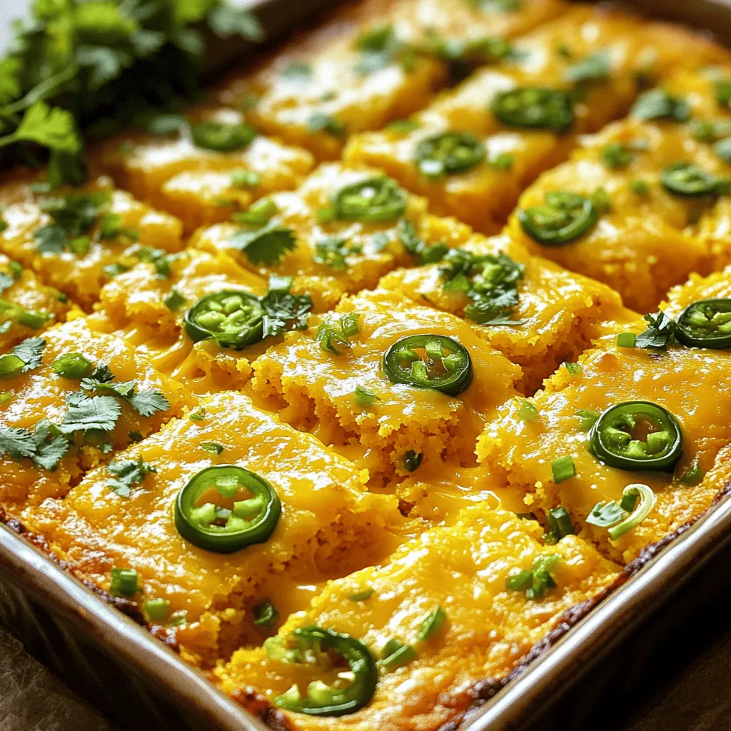 When making Cheesy Jalapeño Cornbread Casserole, you need a few key ingredients. Here’s what you will need: - 1 cup cornmeal - 1 cup milk - 1/2 cup sour cream - 2 large eggs - 1 tablespoon baking powder - 1 teaspoon salt - 1 cup shredded sharp cheddar cheese - 1 cup canned corn, drained - 1-2 fresh jalapeños, diced (seeds removed for less heat) - 1/2 cup green onions, chopped - 1/2 teaspoon black pepper - 1/2 teaspoon garlic powder - 1/2 cup chopped fresh cilantro (optional for garnish) Each ingredient adds flavor and texture to the dish. Cornmeal serves as the base, giving it that classic cornbread taste. The milk and sour cream keep it moist and creamy. Eggs help bind everything together. Baking powder makes it rise. Salt, black pepper, and garlic powder enhance the overall flavor. The sharp cheddar cheese brings a rich, cheesy goodness. Canned corn adds sweetness, while jalapeños give it a spicy kick. Green onions add freshness and color. Finally, cilantro can brighten the dish if you choose to use it. Gather these items, and you're ready to create a savory delight! Start by preheating your oven to 375°F (190°C). Grease a 9x9 inch baking dish. This helps the casserole not stick. In a large bowl, mix together the cornmeal, baking powder, salt, black pepper, and garlic powder. Use a whisk to blend these ingredients well. This step is key for a light and fluffy texture. In a separate bowl, whisk together the milk, sour cream, and eggs. Once mixed, pour this into the dry mixture. Stir gently until just combined. Avoid overmixing to keep it tender. Now, fold in the shredded sharp cheddar cheese, canned corn, diced jalapeños, and chopped green onions. Make sure everything is well-distributed. This adds great flavor and texture to your casserole. Pour the batter into your greased baking dish. Smooth the top with a spatula. Bake for 25-30 minutes. It’s done when the top is golden and a toothpick comes out clean. Let the casserole cool for about 5 minutes before slicing. This helps it hold its shape. If you like, garnish with fresh cilantro before serving. Enjoy this savory delight hot! To get the best texture for your Cheesy Jalapeño Cornbread Casserole, keep a few tips in mind. Use a mix of cornmeal and flour for a lighter texture. If you want it fluffier, add an extra egg. Make sure to mix the wet and dry ingredients gently. Overmixing can make it tough. You want a nice, soft batter. The spice level is key to your dish. If you love heat, keep the seeds in the jalapeños. For a milder version, remove the seeds. You can also add a pinch of cayenne or chili powder. Start small, then taste as you go. This way, you can find the perfect balance for your taste. This casserole is great on its own, but you can add more to it. Serve it with a dollop of sour cream or avocado slices on top. Fresh cilantro adds a nice touch too. Pair it with a fresh salad or some grilled meats for a complete meal. Enjoy it warm for the best flavor! {{image_2}} You can easily make this casserole vegetarian. Skip the meat and keep the jalapeños and cheese. Use extra veggies like bell peppers or zucchini. These add flavor and crunch. You can also swap in veggie broth for the milk if you want. This keeps it rich and tasty while staying meat-free. For a gluten-free dish, switch out cornmeal. Use a gluten-free cornbread mix instead. This will keep the same texture and taste. Make sure to check the labels for any hidden gluten. You can also use almond or coconut flour for a unique twist. While sharp cheddar is classic, feel free to mix it up! Try pepper jack for a spicy kick. Or use mozzarella for a milder flavor. Feta or goat cheese can add a nice tang, too. Choose whatever cheese you love most! Store leftover Cheesy Jalapeño Cornbread Casserole in an airtight container. Place it in the fridge. It will stay fresh for about 3 to 5 days. Make sure it cools down before sealing it. This helps keep the moisture in check. You can freeze the casserole for later use. First, let it cool completely. Cut it into squares for easy serving. Wrap each piece in plastic wrap, then place them in a freezer-safe bag. It will keep well for up to 3 months. When you’re ready to eat, just take out what you need. To reheat the casserole, you have a few options. The oven is best for even heating. Preheat it to 350°F (175°C). Place the casserole in a baking dish and cover it with foil. Heat for about 15-20 minutes. You can also use the microwave. Heat in short bursts of 1 to 2 minutes until warm. Enjoy your delicious leftovers! Yes, you can make this casserole ahead of time. Prepare it up to the baking step. Cover it well and store it in the fridge. When ready, just bake it. This makes meal prep easy! If you want less heat, use bell peppers instead. For a different flavor, try diced green chiles. You can also skip the spice altogether if you prefer. Yes, you can! Use almond milk or any plant-based milk. Replace sour cream with coconut yogurt or a dairy-free option. This way, everyone can enjoy it! The casserole will stay fresh for about 3 to 4 days in the fridge. Make sure to store it in an airtight container. Reheat it well before serving again. This casserole goes great with chili or a fresh salad. You can serve it with grilled chicken or BBQ for a full meal. It's perfect for a potluck or family dinner! This blog post shared how to make a tasty Cheesy Jalapeño Cornbread Casserole. We covered the main ingredients and broke down each step. You learned tips for the best texture and spice levels. We also explored veggie and gluten-free options. Don't forget to check storage info and FAQs for extra help. Enjoy making this dish! It’s easy and fun to tweak for your taste. Happy cooking!
