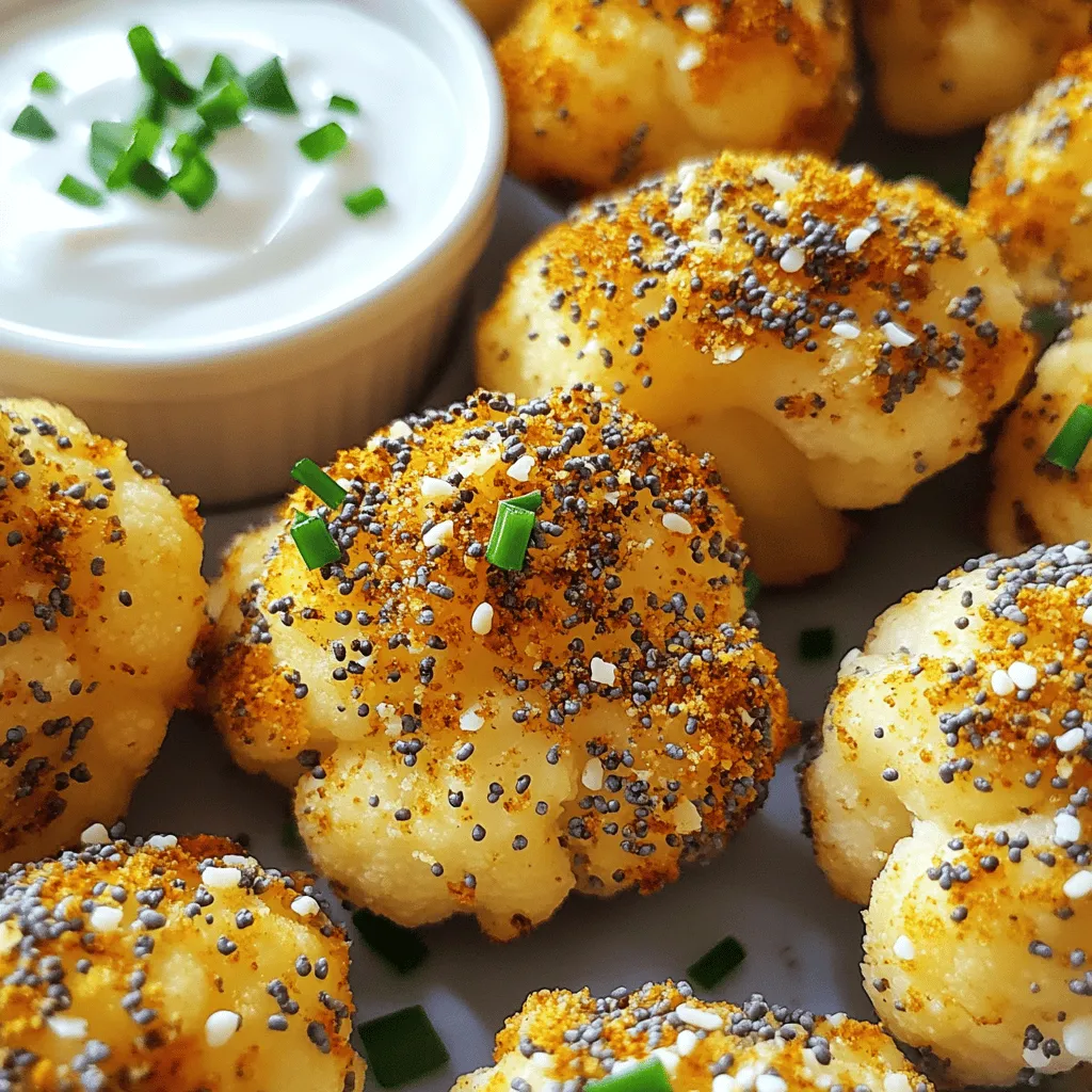 - Medium head of cauliflower - 2 tablespoons olive oil - 2 teaspoons everything bagel seasoning - ½ teaspoon garlic powder - ½ teaspoon onion powder - ¼ cup grated Parmesan cheese - ¼ cup plain Greek yogurt - Chopped chives for garnish - Use salt and pepper to taste. Start with ¼ teaspoon each. - Try adding smoked paprika or chili powder for a kick. Cooking with cauliflower is a joy. You can create tasty bites that are crisp and flavorful. Here’s what you need to make these Air Fryer Everything Bagel Cauliflower Bites. The main ingredient is a medium head of cauliflower. Cut it into small florets, so they cook evenly. You’ll also need olive oil to help the seasoning stick. Everything bagel seasoning gives your bites that famous flavor. Garlic powder and onion powder add depth to each bite. If you want to take it up a notch, you can add grated Parmesan cheese. It melts beautifully and makes the bites extra cheesy. For a great dip, use plain Greek yogurt. Mix it with some salt and chopped chives for a fresh touch. When seasoning, remember to adjust salt and pepper to your taste. If you like more spice, consider adding smoked paprika or chili powder. These simple tweaks can make your snack even better! With these ingredients and tips, you can make a snack that everyone loves. Enjoy the crispy, delicious bites! Start by rinsing the medium head of cauliflower under cold water. This step removes dirt and dust. Next, cut the cauliflower into bite-sized florets. Each floret should be about one to two inches wide. After cutting, it is important to dry the florets. This helps them get crispy when cooked. Use a paper towel to pat them dry. Removing excess moisture is key to the best texture. In a large bowl, toss the dry cauliflower florets with olive oil. Add two teaspoons of everything bagel seasoning, half a teaspoon of garlic powder, and half a teaspoon of onion powder. Season with salt and pepper to taste. Mix well so every floret is coated evenly. This step is vital for flavor. You want each bite to be as tasty as the last. Before cooking, preheat your air fryer to 400°F (200°C) for about five minutes. Preheating ensures that the cauliflower cooks evenly and gets crispy. Once preheated, arrange the seasoned cauliflower bites in a single layer in the air fryer basket. Avoid overcrowding the basket. This helps the air circulate and cooks the florets evenly. You may need to cook in batches if your air fryer is small. Air fry the cauliflower at 400°F (200°C) for 15 to 18 minutes. Shake the basket halfway through to promote even cooking. This action helps all sides get golden brown. If you want a cheesy top, sprinkle grated Parmesan cheese over the florets during the last two minutes of cooking. This extra step adds a delicious, melty flavor. Be sure to watch closely so it doesn’t burn. To get that nice crunch, cook the cauliflower in a single layer. This helps hot air flow around each piece, making them crispy. If you pile them up, some bites will steam instead of fry. Preheat your air fryer to 400°F (200°C) for about five minutes. This step is key for a great texture. You can boost the taste with extra seasonings. Consider adding smoked paprika or cayenne for a kick. You can also try nutritional yeast for a cheesy flavor without dairy. For dipping, mix Greek yogurt with herbs or hot sauce. These add a great twist to your bites. Be careful not to overcrowd the basket. If you do, the cauliflower won't cook evenly. Another mistake is not drying the florets well. Wet cauliflower leads to soggy bites. Always pat them dry with a paper towel before seasoning. Following these tips will ensure your cauliflower bites turn out perfectly crispy and full of flavor. {{image_2}} To switch up the flavor, try spicy everything bagel seasoning. It adds heat and zest. You can find this blend in stores or make your own. Just mix traditional everything bagel spices with a pinch of cayenne or chili powder. If you want a vegan option, skip the cheese. Use nutritional yeast instead for a cheesy flavor without dairy. If you need a substitute for Parmesan cheese, consider using vegan cheese or nutritional yeast. Both offer a nice flavor that works well. For Greek yogurt, you can use plant-based yogurt. This keeps the dip creamy and tasty for everyone. Just make sure it’s plain to keep the flavor balanced. Want to boost nutrition? Add other veggies like bell peppers or broccoli to the mix. You can even toss in some cooked chicken or tofu for extra protein. For dipping sauce, think outside the box! Try ranch dressing, hummus, or a spicy sriracha mayo. Each dip adds a new twist to your bites. To keep your cauliflower bites fresh, store them in the fridge. Place them in an airtight container. This helps maintain their crispiness. You can keep them for about 3 days. If you want to avoid sogginess, let them cool down before sealing. The best way to reheat cauliflower bites is in the air fryer. Set it to 350°F (175°C) and heat for about 5 minutes. This method helps regain their crispiness. If you use a microwave, start with 30 seconds. Then check and heat in 15-second intervals until warm. This may not keep them crunchy. To freeze your cauliflower bites, let them cool completely first. Spread them in a single layer on a baking sheet. Freeze for about 1-2 hours until firm. Then, transfer them to a freezer-safe bag. They can last for up to 3 months. When ready to eat, thaw them overnight in the fridge. Reheat using the air fryer for the best results. To keep your cauliflower bites crispy, start by reducing moisture. Here are some key tips: - Dry the florets: After rinsing, pat the cauliflower dry with paper towels. This step is crucial. - Use oil wisely: Toss the florets with olive oil, but don’t overdo it. Two tablespoons are enough. - Avoid overcrowding: Place the florets in a single layer in the air fryer. Overcrowding leads to steaming, not crisping. - Air fry properly: Cook at 400°F for 15-18 minutes. Shake the basket halfway for even cooking. Reducing moisture and maintaining space in the air fryer gives you that perfect crunch. Yes, you can bake these bites in the oven. Here’s how to do it: 1. Preheat your oven to 425°F (220°C). 2. Follow the same steps to prepare and season the cauliflower. 3. Arrange the florets on a baking sheet lined with parchment paper. 4. Bake for 25-30 minutes, turning them halfway through. 5. Watch them closely to avoid burning. Oven-baked bites may take longer, but they will still be delicious. These cauliflower bites pair well with many dips and sides. Here are some tasty options: - Greek yogurt dip: Mix plain Greek yogurt with salt and chopped chives for a creamy dip. - Hummus: A classic choice that adds a nice flavor contrast. - Guacamole: The creaminess of avocado complements the crunch perfectly. - Fresh veggies: Serve with carrot sticks or cucumber slices for extra crunch. Try different dips to find your favorite combination! These Everything Bagel Cauliflower Bites are easy to make and full of flavor. We covered the key ingredients, seasoning tips, and step-by-step cooking instructions. You learned about variations and how to store leftovers too. With this guide, you can master making crispy and tasty cauliflower bites. Enjoy trying new twists on the recipe, and share them with friends. Cooking can be fun and creative!