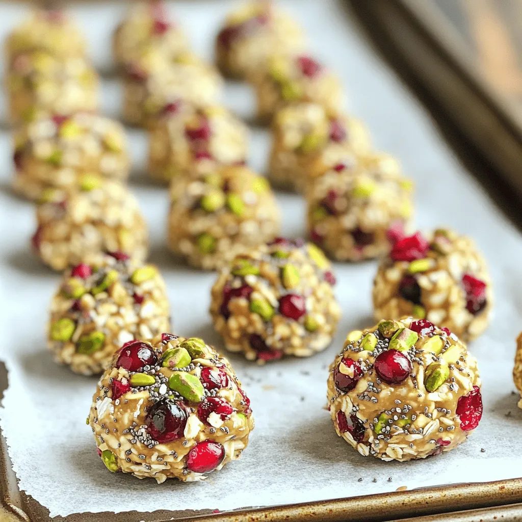 To make these tasty no-bake cranberry pistachio energy bites, you will need: - 1 cup rolled oats - 1/2 cup almond butter - 1/2 cup honey or maple syrup - 1/2 cup dried cranberries, chopped - 1/2 cup shelled pistachios, chopped - 1/4 cup chia seeds - 1 teaspoon vanilla extract - Pinch of salt You can swap some ingredients if needed. Here are a few ideas: - Nut Butter: Use peanut butter or sunflower seed butter. - Sweetener: Agave syrup works well in place of honey or maple syrup. - Cranberries: Try raisins or chopped dates for a different taste. - Pistachios: Walnuts or almonds also work great. - Chia Seeds: Flaxseeds can be a good alternative. These energy bites are not just tasty; they are also healthy. Here’s a quick look at their nutrition: - Calories: About 120 per bite - Protein: Approximately 4 grams per bite - Fat: Around 6 grams per bite - Carbohydrates: Roughly 15 grams per bite - Fiber: About 2 grams per bite These bites are a great source of energy and nutrition. They can fit into many diets, making them a perfect snack choice. Making No-Bake Cranberry Pistachio Energy Bites is easy. You need about 15 minutes for prep time. Gather your ingredients first. This will help you stay organized and focused. 1. Mix the Base: In a large bowl, add 1 cup of rolled oats, 1/2 cup of almond butter, 1/2 cup of honey or maple syrup, and 1 teaspoon of vanilla extract. Stir well until it's sticky and combined. 2. Add Crunch and Flavor: Next, mix in 1/2 cup of chopped dried cranberries, 1/2 cup of chopped pistachios, and 1/4 cup of chia seeds. Add a pinch of salt for balance. Stir until all the ingredients are evenly mixed. 3. Shape the Bites: Use your hands to scoop out small amounts of the mixture. Roll each piece into a ball about 1 inch in size. 4. Chill Them Out: Place the rolled bites on a baking sheet lined with parchment paper. Once finished, put them in the fridge for at least 30 minutes to set. 5. Store for Later: After they are firm, transfer your energy bites to an airtight container. Keep them in the fridge for up to one week. If your mixture is too dry, add a little more almond butter or honey. This will help it stick better. If it's too wet, add more rolled oats to absorb extra moisture. Keep your bites small for easy snacking. If they fall apart, check that you mixed all ingredients well. Mixing your ingredients well is key. Start with the sticky base first. Use a large bowl to give your hands room to work. Combine rolled oats, almond butter, honey, and vanilla extract. Stir until fully mixed. It should feel thick and sticky. This texture helps the bites hold together. Rolling energy bites can be fun. Use your hands to scoop the mixture. Aim for about 1 inch in size. If the mixture sticks to your hands, dampen them with water. This helps prevent sticking. Roll gently to form smooth balls. Place them on parchment paper to keep them from sticking. These energy bites are great for snacks. You can enjoy them after workouts or as a quick breakfast. They pair well with yogurt or fruit for a fuller meal. Try serving them at parties for a healthy treat. Kids love them too! {{image_2}} You can switch up the flavors of these energy bites easily. Try adding chocolate chips for a sweet twist. Use dark chocolate for a rich flavor. Coconut flakes also work well. They add a tropical touch and some chewiness. You could even mix in some orange zest for a bright flavor. Each change makes the bites unique and fun. These bites can fit many diets. To make them vegan, replace honey with maple syrup. This keeps the sweetness but makes it plant-based. If you need nut-free bites, use sunflower seed butter. This option keeps the texture similar without nuts. You can also skip the pistachios and add seeds like pumpkin seeds for crunch. To change the texture, try using different oats. Quick oats can make a softer bite. If you prefer crunch, use steel-cut oats. You can also add puffed rice for a light crunch. For a chewier bite, mix in dried fruits like apricots or figs. Each swap gives a new taste and feel, keeping it interesting. To keep your No-Bake Cranberry Pistachio Energy Bites fresh, store them in an airtight container. A glass jar or plastic container works well. Place a piece of parchment paper between layers if you stack them. This step helps prevent them from sticking together. Keep the container in the fridge to maintain their firm texture. You can freeze these energy bites for longer storage. First, roll the bites and place them on a baking sheet. Freeze them for about an hour until firm. Then, transfer the frozen bites to a freezer-safe bag. Remove as much air as possible before sealing the bag. They can last up to three months in the freezer, ready to enjoy anytime. These energy bites stay fresh in the fridge for about one week. To check for freshness, look for any off smells or changes in texture. If they seem dry, a little honey or nut butter can help. For the best taste and texture, eat them within a week of making them. Yes, you can! Almond butter gives a nice flavor, but you can swap it. Try peanut butter for a stronger taste. Cashew butter works well too. Each will change the bite's flavor, so feel free to experiment. Just keep the same amount, half a cup. To make these energy bites vegan, use maple syrup instead of honey. Maple syrup adds sweetness without animal products. Also, check your nut butter. Most are vegan, but some may have added ingredients. Follow the rest of the recipe as is, and you’re good to go! You can add protein powder to the mix for extra protein. Just one to two tablespoons will do. You can also use hemp seeds or additional chia seeds. These options pack in protein without changing the taste much. Enjoy these energy bites while fueling your day! This blog post covered essential ingredients for your bites and how to prepare them. You learned about substitutions and the nutritional value, plus step-by-step instructions to guide you. I shared tips for mixing, rolling, and serving. We explored fun flavor variations, dietary adjustments, and proper storage methods to keep your bites fresh. These insights help you make delicious bites tailored to your needs. Enjoy the process and get creative in the kitchen!