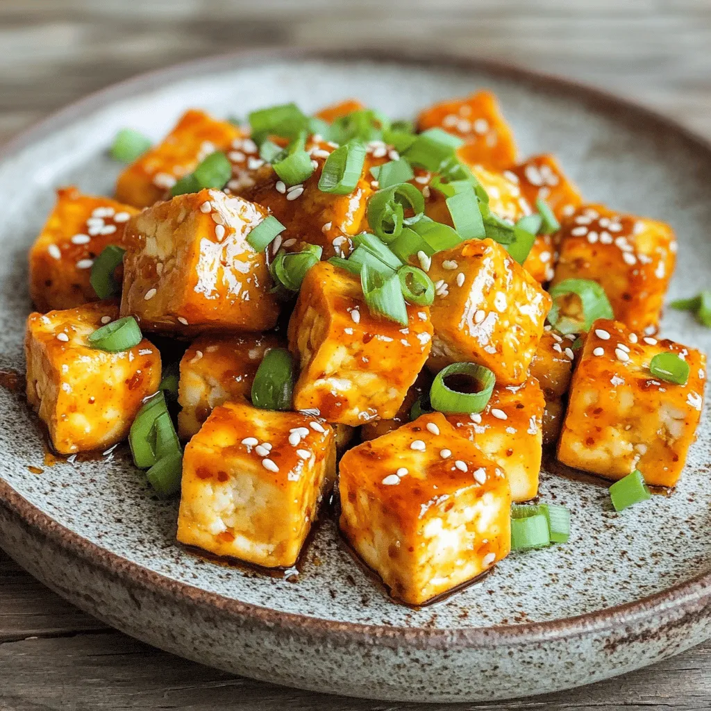 - 1 block (14 oz) firm tofu, drained and pressed - 2 tablespoons sweet chili sauce - 2 cloves garlic, minced To make this dish, we start with firm tofu. It holds its shape well and gives a nice bite. Sweet chili sauce adds a sweet and spicy kick that works great with garlic. Garlic gives flavor and aroma that pairs well with the other ingredients. - 1 tablespoon soy sauce - 1 teaspoon sesame oil - 1 teaspoon rice vinegar Next, we add soy sauce for depth. It brings a savory element that balances the sweetness. Sesame oil adds a nutty taste, while rice vinegar gives a hint of tang. These ingredients enhance the overall flavor of the dish. - Chopped green onions - Sesame seeds For garnishes, I love using green onions and sesame seeds. They add color and a fresh crunch. Feel free to skip them, but they really make the dish pop! 1. First, I preheat the air fryer to 400°F (200°C). This takes about 5 minutes. 2. I cut the pressed tofu into bite-sized cubes. Aim for even pieces for best cooking. 1. In a separate bowl, I mix together the sweet chili sauce, minced garlic, soy sauce, sesame oil, rice vinegar, and a pinch of salt and pepper. I stir until everything is well combined. 2. I pour this sauce over the tofu cubes. Then, I gently toss them to coat them evenly. 1. I arrange the tofu cubes in a single layer in the air fryer basket. I make sure there is space between each piece for even cooking. 2. I air fry the tofu at 400°F (200°C) for 15-20 minutes. Halfway through, I shake the basket to ensure crispiness on all sides. The tofu will turn golden and crunchy, making it a perfect treat! For crispy tofu, cornstarch is key. It forms a light crust that crunches up nicely. To get this right, coat each piece of tofu well. Make sure you toss it gently with cornstarch after marinating. This step makes all the difference. Avoid overcrowding your air fryer basket. If you pack too many pieces in, they won't cook evenly. Each cube needs space to let hot air circulate. If needed, cook in batches. You want each piece to be golden and crispy. You can boost the flavor by adding spices. Consider a pinch of cayenne for heat or smoked paprika for depth. These little tweaks can elevate your dish. Feel free to personalize the sauce too. If you like it sweeter, add more sweet chili sauce. For a tangy twist, increase the rice vinegar. Adjust to your taste! Cooking is all about making it yours. Pair your tofu with sides like jasmine rice or steamed veggies. The rice soaks up all those tasty sauces, making each bite even better. Store leftovers in an airtight container. Keep them in the fridge for up to three days. When reheating, use the air fryer again. This keeps the tofu crispy. Enjoying your meals again is always a treat! {{image_2}} Tofu alternatives If you want to switch up the tofu, try tempeh. It has a nutty flavor and great texture. You can also use seitan for a chewy bite. Both options work well with the sweet chili sauce. Sauce variations Feel free to mix the sweet chili sauce with other flavors. You could use peanut sauce for a nutty twist. For heat, add sriracha or a touch of hot sauce. These changes can make the dish new and exciting. Salad incorporation Transform this dish into a salad. Add fresh greens like spinach or arugula. Toss in cherry tomatoes and cucumber for crunch. The crispy tofu adds protein and flavor to your salad. Wraps and bowls Create wraps using tortillas or lettuce leaves. Fill them with crispy tofu and your favorite veggies. You can also make a bowl with rice or quinoa, then top it with tofu and sauce. This makes a filling meal. Ensuring all ingredients are plant-based All ingredients in this recipe are vegan. Check your sweet chili sauce for any non-vegan additives. This way, you can enjoy the dish without worry. Additional vegan sauces To enhance the flavor, try adding vegan sauces. A drizzle of tahini or a splash of coconut aminos can work wonders. These options keep the dish plant-based while adding new tastes. To keep your leftover tofu fresh, use an airtight container. This helps lock in moisture and flavor. Place the tofu in the fridge right away. It will stay good for up to four days. Remember to separate any extra sauce to prevent sogginess. When you want to reheat your tofu, the best method is to use the air fryer again. Set it to 350°F (175°C) for about five to seven minutes. This keeps the tofu crispy. You can also use a skillet. Heat it on medium-low and stir gently until warm, but this may soften the tofu a bit. You can freeze tofu before cooking for a unique texture. Freezing makes it firmer and chewier. If you freeze it after cooking, the tofu can lose some crispiness. To thaw, place it in the fridge overnight or use the microwave. Always drain excess water before reheating. To press tofu, use a few simple techniques. First, wrap the tofu block in a clean kitchen towel. Place a cutting board on top of it. Then, add some weight, like canned goods, to help remove excess water. You can also use a tofu press. This tool clamps down on the tofu, squeezing out the water. It’s easy and works well. Press the tofu for at least 15-30 minutes. The drier your tofu, the better it absorbs flavors. This helps create a crispier texture when you cook it. Sweet chili garlic tofu pairs well with several side dishes. Try serving it with steamed rice or quinoa for a filling meal. You can also add stir-fried vegetables for more flavor and texture. For a refreshing touch, consider a simple salad with cucumbers and carrots. This adds crunch and balances the sweetness of the tofu. Don’t forget about sauces! A drizzle of extra sweet chili sauce or a tangy soy sauce can enhance the dish. These sauces work great as dips too. Yes, you can easily make this recipe gluten-free. Use gluten-free soy sauce or tamari instead of regular soy sauce. Both options provide similar flavor without gluten. Make sure to check the labels on your sweet chili sauce and rice vinegar as well. Some brands may add gluten-containing ingredients. You can find gluten-free versions at most grocery stores. Adjusting other ingredients is simple. Just ensure any additional sauces or seasonings you use are gluten-free to keep the dish safe for everyone. In this post, you learned how to make delicious sweet chili garlic tofu. We discussed key ingredients like firm tofu, sweet chili sauce, and garlic. You discovered step-by-step instructions for preparation and air frying. Tips for texture and flavor elevated your dish. We also explored variations, storage options, and FAQs for your convenience. With these insights, you have all you need to create a tasty, satisfying meal. Enjoy customizing the recipe to your taste!