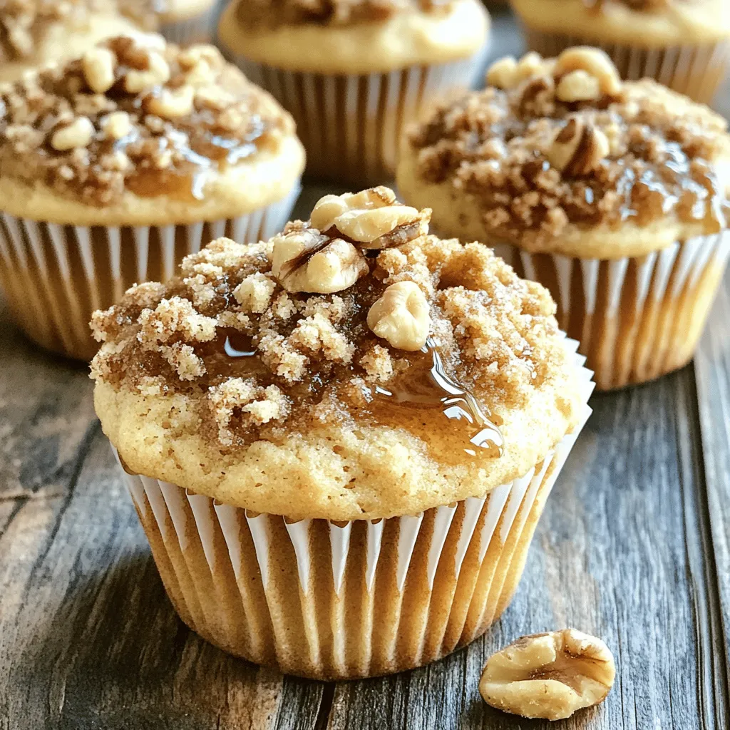 - 1 ½ cups all-purpose flour - ½ cup whole wheat flour - 1 cup brown sugar, packed - 1 tablespoon baking powder - ½ teaspoon baking soda - ½ teaspoon salt - 1 teaspoon ground cinnamon - 2 large eggs - ¾ cup maple syrup - ½ cup buttermilk (or milk) - ⅓ cup unsalted butter, melted - 1 teaspoon vanilla extract - 1 cup walnuts, chopped For the Streusel Topping: - ½ cup all-purpose flour - ½ cup brown sugar, packed - ¼ teaspoon ground cinnamon - ¼ cup unsalted butter, cold and cubed - ½ cup walnuts, chopped (optional) If you need to convert measurements, here are some helpful tips: - 1 cup = 16 tablespoons - ½ cup = 8 tablespoons - 1 tablespoon = 3 teaspoons - 1 teaspoon = 5 milliliters You can use these conversions to adjust your recipe as needed. Feel free to mix things up! Here are some ideas: - Add chocolate chips for extra sweetness. - Use pecans instead of walnuts for a different flavor. - Swap the buttermilk for almond milk for a dairy-free option. - Include dried fruit like cranberries or raisins for added texture. These options let you create a muffin that fits your taste. Enjoy experimenting! Start by preheating your oven to 350°F (175°C). Line a muffin tin with paper liners or grease it lightly. In a large bowl, mix 1 ½ cups all-purpose flour, ½ cup whole wheat flour, 1 cup brown sugar, 1 tablespoon baking powder, ½ teaspoon baking soda, ½ teaspoon salt, and 1 teaspoon ground cinnamon. Whisk everything together until it's well combined. In another bowl, beat 2 large eggs. Then add ¾ cup maple syrup, ½ cup buttermilk, ⅓ cup melted unsalted butter, and 1 teaspoon vanilla extract. Mix these until smooth. Pour the wet mix into the dry mix, and gently stir until just combined. Don’t worry about lumps; they’re okay. Finally, fold in 1 cup of chopped walnuts. For the streusel topping, take a bowl and combine ½ cup all-purpose flour, ½ cup brown sugar, and ¼ teaspoon ground cinnamon. Now, add ¼ cup of cold, cubed unsalted butter. Use your fingers or a pastry cutter to mix until it looks like coarse crumbs. If you want, stir in ½ cup of chopped walnuts for extra crunch. Fill each muffin cup about ¾ full with the batter. Generously sprinkle the streusel topping on each muffin. Bake them in your preheated oven for 18-20 minutes. Check if they’re done by inserting a toothpick in the center; it should come out clean. After baking, let the muffins cool in the pan for 5 minutes. Then, transfer them to a wire rack to cool completely. Enjoy the warm, sweet aroma while waiting! To make bakery-style muffins, use the right ingredients. I suggest using both all-purpose and whole wheat flour. This blend adds texture. Use fresh baking powder for a good rise. Mix wet and dry ingredients separately for the best results. Combine them gently to keep muffins light. Overmixing makes them dense. Fill the muffin cups ¾ full for that perfect dome shape. One common mistake is using too much flour. Always measure flour correctly. Another mistake is overmixing the batter. This can lead to dense muffins. Also, don’t skip the streusel topping. It adds flavor and crunch. Make sure your butter is melted but not hot. Hot butter can cook the eggs, affecting the texture. Lastly, always check your oven’s temperature. An oven that is too hot can dry out your muffins. These muffins taste great warm or at room temperature. For a special touch, drizzle some maple syrup on top. You can also add whole walnuts for crunch. Pair these muffins with coffee or tea for a cozy treat. They are perfect for breakfast or a snack. Store any leftovers in an airtight container. Enjoy them within a few days for the best taste! {{image_2}} You can easily make these muffins gluten-free. Use a gluten-free flour blend instead of all-purpose flour. Look for blends that have xanthan gum for better texture. For a dairy-free option, swap buttermilk with almond milk or coconut milk. Use melted coconut oil instead of butter. This keeps the muffins moist and tasty. Adding chocolate chips gives a rich twist to these muffins. Use semi-sweet or dark chocolate chips to balance the maple flavor. Dried fruits like cranberries or raisins add a sweet and chewy bite. Just fold in about half a cup of chips or fruits to the batter before baking. This makes each muffin even more fun and unique. If you want to change the nuts, pecans work great. They offer a lovely crunch and a slightly sweet flavor. Almonds can be a nice substitute too. Just chop them up and use them in place of walnuts. Both options give the muffins a different taste while keeping them delicious and crunchy. Store your Maple Walnut Streusel Muffins in an airtight container. This keeps them fresh and moist. You can line the container with a paper towel. This helps absorb any extra moisture. If you plan to eat them within a couple of days, leave them at room temperature. For longer storage, refrigerate them. When stored properly, these muffins last about 3 to 5 days at room temperature. If you store them in the fridge, they can last up to 1 week. Always check for any signs of spoilage before eating. If they look or smell off, it’s best to toss them. To freeze your muffins, first let them cool completely. Wrap each muffin in plastic wrap. Then place them in a freezer bag or container. Make sure to squeeze out as much air as possible. They can last up to 3 months in the freezer. When ready to eat, thaw them overnight in the fridge or pop them in the microwave for a quick warm-up. Yes, you can use other sweeteners. Try using coconut sugar or honey. Both can add unique flavors. Just remember, honey is liquid. You may need to adjust the liquid in your recipe. Muffins rise due to a few key factors. Baking powder and baking soda create gas bubbles. This helps the muffin rise. Also, the right mixing technique is vital. Overmixing can lead to dense muffins. Gently fold the wet and dry ingredients together for the best rise. To prevent sinking, avoid overmixing your batter. Overmixing can lead to a weak structure. Also, ensure your ingredients are fresh. Old baking powder or soda may not work well. Lastly, properly fill your muffin cups. Fill them about ¾ full to allow for rise. You learned about muffin making, from ingredients to storing them. You can customize recipes and avoid common mistakes. Remember to follow the steps closely for soft, fluffy muffins. Don’t hesitate to try different flavors and storage tips. Muffins are fun to make and share. With a little care, bakery-style muffins are within your reach. Enjoy your baking journey and share your tasty creations!